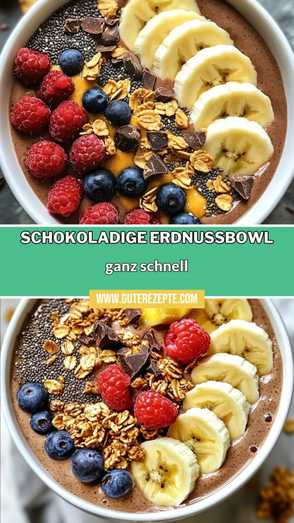 Entdecken Sie das Rezept für eine köstliche Schokoladen-Smoothie-Bowl, die perfekt für Ihr veganes Frühstück ist! Diese gesunde Smoothie-Bowl kombiniert gefrorene Bananen, cremige Erdnussbutter und ungesüßtes Kakaopulver. Ideal für alle, die fruchtige Bowl-Rezepte lieben. Genießen Sie diese nährstoffreiche Mahlzeit in nur 5 Minuten. Speichern Sie dieses Erdnussbutter-Rezept für Ihre nächste Frühstücks-Inspiration! #SmoothieBowl #VeganBreakfast #HealthyRecipes #PeanutButter