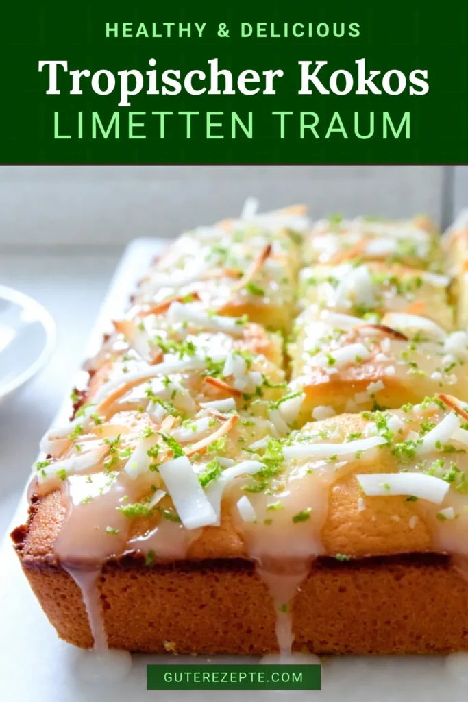 Entdecke das Rezept für einen köstlichen Kokos-Limetten-Blechkuchen! Dieser tropische Kuchen begeistert mit seiner einfachen Zubereitung und der süßen Limetten-Kokos-Glasur. Perfekt für Feiern oder den täglichen Genuss. Lass dich von diesem Rezept inspirieren und bringe Karibik-Feeling in deine Küche! Speichere dir dieses Rezept für den perfekten Kuchen und teile deine Kreationen! #KokosLimettenBlechkuchen #tropischerKuchen #einfacherBlechkuchen #LimettenKokosGlasur