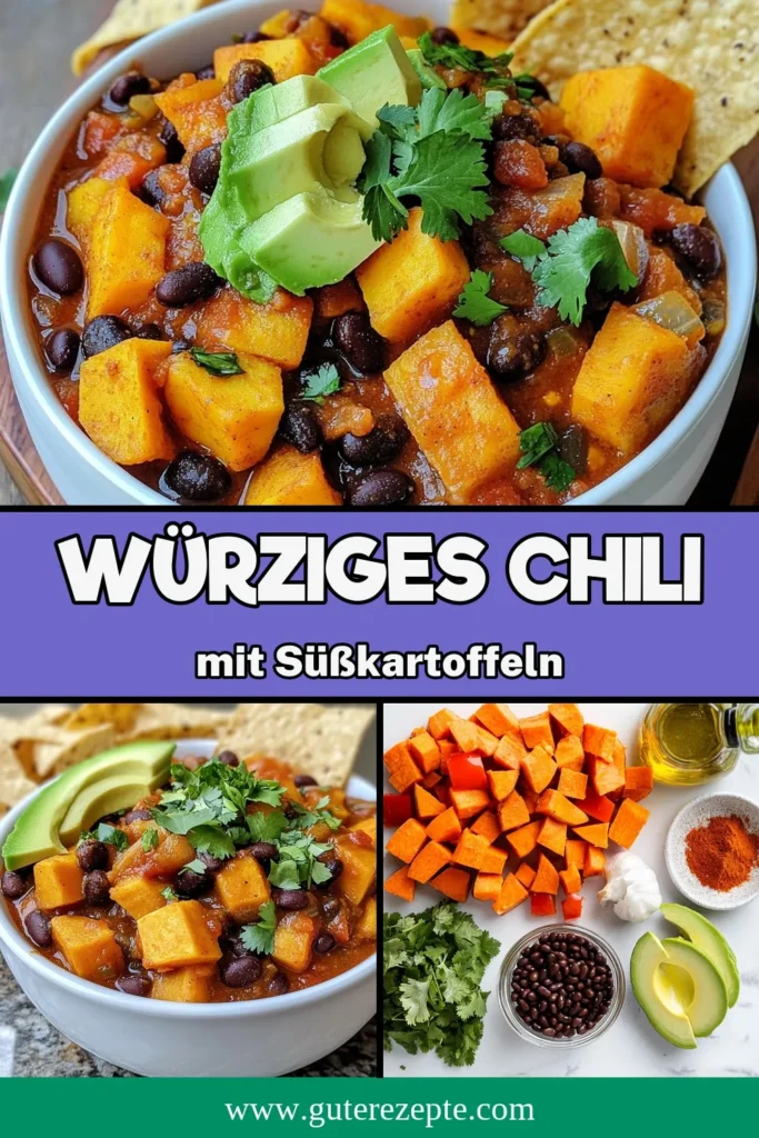 Entdecke unser köstliches Süßkartoffel Chili Rezept! Dieses vegane Chili mit schwarzen Bohnen ist perfekt für gesunde Chili Rezepte. Die Kombination aus würzigen Süßkartoffelgerichten und herzhaften Bohnen wird dich begeistern! Mit einer einfachen Chili Zubereitung zauberst du in nur 45 Minuten ein nahrhaftes Gericht. Probiere es aus und genieße jede Portion! #SüßkartoffelChili #veganesChili #gesundeRezepte #Süßkartoffelgerichte