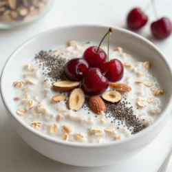 Für die Kirsche Mandel Glück Overnight Oats brauchst du einige Hauptzutaten: - 1 Tasse Haferflocken (zarte Sorten) - 1 ½ Tassen Mandeldrink (oder Milch nach Wahl) - 1 Tasse frische oder gefrorene Kirschen, entsteint und halbiert - 2 Esslöffel Mandelbutter - 1 Esslöffel Chiasamen - ½ Teelöffel Vanilleextrakt - ¼ Teelöffel Mandelaroma Die Haferflocken bilden die Basis. Sie liefern Ballaststoffe und machen satt. Der Mandeldrink sorgt für einen nussigen Geschmack und eine cremige Textur. Die Kirschen bringen Süße und Frische. Mandelbutter fügt gesunde Fette hinzu. Chiasamen sind voll mit Nährstoffen und helfen, die Mischung zu binden. Hier sind optionale Zutaten, die du hinzufügen kannst: - 1 Esslöffel Ahornsirup (nach Geschmack anpassen) - Geschnittene Mandeln zum Garnieren - Frische Kirschen zur Dekoration Ahornsirup kann die Süße erhöhen. Geschnittene Mandeln geben einen schönen Crunch. Frische Kirschen sind ein toller Hingucker. Wenn du keine Mandeldrink magst, gibt es viele Alternativen: - Hafermilch - Sojamilch - Kokosmilch Diese Milchsorten bieten verschiedene Geschmäcker. Du kannst die wählen, die dir am besten gefällt. Achte darauf, die ungesüßte Variante zu wählen, wenn du den Zuckergehalt niedrig halten möchtest. {{ingredient_image_2}} Beginne damit, eine Schüssel oder ein Einmachglas zu nehmen. Gib 1 Tasse zarte Haferflocken hinein. Füge 1 ½ Tassen Mandeldrink hinzu. Wenn du möchtest, kannst du auch normale Milch verwenden. Dann kommen 2 Esslöffel Mandelbutter dazu. Diese sorgt für eine reichhaltige Textur. Jetzt füge 1 Esslöffel Chiasamen hinzu. Diese Samen helfen, die Mischung zu binden. Ein Esslöffel Ahornsirup ist optional, um die Mischung zu süßen. Danach kommen ½ Teelöffel Vanilleextrakt und ¼ Teelöffel Mandelaroma hinein. Rühre alles gründlich um, bis alles gut vermischt ist. Jetzt ist es Zeit für die Kirschen. Nimm 1 Tasse frische oder gefrorene Kirschen. Stelle sicher, dass die Kirschen entsteint und halbiert sind. Füge sie vorsichtig zur Haferflocken-Mischung hinzu. Hebe sie langsam unter, damit sie gleichmäßig verteilt sind. Achte darauf, dass die Kirschen nicht zerdrückt werden. Decke die Schüssel oder das Glas ab. Stelle es dann für mindestens 4 Stunden oder über Nacht in den Kühlschrank. So quellen die Haferflocken auf und werden weich. Am nächsten Morgen rühre die Overnight Oats gut um. Wenn die Mischung zu dick ist, füge einen Schuss Milch hinzu. Verteile die Haferflocken in Schalen oder lasse sie im Glas. Garniere jede Portion mit geschnittenen Mandeln und frischen Kirschen. Jetzt kannst du dein leckeres Frühstück genießen! Um perfekte Overnight Oats zu machen, beginne mit zarten Haferflocken. Diese sind weich und saugfähig. Mische die Haferflocken mit Chiasamen für extra Nährstoffe und eine tolle Konsistenz. Benutze einen pflanzlichen Mandeldrink oder deine Lieblingsmilch. Diese Flüssigkeit hilft, die Haferflocken über Nacht aufzuweichen. Rühre alles gut um, damit die Mandelbutter gleichmäßig verteilt ist. Die Kirschen sollten vorsichtig untergehoben werden, damit sie nicht zerdrückt werden. Du kannst dein Rezept nach Belieben anpassen. Füge mehr frisches Obst hinzu, wie Bananen oder Äpfel. Probiere auch andere Nussbutter, wie Erdnussbutter oder Cashewbutter. Wenn du es süßer magst, erhöhe den Ahornsirup oder füge Honig hinzu. Ein Hauch von Zimt kann ebenfalls den Geschmack verbessern. Wenn du gerne Schokolade magst, kannst du Kakaopulver oder Schokoladenstückchen hinzufügen. Ein häufiger Fehler ist, zu wenig Flüssigkeit zu verwenden. Das kann die Haferflocken hart machen. Wenn die Mischung zu dick ist, füge einfach etwas mehr Milch hinzu, bis die gewünschte Konsistenz erreicht ist. Wenn du gefrorene Kirschen verwendest, lasse sie vorher auftauen. Das hilft, die Aromen besser zu vermischen. Achte darauf, die Overnight Oats immer gut abzudecken, damit sie frisch bleiben. Pro Tipps Haferflocken wählen: Verwenden Sie zarte Haferflocken für eine cremigere Konsistenz und kürzere Einweichzeit. Kirschen variieren: Experimentieren Sie mit verschiedenen Früchten wie Himbeeren oder Heidelbeeren, um neue Geschmäcker zu entdecken. Proteinzufuhr erhöhen: Fügen Sie griechischen Joghurt oder Proteinpulver hinzu, um die Nährstoffdichte zu steigern. Meal Prep: Bereiten Sie mehrere Portionen gleichzeitig vor und lagern Sie sie in Einmachgläsern für ein schnelles Frühstück. {{image_4}} Du kannst viele verschiedene Früchte und Nüsse verwenden. Probiere zum Beispiel Erdbeeren und Walnüsse. Oder nimm Himbeeren mit Haselnüssen. Diese Kombinationen bringen neue Geschmäcker in deine Overnight Oats. Du kannst auch Bananen und Pekannüsse mischen. Das gibt eine süße Note und viel Crunch. Sei kreativ und finde deine Lieblingskombination! Wenn du eine vegane Option suchst, ist das einfach. Ersetze die Milch durch pflanzliche Alternativen. Mandeldrink ist eine gute Wahl, aber auch Hafermilch oder Kokosmilch funktionieren gut. Achte darauf, dass die Mandelbutter vegan ist. Du kannst auch einen anderen Nussaufstrich nehmen. So bleibt dein Frühstück lecker und pflanzlich. Du kannst dein Gericht auch süßer oder herzhafter machen. Füge Honig oder Agavendicksaft hinzu, wenn du es süß magst. Für einen herzhaften Twist versuche, etwas Joghurt oder Quark hinzuzufügen. Auch Gewürze wie Zimt oder Muskatnuss bringen tolle Aromen. Experimentiere mit den Zutaten, um deine perfekte Mischung zu finden! Um deine Kirsche Mandel Glück Overnight Oats frisch zu halten, ist die Lagerung wichtig. Verwende ein luftdichtes Glas oder einen Behälter. Dadurch bleiben die Aromen und die Feuchtigkeit erhalten. Stelle sicher, dass der Behälter gut verschlossen ist. So verhinderst du, dass die Haferflocken austrocknen. Diese Overnight Oats bleiben im Kühlschrank bis zu fünf Tage frisch. Nach dieser Zeit können sie an Geschmack und Textur verlieren. Achte darauf, die Oats vor dem Essen gut umzurühren. Wenn sie zu dick sind, füge etwas Mandeldrink oder Wasser hinzu. Wenn du Reste hast, kannst du sie leicht wieder aufbereiten. Füge einfach etwas Flüssigkeit hinzu, um die Konsistenz zu verbessern. Rühre gut um, bis alles gleichmäßig ist. Du kannst auch frisches Obst oder Nüsse hinzufügen, um den Geschmack aufzufrischen. Übernacht-Haferflocken bleiben im Kühlschrank bis zu fünf Tage frisch. Das ist super für Meal Prep! Achte darauf, dass du sie in einem luftdichten Behälter aufbewahrst. So bleiben sie länger lecker und gesund. Wenn du sie länger aufbewahren möchtest, kann ich dir empfehlen, die Kirschen erst am Tag des Essens hinzuzufügen. Ja, du kannst gefrorene Kirschen für dein Rezept verwenden. Sie sind eine tolle Option, wenn frische Kirschen nicht verfügbar sind. Füge die gefrorenen Kirschen einfach direkt zur Mischung hinzu. Sie werden beim Einweichen weich und geben eine schöne Farbe. Das macht die Overnight Oats noch fruchtiger und leckerer! Um den Zuckergehalt zu senken, gibt es ein paar einfache Tricks. Du kannst den Ahornsirup ganz weglassen oder die Menge reduzieren. Probiere stattdessen natürliche Süßstoffe wie pürierte Bananen oder Apfelmus. Diese geben Geschmack und sind gesünder. Außerdem kannst du die Kirschen nach Geschmack anpassen. Frische Kirschen sind weniger süß als getrocknete. Zusammengefasst geht es bei Kirsche Mandel Glück Overnight Oats um einfache und schmackhafte Zutaten. Wir haben die Hauptzutaten, optionale Zusätze und verschiedene Milcharten besprochen. Die Schritt-für-Schritt-Anleitung zeigt dir, wie du diese leckeren Oats zubereitest und über Nacht lagerst. Es gibt viele Tipps und Tricks, die dir helfen, perfekte Oats zu machen. Alternativen und Variationen bieten dir noch mehr Möglichkeiten. Jetzt hast du alles, was du brauchst, um deine eigenen Overnight Oats zu genießen. Lass deiner Kreativität freien Lauf und entdecke neue Kombinationen!