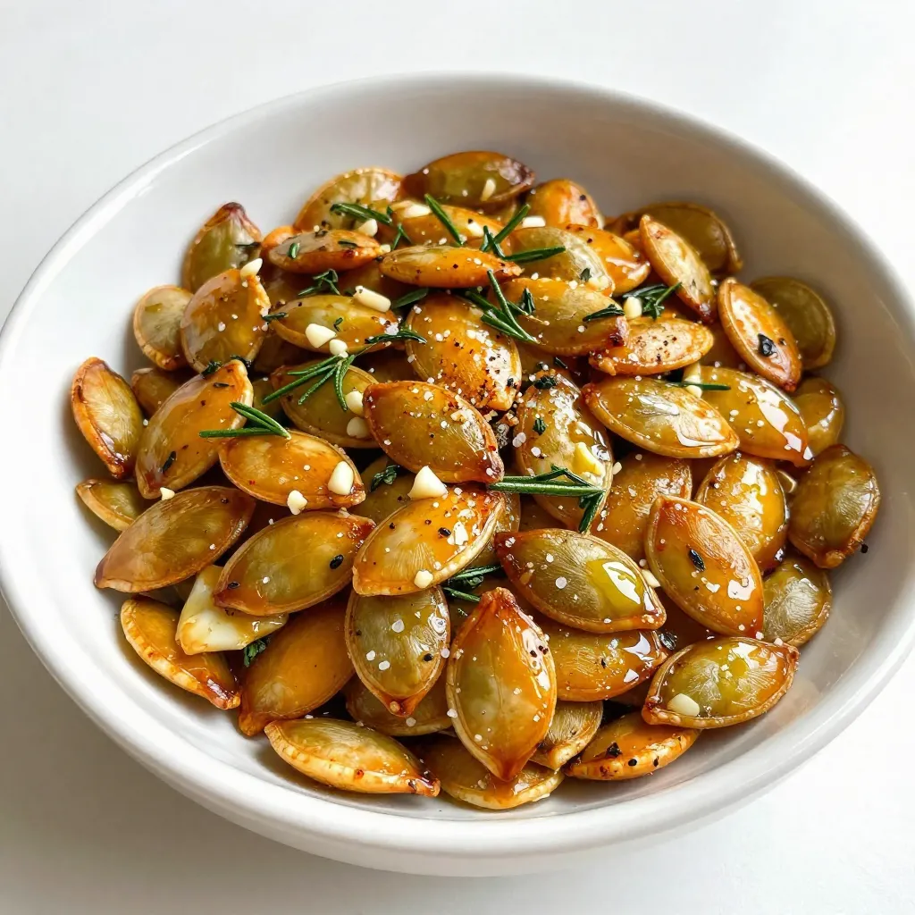 - 2 Tassen rohe Kürbiskerne (Pepitas) - 3 Esslöffel Olivenöl - 4 Knoblauchzehen, fein gehackt - 1 Teelöffel Meersalz - 1/2 Teelöffel geräuchertes Paprikapulver - 1/2 Teelöffel getrockneter Rosmarin - 1/2 Teelöffel getrockneter Thymian - Frisch gemahlener schwarzer Pfeffer nach Geschmack - Optional: 1 Esslöffel Nährhefe Um diese leckeren Knoblauch-Kräuter gerösteten Kürbiskerne zuzubereiten, benötigen wir einige einfache Zutaten. Die Kürbiskerne, auch Pepitas genannt, sind die Hauptzutat. Sie sind knackig und bieten eine tolle Basis. Olivenöl ist wichtig, um die Kerne gleichmäßig zu rösten. Es verleiht auch einen schönen Geschmack. Der gehackte Knoblauch bringt ein tolles Aroma. Für den perfekten Geschmack fügen wir verschiedene Gewürze hinzu. Meersalz hebt den Geschmack. Geräuchertes Paprikapulver gibt eine rauchige Note. Getrockneter Rosmarin und Thymian bringen frische Kräuternoten. Der frisch gemahlene schwarze Pfeffer sorgt für einen kleinen Kick. Wenn Sie Nährhefe hinzufügen, bekommen die Kerne einen käsigen Geschmack. Das ist besonders lecker! Diese Zutaten sind einfach zu finden und machen den Snack besonders. {{ingredient_image_2}} Heize deinen Ofen auf 175 °C (350 °F) vor. Das ist wichtig, um die perfekten Kürbiskerne zu rösten. In einer großen Schüssel vermenge die rohen Kürbiskerne mit 3 Esslöffeln Olivenöl. Das Öl hilft, die Gewürze besser haften zu lassen. Jetzt wird es spannend! Füge 4 fein gehackte Knoblauchzehen, 1 Teelöffel Meersalz, 1/2 Teelöffel geräuchertes Paprikapulver, 1/2 Teelöffel getrockneten Rosmarin und 1/2 Teelöffel getrockneten Thymian hinzu. Wenn du magst, kannst du auch frisch gemahlenen schwarzen Pfeffer nach Geschmack hinzufügen. Mische alles gut, sodass die Kerne gleichmäßig gewürzt sind. Verteile die gewürzten Kürbiskerne in einer einzigen Schicht auf ein Backblech. Röste sie dann im vorgeheizten Ofen für 15-20 Minuten. Wende die Kerne zur Hälfte der Zeit, um eine gleichmäßige Röstung zu gewährleisten. Sie sind fertig, wenn sie goldbraun und aromatisch duften. Lass die Kerne kurz abkühlen, bevor du sie servierst. Sie werden beim Abkühlen knuspriger. Um die Kürbiskerne knuspriger zu machen, lassen Sie sie nach dem Rösten abkühlen. Das Abkühlen hilft, die Kerne zu festigen. Sie können sie auch für ein paar Minuten auf einem Kühlgitter lassen. So zirkuliert die Luft und die Kerne werden gleichmäßig knusprig. Achten Sie darauf, die Kerne während des Röstens im Auge zu behalten. Rösten Sie sie nur 15 bis 20 Minuten. Rühren Sie sie zur Hälfte der Zeit um, damit sie gleichmäßig bräunen. Ein kurzer Blick auf die Farbe hilft, Überröstung zu vermeiden. Wenn sie goldbraun sind, sind sie perfekt! Präsentieren Sie die gerösteten Kürbiskerne in einer schönen Schüssel. Dies macht sie zum perfekten Snack. Sie passen auch gut auf Salate oder Suppen. Ein paar frische Kräuter oben drauf machen das Bild noch schöner. Genießen Sie die Kombination aus Geschmack und Aussehen! Pro Tipps Röstzeit im Auge behalten: Achten Sie darauf, die Kürbiskerne regelmäßig umzurühren, um ein gleichmäßiges Rösten zu gewährleisten und ein Anbrennen zu vermeiden. Variationen ausprobieren: Experimentieren Sie mit verschiedenen Gewürzen wie Curry, Kreuzkümmel oder Chili für eine andere Geschmacksrichtung. Aufbewahrungstipps: Bewahren Sie die gerösteten Kürbiskerne in einem luftdichten Behälter auf, um ihre Frische und Knusprigkeit zu erhalten. Gesunde Snack-Alternative: Genießen Sie die Kerne als gesunden Snack oder fügen Sie sie Joghurt oder Müsli hinzu, um einen zusätzlichen Crunch zu erhalten. {{image_4}} Um den Geschmack zu variieren, probieren Sie Chili-Pulver. Es gibt den Kürbiskernen einen tollen Kick. Wenn Sie einen käsigen Geschmack mögen, fügen Sie Nährhefe hinzu. Diese Zutat macht die Kerne besonders lecker und herzhaft. Olivenöl ist klassisch, aber es gibt mehr Optionen. Kokosöl verleiht den Kürbiskernen eine süßliche Note. Avocadoöl ist mild und gesund. Beide Ölarten bringen neue Aromen in Ihr Rezept. Für eine süße Version fügen Sie Zimt und Zucker hinzu. Diese Mischung macht die Kürbiskerne zu einem tollen Snack. Sie eignen sich perfekt für den Filmabend oder als süße Leckerei für Kinder. Lagern Sie die gerösteten Kürbiskerne kühl und trocken. Verwenden Sie einen luftdichten Behälter. So bleiben sie frisch und knusprig. Vermeiden Sie feuchte Räume, um die Qualität zu erhalten. Die Haltbarkeit der gerösteten Kürbiskerne beträgt etwa zwei Wochen. Nach dieser Zeit können sie weich werden. Achten Sie auf Geruch oder Geschmack. Wenn sie ranzig riechen, sind sie nicht mehr gut. Sie können die gerösteten Kürbiskerne in vielen Gerichten verwenden. Streuen Sie sie über Salate für zusätzlichen Crunch. Sie passen gut zu Suppen und Eintöpfen. Auch als Snack sind sie lecker. Probieren Sie sie in Müslis oder Joghurt. Geröstete Kürbiskerne sind bei richtiger Lagerung bis zu zwei Wochen haltbar. Bewahre sie in einem luftdichten Behälter auf. Stelle sicher, dass sie kühl und trocken sind. So bleiben sie frisch und knusprig. Du kannst sie auch in den Kühlschrank legen, um die Haltbarkeit zu verlängern. Ja, du kannst frische Kürbiskerne verwenden. Frische Kerne haben einen hohen Wassergehalt. Das macht sie weniger knusprig als rohe Kerne. Rohe Kürbiskerne sind besser für das Rösten. Sie haben einen festeren Biss und schmecken intensiver. Wenn du frische Kerne nutzt, trockne sie zuerst gut ab. Es gibt viele Möglichkeiten, die Kürbiskerne zu würzen. Füge Chili-Pulver für etwas Schärfe hinzu. Du kannst auch Nährhefe für einen käsigen Geschmack verwenden. Für eine süße Variante mische Zimt und Zucker. Experimentiere mit verschiedenen Kräutern. Probiere zum Beispiel Basilikum oder Oregano aus. Deiner Kreativität sind keine Grenzen gesetzt! Geröstete Kürbiskerne sind ein toller Snack, den du leicht selbst machen kannst. Wir haben die Zutaten, Schritte und variierende Ideen ausführlich besprochen. Du kannst mit Gewürzen spielen und sie an deine Vorlieben anpassen. Achte beim Rösten auf die richtige Zeit. Perfekte Kürbiskerne sind knusprig und lecker. Lagere sie richtig, um lange Freude daran zu haben. Probiere verschiedene Öle und Gewürze aus. Damit wird jeder Snack zum Erlebnis. Deine nächste Snackrunde wird sicher ein Hit!