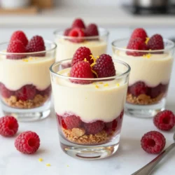 Für die Himbeer-Zitronen-Cheesecake-Parfaits brauchst du folgende Zutaten: - 1 Tasse Graham-Cracker-Brösel - 1/4 Tasse ungesalzene Butter, geschmolzen - 8 oz Frischkäse, weich - 1/2 Tasse Puderzucker - 1 Teelöffel Vanilleextrakt - 1 Tasse Schlagsahne - 1 Tasse frische Himbeeren (plus extra zum Garnieren) - 2 Esslöffel Zitronensaft - Schale von 1 Zitrone Die Mengen sind für vier Portionen gedacht. Du kannst die Menge leicht anpassen, wenn du mehr oder weniger brauchst. Wenn du eine andere Textur magst, kannst du die Graham-Cracker-Brösel durch Kekse ersetzen. Auch andere Beeren wie Erdbeeren oder Heidelbeeren passen gut. Achte beim Kauf der Himbeeren auf frische und reife Früchte. Sie sollten fest und saftig sein. Der Frischkäse sollte weich sein, um die perfekte Creme herzustellen. Verwende ungesalzene Butter, damit der Geschmack der Cheesecake-Mischung nicht überdeckt wird. Für die beste Schlagsahne wähle eine frische, hochwertige Sahne. So erhältst du das beste Ergebnis für deine Parfaits. {{ingredient_image_2}} Um die Graham-Cracker-Basis zu machen, nimm zuerst eine Rührschüssel. Gib die Graham-Cracker-Brösel hinein. Füge die geschmolzene Butter hinzu. Mische alles gut, bis es krümelig wird. Diese Mischung wird die Grundlage deiner Parfaits. Sie gibt einen tollen Crunch. Verwende einen Löffel, um die Mischung gleichmäßig zu verteilen. Jetzt kommt die Frischkäse-Mischung. Nimm eine andere Schüssel. Rühre den weichen Frischkäse glatt. Füge nach und nach den Puderzucker hinzu. Rühre weiter, bis die Mischung cremig ist. Dann gib den Vanilleextrakt dazu. Diese Mischung ist süß und lecker. In einer separaten Schüssel schlage die Schlagsahne. Mach das, bis weiche Spitzen entstehen. Jetzt hebe die Schlagsahne vorsichtig unter die Frischkäse-Mischung. Das macht die Mischung leicht und luftig. Jetzt ist es Zeit, die Parfaits zu schichten. Nimm deine Serviergläser oder Dessertbecher. Beginne mit einer Schicht Graham-Cracker-Brösel. Dann füge eine Schicht der Frischkäse-Mischung hinzu. Als Nächstes kommt eine Schicht des Himbeer-Pürees. Wiederhole diese Schichten, bis die Gläser voll sind. Beende mit einer Schicht der Frischkäse-Mischung. Garniere die Parfaits mit frischen Himbeeren. Eine Prise Zitronenschale oben drauf macht sie noch schöner. Stelle die Parfaits in den Kühlschrank, damit sie gut durchkühlen. Um die beste Schlagsahne zu machen, beginnen Sie mit kalter Sahne. Verwenden Sie eine Rührschüssel, die ebenfalls kühl ist. So bleibt die Sahne fluffig. Schlagen Sie die Sahne mit einem Mixer, bis weiche Spitzen entstehen. Achten Sie darauf, nicht zu lange zu schlagen. Sonst wird die Sahne butterartig. Für mehr Geschmack fügen Sie einen Hauch von Vanille hinzu. Ein häufiges Problem ist, dass die Schlagsahne nicht fest wird. Dies passiert oft, wenn die Sahne nicht kalt genug ist. Achten Sie darauf, die Schüssel und die Sahne vor der Verwendung zu kühlen. Ein weiteres Problem ist, dass die Schichten in den Parfaits nicht gut halten. Um dies zu vermeiden, schichten Sie die Zutaten vorsichtig. Drücken Sie die Schichten nicht zu fest an. Lassen Sie genug Platz für eine schöne Präsentation. Präsentation ist wichtig. Servieren Sie die Parfaits in klaren Gläsern. So sieht man die schönen Schichten. Garnieren Sie die Oberseite mit frischen Himbeeren und etwas Zitronenschale. Fügen Sie ein Minzblatt hinzu, um Farbe und Frische zu bringen. Kühlen Sie die Parfaits vor dem Servieren, damit sie erfrischend schmecken. Ein toller Trick ist, die Gläser auf einem schönen Teller anzuordnen. So wird das Dessert noch ansprechender. Pro Tipps Frischkäse richtig vorbereiten: Achten Sie darauf, dass der Frischkäse Raumtemperatur hat, bevor Sie ihn verwenden, damit er sich leichter und gleichmäßiger vermengen lässt. Variationen des Toppings: Experimentieren Sie mit anderen Beeren wie Blaubeeren oder Erdbeeren für unterschiedliche Geschmacksrichtungen und Farben. Vorbereitung im Voraus: Bereiten Sie die Parfaits einen Tag im Voraus vor und lassen Sie sie über Nacht im Kühlschrank ruhen, um die Aromen noch besser zur Geltung zu bringen. Schichtungstipps: Verwenden Sie einen Spritzbeutel, um die Frischkäse-Mischung gleichmäßig zu schichten und ein ansprechendes Aussehen zu erzielen. {{image_4}} Für Himbeer-Zitronen-Cheesecake-Parfaits kann man viele Früchte nutzen. Erdbeeren sind eine tolle Wahl. Sie bringen eine süße Note. Blaubeeren funktionieren ebenfalls gut. Ihre Farbe macht das Dessert hübsch. Für mehr Frische, probiere Limetten oder Orangen. Diese Zitrusfrüchte geben einen tollen Kick. Du kannst auch andere Beeren mischen. Himbeeren, Erdbeeren und Blaubeeren ergeben einen fruchtigen Mix. Wenn du glutenfrei essen möchtest, ersetze die Graham-Cracker. Verwende glutenfreie Kekse oder Haferflocken. Diese sind einfach zu finden. Für eine vegane Version tausche den Frischkäse aus. Nutze veganen Frischkäse oder Cashewcreme. Verwende auch pflanzliche Sahne für die Schlagsahne. So bleibt alles cremig und lecker. Achte darauf, die Butter durch Kokosöl zu ersetzen. Das macht das Rezept vegan und dennoch köstlich. Toppings machen die Parfaits spannend. Streue geröstete Nüsse darüber. Mandeln oder Walnüsse passen gut. Sie geben einen knusprigen Biss. Du kannst auch Schokoladenraspel verwenden. Diese bringen einen süßen Kontrast. Frische Minze als Garnitur sorgt für Farbe und Frische. Ein Spritzer Honig oder Ahornsirup bringt zusätzliche Süße. Experimentiere mit verschiedenen Toppings, um dein perfektes Dessert zu finden. Um die Himbeer-Zitronen-Cheesecake-Parfaits frisch zu halten, legen Sie sie in den Kühlschrank. Verwenden Sie dafür luftdichte Behälter oder decken Sie sie mit Frischhaltefolie ab. So bleiben die Aromen erhalten und die Cremigkeit bleibt erhalten. Lassen Sie die Parfaits nicht länger als zwei Stunden bei Raumtemperatur stehen. Das verhindert, dass die Frischkäse-Mischung schlecht wird. Die Haltbarkeit hängt von den Zutaten ab. Frische Himbeeren halten sich in der Regel 2 bis 3 Tage im Kühlschrank. Der Frischkäse bleibt bis zu einer Woche frisch, wenn er gut verpackt ist. Achten Sie darauf, das Mindesthaltbarkeitsdatum der Zutaten zu prüfen. Die Graham-Cracker-Brösel sind in der Regel mehrere Monate haltbar, solange sie trocken gelagert werden. Die Vorbereitungszeit für die Parfaits beträgt etwa 20 Minuten. Das Zuschneiden der Himbeeren geht schnell und einfach. Achten Sie darauf, alle Zutaten bereit zu haben, bevor Sie beginnen. So sparen Sie Zeit und machen den Prozess effizienter. Wenn Sie die Parfaits im Voraus zubereiten möchten, können Sie die Frischkäse-Mischung bis zu zwei Tage vorher machen. Lagern Sie sie in einem luftdichten Behälter im Kühlschrank. Du kannst die Parfaits bis zu drei Tage im Kühlschrank aufbewahren. Achte darauf, sie in einem luftdichten Behälter zu lagern. So bleiben sie frisch und lecker. Ich empfehle, die Parfaits vor dem Servieren kurz zu kühlen. Das hebt den Geschmack der Himbeeren und der Zitrone. Ja, du kannst die Frischkäse-Mischung im Voraus machen. Stelle sie in einem luftdichten Behälter in den Kühlschrank. So sparst du Zeit, wenn du die Parfaits zubereitest. Achte darauf, die Mischung vor dem Schichten gut durchzurühren. Das sorgt für eine schöne, cremige Textur. Die Parfaits sehen toll aus, wenn du sie in klaren Gläsern servierst. So kannst du die schönen Schichten sehen. Garniere die Oberseite mit frischen Himbeeren und etwas Zitronenschale. Ein Minzblatt gibt eine frische Note. Serviere sie gut gekühlt für den besten Genuss. Die Himbeer-Zitronen-Cheesecake-Parfaits bieten einen tollen Geschmack und eine einfache Zubereitung. Wir haben die besten Zutaten besprochen und eine Schritt-für-Schritt-Anleitung gegeben. Tipps zur perfekten Sahne und die Präsentation helfen dir, Fehler zu vermeiden. Die Variationen zeigen, wie kreativ du sein kannst. Zum Schluss gelten unsere Aufbewahrungshinweise für lange Frische. Nutze diese Tipps, um ein leckeres Dessert zu zaubern, das du und andere lieben werden. Du hast alles, was du brauchst, um diese Parfaits selbst zu machen!