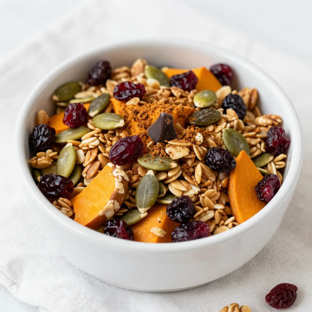 Für meinen Kürbisgewürz-Power-Mix benötigst du folgende Zutaten: - 1 Tasse rohe Kürbiskerne - 1 Tasse gemischte Nüsse (Mandeln, Pecannüsse, Walnüsse) - 1 Tasse getrocknete Cranberries oder Rosinen - 1 Tasse Granola (vorzugsweise mit Hafer und Honig) - 2 Teelöffel Kürbiskuchengewürz - 1 Esslöffel Ahornsirup - 1/4 Teelöffel Salz - 1/2 Tasse Zartbitterschokoladenstückchen (optional) Jede Zutat bringt viele Nährstoffe mit. Kürbiskerne sind reich an Magnesium und Zink. Nüsse bieten gesunde Fette und Proteine. Cranberries sind voller Antioxidantien und Vitamine. Granola gibt dir Ballaststoffe und Energie. Das Kürbiskuchengewürz fügt nicht nur Geschmack hinzu, sondern enthält auch Zimt, der gut für den Blutzucker ist. Ahornsirup sorgt für natürliche Süße. Achte auf mögliche Allergene. Nüsse sind oft ein Problem. Wenn du Nussallergien hast, wähle andere Samen wie Sonnenblumenkerne. Die Schokolade kann auch Allergene enthalten, also prüfe die Verpackung. Die anderen Zutaten sind in der Regel sicher, aber es ist immer gut, vorsichtig zu sein. {{ingredient_image_2}} Zuerst sammeln wir alle Zutaten. Du brauchst: - 1 Tasse rohe Kürbiskerne - 1 Tasse gemischte Nüsse (Mandeln, Pecannüsse, Walnüsse) - 1 Tasse getrocknete Cranberries oder Rosinen - 1 Tasse Granola (vorzugsweise mit Hafer und Honig) - 2 Teelöffel Kürbiskuchengewürz - 1 Esslöffel Ahornsirup - 1/4 Teelöffel Salz - 1/2 Tasse Zartbitterschokoladenstückchen (optional) Stelle sicher, dass alles frisch ist. Das macht einen großen Unterschied. Beginne mit einer großen Rührschüssel. Vermenge die rohen Kürbiskerne, die gemischten Nüsse, die getrockneten Cranberries und das Granola. In einer kleinen Schüssel mische das Kürbiskuchengewürz, den Ahornsirup und das Salz. Rühre alles gut um, bis die Mischung gleichmäßig ist. Träufle die Gewürzmischung langsam über die Nüsse und Samen. Mische alles gründlich, sodass alle Zutaten gut bedeckt sind. Wenn du magst, füge die Zartbitterschokoladenstückchen vorsichtig hinzu. Heize den Ofen auf 175°C vor. Lege ein Backblech mit Backpapier aus. Verteile die Mischung gleichmäßig darauf. Backe die Mischung für 10-12 Minuten. Rühre einmal um, damit sie gleichmäßig bräunt. Die Mischung ist fertig, wenn sie leicht goldbraun ist und gut riecht. Nimm sie aus dem Ofen und lass sie abkühlen. Fülle die Mischung in einen luftdichten Behälter. So bleibt sie frisch und lecker. Um den Geschmack zu verbessern, füge mehr Gewürze hinzu. Probiere auch Zimt oder Muskatnuss. Diese Gewürze passen gut zu Kürbis. Wenn du die Mischung süßer magst, kannst du mehr Ahornsirup verwenden. Ein Spritzer Vanille-Extrakt macht den Mix noch besser. Denke daran, alles gut zu vermischen, damit jeder Biss lecker ist. Bewahre deinen Kürbisgewürz-Power-Mix in einem luftdichten Behälter auf. So bleibt er frisch. Ein Glasbehälter ist ideal. Stelle ihn an einen kühlen, dunklen Ort. Vermeide direkte Sonne und Hitze. So hält sich der Mix bis zu zwei Wochen. Wenn du ihn länger aufbewahren willst, friere ihn ein. So bleibt der Geschmack erhalten. Ein paar Werkzeuge helfen dir, den Power-Mix zuzubereiten. Du brauchst eine große Rührschüssel zum Mischen. Ein kleiner Messbecher ist nützlich für die Zutaten. Ein Backblech mit Backpapier hilft beim Backen. Verwende eine Küchenwaage, um die Zutaten genau abzuwiegen. Ein Löffel oder eine Gabel hilft dir beim Mischen. Mit diesen Werkzeugen bereitest du den besten Mix schnell zu. Pro Tipps Frische Zutaten verwenden: Achte darauf, die frischesten Nüsse und Kerne zu verwenden, um den besten Geschmack und die beste Textur zu erzielen. Variationen ausprobieren: Experimentiere mit verschiedenen Nuss- und Trockenfruchtkombinationen, um deine eigene persönliche Note zu kreieren. Gesunde Süßungsmittel: Anstelle von Ahornsirup kannst du auch Honig oder Agavendicksaft verwenden, um den Mix zu süßen. Für zusätzliche Knusprigkeit: Röste die Kürbiskerne und Nüsse vorher leicht an, um den Geschmack zu intensivieren und für mehr Crunch zu sorgen. {{image_4}} Du kannst die Zutaten nach deinem Geschmack anpassen. Statt Kürbiskernen kannst du Sonnenblumenkerne verwenden. Diese sind ebenfalls knusprig und lecker. Wenn du keine Nüsse magst, probiere Erdnüsse oder sogar Kokosflocken. Für eine süßere Note sind getrocknete Aprikosen oder Feigen tolle Optionen. Sie bringen Fruchtigkeit in deinen Mix. Bei den Gewürzen kannst du Zimt oder Muskatnuss anstelle von Kürbiskuchengewürz verwenden. Diese Gewürze verleihen deinem Mix eine andere, aber köstliche Note. Hast du spezielle diätetische Bedürfnisse? Kein Problem! Für eine glutenfreie Variante kannst du glutenfreies Granola nutzen. Wenn du Nüsse meiden musst, ersetze sie durch mehr Kürbiskerne oder Samen. Für eine vegane Option lasse den Ahornsirup weg oder ersetze ihn durch Agavendicksaft. Achte darauf, dass die Schokoladenstückchen vegan sind, wenn du sie verwendest. Damit bleibst du in deiner Diät und hast trotzdem einen tollen Snack. Möchtest du deinen Power-Mix noch gesünder machen? Füge Chiasamen oder Leinsamen hinzu. Diese kleinen Samen sind reich an Ballaststoffen und Omega-3-Fettsäuren. Du kannst auch Proteinpulver einrühren, um den Eiweißgehalt zu erhöhen. Wenn du möchtest, gib etwas Zimt hinzu. Zimt hat viele gesundheitliche Vorteile und gibt deinem Mix einen tollen Geschmack. Diese kleinen Anpassungen machen deinen Kürbisgewürz-Power-Mix noch nahrhafter und leckerer. Um den Kürbisgewürz-Power-Mix gut aufzubewahren, benutze einen luftdichten Behälter. Ein Glasbehälter oder eine Plastikdose funktioniert gut. Halte den Mix an einem kühlen, trockenen Ort. Vermeide direkte Sonne oder Feuchtigkeit. So bleibt der Geschmack frisch und die Textur knusprig. Der Kürbisgewürz-Power-Mix bleibt bis zu zwei Wochen frisch. Wenn du ihn im Kühlschrank lagerst, kann er sogar bis zu einem Monat halten. Achte darauf, den Behälter gut verschlossen zu halten. Überprüfe die Mischung regelmäßig auf Anzeichen von Schimmel oder unangenehmem Geruch. Portioniere den Mix in kleine Tüten oder Gläser. So hast du einen schnellen Snack zur Hand. Der Mix eignet sich hervorragend für Wanderungen oder als gesunde Büro-Snack-Option. Du kannst ihn auch in Joghurt oder Haferflocken mischen. Das bringt zusätzlichen Geschmack und Nährstoffe in deine Mahlzeiten. Um Kürbisgewürz-Power-Mix vegan zu machen, ersetze den Honig im Granola durch einen pflanzlichen Sirup. Du kannst auch ein vegan-freundliches Granola wählen. Achte darauf, dass die Schokoladenstückchen vegan sind. So bleibt der Mix rein pflanzlich und lecker. Ja, du kannst andere Trockenfrüchte nutzen. Probiere getrocknete Aprikosen, Äpfel oder Feigen. Jede Frucht bringt ihren eigenen Geschmack und Nährstoffe mit. Experimentiere mit verschiedenen Trockenfrüchten, um deinen perfekten Mix zu finden. Fertige Mischungen findest du in vielen Supermärkten oder online. Achte auf die Zutatenliste, um einen Mix zu wählen, der deinen Vorlieben entspricht. Beliebte Marken bieten oft diese Mischung an, besonders im Herbst. Der Kürbisgewürz-Power-Mix hat viele Vorteile. Kürbiskerne sind reich an Magnesium und Zink. Nüsse liefern gesunde Fette und Protein. Trockenfrüchte bieten Antioxidantien. Der Mix ist nahrhaft und sättigend, perfekt für einen Snack. Ja, der Mix ist kinderfreundlich. Die süßen Trockenfrüchte und die Schokolade machen ihn attraktiv. Du kannst die Mischung anpassen, um die Vorlieben deines Kindes zu treffen. Achte darauf, keine Allergene wie bestimmte Nüsse zu verwenden. Der Kürbisgewürz-Power-Mix ist einfach zuzubereiten und lecker. Die Zutaten sind vielseitig und nahrhaft. Es gibt viele Möglichkeiten zur Anpassung und Lagerung. Mit den Tipps und Tricks aus diesem Post wird Ihr Mix perfekt. Denken Sie daran, die Nährwerte und Allergene im Auge zu behalten. Experimentieren Sie mit verschiedenen Geschmäckern, um das Beste herauszuholen. Dieser Mix bringt Freude und Gesundheit in Ihre Küche. Probieren Sie es aus und genießen Sie es!