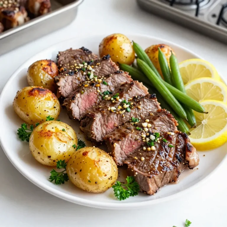 - 680 g Flank Steak - 450 g Babykartoffeln - 450 g grüne Bohnen - 2 Esslöffel Olivenöl - 4 Knoblauchzehen, fein gehackt - 2 Teelöffel getrockneter Rosmarin - 2 Teelöffel getrockneter Thymian - 1 Teelöffel geräucherter Paprika - Salz und Pfeffer - 1 Zitrone, in Scheiben geschnitten - Frische Petersilie zum Garnieren Ich liebe es, mit frischen und einfachen Zutaten zu arbeiten. Das Flank Steak ist saftig und voller Geschmack. Es ist perfekt für dieses Gericht. Babykartoffeln sind klein und zart. Sie nehmen die Aromen der Marinade gut auf. Grüne Bohnen bringen Farbe und Crunch ins Essen. Die Gewürze sind der Schlüssel zu einem tollen Geschmack. Olivenöl macht alles schön glänzend. Knoblauch gibt dem Gericht einen herzhaften Geschmack. Rosmarin und Thymian bringen Kräuteraromen. Geräucherter Paprika fügt eine leichte Rauchnote hinzu. Salz und Pfeffer runden das Ganze ab. Für die Garnierung verwende ich frische Zitronenscheiben. Sie bringen Frische und einen schönen Farbklecks. Die Petersilie sorgt für eine hübsche Präsentation. So wird das Gericht nicht nur lecker, sondern sieht auch gut aus. {{ingredient_image_2}} Heize deinen Ofen auf 200 °C vor. Das ist wichtig, um das Steak perfekt zu garen. Jetzt mache die Marinade. Mische in einer kleinen Schüssel 2 Esslöffel Olivenöl, 4 fein gehackte Knoblauchzehen, 2 Teelöffel getrockneten Rosmarin, 2 Teelöffel getrockneten Thymian, 1 Teelöffel geräucherten Paprika, Salz und Pfeffer. Diese Mischung wird dem Steak viel Geschmack geben. Lege das Flank Steak in einen großen zip-top Beutel oder eine Auflaufform. Gieße die Hälfte der Marinade über das Steak. Schließe den Beutel oder decke die Form ab. Lass das Steak mindestens 30 Minuten im Kühlschrank marinieren. Dies gibt dem Fleisch Zeit, die Aromen aufzunehmen und zart zu werden. Bereite während der Marinierzeit die Babykartoffeln vor. Halbiere sie und lege sie auf ein großes Backblech. Träufle die restliche Marinade darüber und vermenge alles gut. Röste die Kartoffeln im vorgeheizten Ofen für etwa 15 Minuten. Nach 15 Minuten nimm das Backblech heraus. Füge die grünen Bohnen und die Zitronenscheiben um die Kartoffeln hinzu. Platziere das Steak direkt auf dem Gemüse. Stelle das Backblech zurück in den Ofen. Röste alles für weitere 15-20 Minuten, bis das Steak die gewünschte Garstufe erreicht. Eine Temperatur von 135 °F bringt es auf medium-rare. Nach dem Rösten nimm das Backblech heraus. Lass das Steak 5 Minuten ruhen, bevor du es dünn aufschneidest. So bleibt der Saft im Fleisch. Serviere die aufgeschnittenen Steaks mit den gerösteten Kartoffeln und den grünen Bohnen. Garniere alles mit frischer Petersilie. Um die Marinade für das Steak zu perfektionieren, sollten Sie frische Kräuter verwenden. Rosmarin und Thymian haben einen tollen Geschmack. Diese Kräuter passen gut zum Steak. Sie können auch andere Kräuter wie Basilikum oder Oregano ausprobieren. Passen Sie die Gewürze nach Ihrem Geschmack an. Fügen Sie mehr Knoblauch hinzu, wenn Sie diesen Geschmack lieben. Ein Spritzer Zitrone bringt Frische und Säure in die Marinade. Das Steak kann in verschiedenen Garstufen zubereitet werden. Rare ist sehr blutig und hat eine Temperatur von 50 °C. Medium-rare hat eine Temperatur von 57 °C und ist zart und saftig. Medium ist bei 63 °C und hat einen leicht rosa Kern. Well-done ist komplett durchgegart und hat eine Temperatur von 71 °C oder mehr. Überprüfen Sie die Garstufen mit einem Fleischthermometer für beste Ergebnisse. Die Präsentation macht das Gericht besonders. Richten Sie das Steak auf einer großen Servierplatte an. Fügen Sie die gerösteten Kartoffeln und Bohnen rundherum hinzu. Dekorieren Sie das Gericht mit frischen Kräutern. Frische Petersilie bringt Farbe und Geschmack. Zitronenscheiben auf dem Teller sehen schön aus und geben einen frischen Touch. So wird Ihr Gericht nicht nur lecker, sondern auch ansprechend. Pro Tipps Marinade länger einwirken lassen: Für einen intensiveren Geschmack lassen Sie das Steak über Nacht in der Marinade im Kühlschrank ziehen. Fleischtemperatur prüfen: Verwenden Sie ein Fleischthermometer, um sicherzustellen, dass das Steak genau die gewünschte Garstufe erreicht (135 °F für medium-rare). Gemüse gleichmäßig schneiden: Achten Sie darauf, dass die Babykartoffeln und grünen Bohnen in ähnlicher Größe geschnitten sind, damit sie gleichmäßig garen. Ruhen lassen: Lassen Sie das Steak nach dem Rösten 5 Minuten ruhen, damit sich die Säfte setzen und das Fleisch zarter wird. {{image_4}} Für Ihr Knoblauchkräuter Steak Blechgericht können Sie verschiedene Gemüsearten verwenden. Sie sind flexibel und können die Gemüse nach Ihrem Geschmack anpassen. Hier sind einige tolle Optionen: - Karotten: Sie fügen Süße und Farbe hinzu. - Zucchini: Sie sind leicht und nehmen die Aromen gut auf. - Paprika: Sie bringen Frische und Knackigkeit ins Gericht. Saisonale Variationen sind ebenfalls eine gute Idee. Im Frühling können Sie Spargel verwenden. Im Herbst passen Kürbis oder Süßkartoffeln hervorragend dazu. Die Wahl des Gemüses macht das Gericht spannend und abwechslungsreich. Die Marinade ist der Schlüssel zu einem leckeren Steak. Sie können mit verschiedenen Geschmäckern spielen. Eine asiatische Marinade nutzt Sojasauce und Ingwer. Diese gibt dem Steak eine süße und salzige Note. Eine mediterrane Marinade mit Zitrone und Oregano bringt eine frische, herzhafte Note. Beide Varianten sind einfach zuzubereiten und machen das Steak besonders. Ein gutes Blechgericht braucht passende Beilagen. Salate sind eine hervorragende Wahl. Ein frischer grüner Salat mit einem leichten Dressing passt perfekt. Ein Kartoffelsalat mit Kräutern kann auch gut harmonieren. Brot ist eine weitere tolle Beilage. Knuspriges Baguette oder Focaccia sind ideal, um die Säfte des Steaks aufzutunken. Diese Beilagen runden Ihr Gericht ab und machen es noch köstlicher. Lagern Sie die Reste in einem luftdichten Behälter. So bleibt das Steak frisch. Im Kühlschrank halten die Reste etwa drei bis vier Tage. Achten Sie darauf, dass das Steak und das Gemüse gut abgedeckt sind. Dies hilft, Gerüche zu vermeiden. Wenn Sie die Reste länger aufbewahren möchten, frieren Sie sie ein. In einem Gefrierbeutel sind sie bis zu drei Monate haltbar. Um das Steak und das Gemüse wieder warm zu machen, nutzen Sie den Ofen. Stellen Sie ihn auf 150 °C ein. Legen Sie das Steak und das Gemüse auf ein Backblech. Bedecken Sie es mit Alufolie, um Trockenheit zu vermeiden. Erwärmen Sie alles für etwa 10 bis 15 Minuten. Eine andere Möglichkeit ist die Mikrowelle. Verwenden Sie eine mikrowellengeeignete Schüssel. Decken Sie die Schüssel ab und nutzen Sie die mittlere Leistung. So bleibt das Steak saftig. Vermeiden Sie hohe Temperaturen, um ein Austrocknen zu verhindern. Das Flank Steak sollte mindestens 30 Minuten marinieren. Für den besten Geschmack empfehle ich, es bis zu 4 Stunden im Kühlschrank zu lassen. So zieht die Marinade besser ein und macht das Fleisch zart und würzig. Länger als 4 Stunden ist nicht ideal, da das Fleisch zu weich werden kann. Ja, Sie können viele Teile dieses Rezepts im Voraus machen. Marinieren Sie das Steak am Vortag. Bereiten Sie auch die Kartoffeln und Bohnen vor. Lagern Sie sie im Kühlschrank. So sparen Sie Zeit beim Kochen. Am Backtag müssen Sie nur alles zusammen in den Ofen geben. Es gibt viele Alternativen zum Flank Steak. Sie können auch Rinderlende oder Ribeye verwenden. Diese Cuts sind ebenfalls zart und geschmackvoll. Wenn Sie eine andere Fleischart mögen, probieren Sie Hähnchenbrust oder Lamm. Beide Optionen passen gut zu dieser Marinade und den Beilagen. In diesem Artikel haben wir die Zutaten, Schritte und Tipps für ein köstliches Flank Steak-Gericht behandelt. Wir sprachen über die Hauptzutaten, die perfekten Gewürze und die beste Art der Zubereitung. Vergessen Sie nicht, mit Gemüse und Marinaden zu experimentieren. Eine gute Präsentation steigert das Essenserlebnis. Achten Sie auf die Lagerung der Reste und die besten Methoden zum Aufwärmen. Diese einfache Anleitung hilft Ihnen, ein beeindruckendes Gericht zu zaubern, das jeder liebt. Kochen kann Spaß machen!