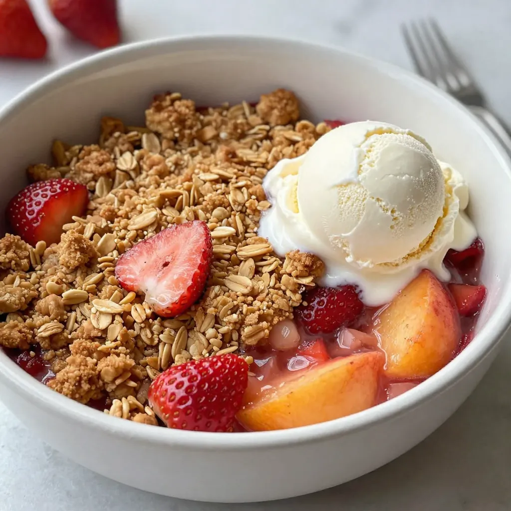 Für den Erdbeer-Pfirsich-Crisp brauchst du frische, saftige Zutaten. Hier ist, was du benötigst: - 2 Tassen Erdbeeren, geputzt und viertelt - 2 Tassen Pfirsiche, gewürfelt (frisch oder tiefgekühlt) - 1/2 Tasse Kristallzucker - 1 Esslöffel Zitronensaft - 1 Teelöffel Vanilleextrakt Diese Früchte geben dem Crisp einen tollen Geschmack und eine schöne Farbe. Du kannst frische oder gefrorene Pfirsiche verwenden. Bei Erdbeeren achte darauf, dass sie reif sind. Für den perfekten Geschmack brauchst du auch Gewürze und Süßungsmittel: - 1 Tasse Haferflocken - 1/2 Tasse Weizenmehl - 1/2 Tasse brauner Zucker, fest gepackt - 1/2 Teelöffel Zimt - 1/4 Teelöffel Muskatnuss - Eine Prise Salz Der braune Zucker gibt eine schöne Karamellnote. Zimt und Muskatnuss bringen Wärme in das Dessert. Wenn du die besten Früchte wählen willst, achte auf diese Tipps: - Wähle reife, aber feste Erdbeeren ohne Druckstellen. - Die Pfirsiche sollten süß riechen und leicht nachgeben, wenn du sie drückst. - Achte darauf, dass die Farben lebendig sind. Frische Früchte sorgen für den besten Geschmack. Wenn du gefrorene Früchte nimmst, tau sie vorher auf, damit sie gut im Crisp verteilt sind. {{ingredient_image_2}} Zuerst heize deinen Ofen auf 175°C vor. Das ist wichtig, damit dein Crisp gleichmäßig backt. Bereite alle Zutaten vor. Du brauchst zwei Tassen Erdbeeren und zwei Tassen Pfirsiche. Die Früchte sollten frisch oder tiefgekühlt sein. Wenn du sie frisch verwendest, wasche und schneide die Erdbeeren in Viertel. Würfle die Pfirsiche. Stelle sicher, dass du auch den Kristallzucker, Zitronensaft und Vanilleextrakt bereit hast. Für den Crisp-Belag nimm Haferflocken, Weizenmehl, braunen Zucker, Zimt, Muskatnuss, kalte Butter und eine Prise Salz. In einer großen Schüssel vermischst du die Erdbeeren, Pfirsiche, Kristallzucker, Zitronensaft und Vanilleextrakt. Mische alles vorsichtig mit einem Löffel. So werden die Früchte gut beschichtet. Lass die Mischung etwa 10 Minuten ziehen. Diese Zeit hilft, die Aromen zu entfalten. Du wirst den Unterschied in deinem Crisp schmecken. Während die Früchte ziehen, bereite den Crisp-Belag vor. In einer separaten Schüssel vermischst du die Haferflocken, Weizenmehl, braunen Zucker, Zimt, Muskatnuss und eine Prise Salz. Achte darauf, dass alles gut vermischt ist. Jetzt kommt die kalte, gewürfelte Butter dazu. Du kannst einen Teigschneider oder deine Hände verwenden. Mische, bis die Mischung grobe Krümel hat. Diese Konsistenz ist wichtig, damit dein Crisp knusprig wird. Jetzt bist du bereit, die Fruchtmischung und den Crisp-Belag zusammenzufügen! Ein häufiger Fehler ist, die Früchte nicht richtig zu mischen. Mischen Sie die Erdbeeren und Pfirsiche gut mit Zucker und Zitronensaft. Lassen Sie die Mischung auch für etwa zehn Minuten ruhen. So können die Aromen besser in die Früchte eindringen. Ein anderer Fehler ist, die Butter zu warm zu verwenden. Kalte Butter sorgt für die perfekte Krümel-Textur. Wenn Sie die Butter zu stark erwärmen, wird der Belag matschig und weich. Die ideale Backtemperatur für den Erdbeer-Pfirsich-Crisp liegt bei 175°C. Backen Sie das Dessert für 30 bis 35 Minuten. Achten Sie darauf, dass der Belag goldbraun wird und die Früchte sprudeln. Wenn der Crisp zu früh aus dem Ofen kommt, sind die Früchte nicht richtig gegart. Nutzen Sie ein Auge, um die Farbe zu prüfen. Servieren Sie den Crisp warm in einem schönen Schälchen. Garnieren Sie ihn mit einer Kugel Vanilleeis oder einem Klecks Schlagsahne. Diese Extras machen das Dessert noch köstlicher. Für mehr Farbe können Sie frische Minzblätter hinzufügen. Das sieht nicht nur gut aus, sondern bringt auch einen frischen Geschmack. Pro Tipps Frische Früchte wählen: Verwenden Sie reife, frische Erdbeeren und Pfirsiche für den besten Geschmack. Tiefgefrorene Früchte sind eine gute Alternative, können aber beim Backen wässriger werden. Belag variieren: Experimentieren Sie mit verschiedenen Toppings, wie gehackten Nüssen oder Kokosraspeln, um zusätzliche Textur und Geschmack zu erzielen. Vorbereitung im Voraus: Bereiten Sie die Fruchtmischung und den Belag im Voraus zu und lagern Sie sie im Kühlschrank, um Zeit zu sparen, wenn Sie bereit sind zu backen. Serviervorschlag: Servieren Sie den Crisp warm mit einer Kugel Vanilleeis oder einem Klecks Schlagsahne für ein besonderes Dessert-Erlebnis. {{image_4}} Du kannst viele Früchte für den Erdbeer-Pfirsich-Crisp verwenden. Himbeeren, Blaubeeren oder Brombeeren sind tolle Optionen. Sie bringen frische Aromen und Farben. Auch Steinfrüchte wie Kirschen oder Aprikosen passen gut. Mische verschiedene Früchte für mehr Geschmack. Denke daran, die Zucker- und Zitronensaftmenge je nach Süße der Früchte anzupassen. Wenn du glutenfrei kochen möchtest, ersetze das Weizenmehl durch glutenfreies Mehl. Auch Haferflocken gibt es in glutenfreier Variante. Verwende Honig oder Agavendicksaft als Süßungsmittel. Das macht den Crisp gesünder und lecker. Du kannst auch weniger Zucker verwenden, wenn die Früchte süß genug sind. Es gibt viele Ideen, um deinen Erdbeer-Pfirsich-Crisp zu verfeinern. Serviere ihn mit Vanilleeis oder Schlagsahne für einen tollen Kontrast. Du kannst auch griechischen Joghurt verwenden für eine gesunde Note. Füge Nüsse oder Kokosraspeln als Topping hinzu. Sie geben dem Crisp einen knusprigen Biss. Experimentiere mit verschiedenen Kombinationen für deinen perfekten Genuss! Um deinen Erdbeer-Pfirsich-Crisp frisch zu halten, benutze einen luftdichten Behälter. Lege den Crisp in den Behälter, wenn er abgekühlt ist. Lagere ihn im Kühlschrank. So bleibt der Crisp etwa 3 bis 4 Tage frisch. Vermeide es, ihn bei Raumtemperatur zu lassen, da er schnell weich wird. Um deinen Crisp einzufrieren, lass ihn zuerst vollständig abkühlen. Schneide ihn in Portionen. Wickele jede Portion in Frischhaltefolie, dann in Aluminiumfolie. So schützt du ihn vor Frost. Du kannst ihn bis zu 3 Monate im Gefrierfach lagern. Zum Aufwärmen, einfach im Ofen bei 175°C für 20 Minuten backen. Im Kühlschrank bleibt der Erdbeer-Pfirsich-Crisp etwa 3 bis 4 Tage frisch. Nach dieser Zeit kann die Textur leiden. Die Früchte könnten wässrig werden. Um den besten Geschmack zu genießen, iss ihn frühzeitig. Ja, gefrorene Früchte passen gut in dieses Rezept. Sie sind einfach und schnell. Achte darauf, die Früchte vorher nicht zu stark auftauen. So bleibt der Crisp frisch und lecker. Gefrorene Erdbeeren und Pfirsiche haben oft den gleichen Geschmack wie frische. Der beste Weg, um den Crisp wieder aufzuwärmen, ist im Ofen. Heize den Ofen auf 175°C (350°F) vor. Lege den Crisp in eine Auflaufform und backe ihn etwa 10 bis 15 Minuten. So wird der Belag knusprig und die Früchte warm. Du kannst auch die Mikrowelle nutzen. Das geht schneller, aber der Crisp wird nicht so knusprig. Der Erdbeer-Pfirsich-Crisp hat Zucker und Butter, aber auch Obst. Obst bietet viele Vitamine und Ballaststoffe. Du kannst die Kalorien reduzieren, indem du weniger Zucker oder Butter verwendest. Das macht den Crisp etwas gesünder, ohne den Geschmack zu verlieren. Erdbeer-Pfirsich-Crisp ist ein einfacher und köstlicher Genuss. Die Auswahl der besten Zutaten und der richtige Mix machen den Unterschied. Du hast jetzt alle Schritte und Tipps, um einen perfekten Crisp zu kreieren. Denke daran, Fehler zu vermeiden und kreativ zu sein. Experimentiere mit verschiedenen Früchten und Toppings. Die richtige Lagerung sorgt für Frische. Nutze die FAQs, um deine Fragen zu klären. Jetzt bist du bereit, deinen eigenen Erdbeer-Pfirsich-Crisp zu genießen!