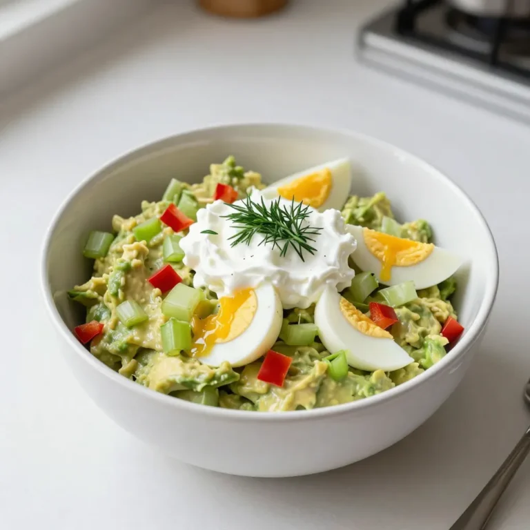 Für den cremigen Avocado-Eiersalat brauchen Sie: - 4 große Eier - 1 reife Avocado - 2 Esslöffel griechischer Joghurt - 1 Esslöffel Dijon-Senf - 1 Esslöffel Zitronensaft - 2 Esslöffel frisch gehackter Dill oder Petersilie - Salz und Pfeffer nach Geschmack - Optional: 1/4 Tasse gewürfelter Sellerie - Optional: 1/4 Tasse gehackte rote Paprika Reife Avocados sind weich, aber nicht zu matschig. Drücken Sie leicht auf die Haut. Wenn es sanft nachgibt, ist die Avocado bereit. Achten Sie auch auf die Farbe. Eine dunkle Haut zeigt oft, dass sie reif ist. Lagern Sie unreife Avocados bei Raumtemperatur. Sie reifen schnell und sind bald bereit für Ihr Rezept. Für mehr Geschmack können Sie gewürfelten Sellerie hinzufügen. Er gibt einen schönen Crunch. Auch rote Paprika bringt Farbe und Süße. Experimentieren Sie mit verschiedenen Kräutern wie Koriander oder Schnittlauch. Das erhöht die Frische und macht den Salat noch interessanter. {{ingredient_image_2}} Zuerst kochen wir die Eier. Legen Sie die Eier in einen Kochtopf. Decken Sie sie mit kaltem Wasser ab. Stellen Sie den Herd auf mittlere bis hohe Hitze. Wenn das Wasser kocht, decken Sie den Topf zu und nehmen ihn vom Herd. Lassen Sie die Eier 12 Minuten ziehen. Das ergibt perfekt gekochte Eier. Während die Eier kochen, bereiten wir ein Eisbad vor. Füllen Sie eine große Schüssel mit kaltem Wasser und Eis. Nach 12 Minuten nehmen Sie die Eier aus dem Topf. Legen Sie sie sofort in das Eisbad. Lassen Sie die Eier dort für 5 bis 7 Minuten abkühlen. Dies stoppt den Kochvorgang und macht das Schälen einfacher. Jetzt kommt der spaßige Teil. Nehmen Sie eine reife Avocado. Löffeln Sie das Fruchtfleisch in eine große Rührschüssel. Mit einer Gabel zerdrücken Sie die Avocado, bis sie schön cremig ist. Nach dem Zerdrücken schälen Sie die abgekühlten Eier. Hacken Sie die Eier in kleine Stücke. Geben Sie die Eier zur zerdrückten Avocado. Fügen Sie griechischen Joghurt, Dijon-Senf und Zitronensaft hinzu. Vergessen Sie nicht den frisch gehackten Dill! Wenn Sie möchten, fügen Sie auch gewürfelten Sellerie oder gehackte Paprika hinzu. Diese Zutaten bringen Crunch und Farbe. Mischen Sie alles vorsichtig um. Achten Sie darauf, dass sich die Zutaten gut vermischen. Jetzt können Sie mit Salz und Pfeffer abschmecken. Probieren Sie es aus und passen Sie die Gewürze an. Jetzt ist Ihr cremiger Avocado-Eiersalat bereit zum Servieren! Genießen Sie ihn auf Vollkornbrot oder in Salatblättern. Sie können ihn auch einfach so essen. Guten Appetit! Um deinen cremigen Avocado-Eiersalat aufregender zu machen, kannst du neue Zutaten ausprobieren. Hier sind einige Ideen: - Sellerie: 1/4 Tasse gewürfelter Sellerie bringt einen schönen Crunch. - Paprika: 1/4 Tasse gehackte rote Paprika fügt Farbe und Süße hinzu. - Kräuter: Probiere frischen Schnittlauch oder Petersilie für mehr Geschmack. - Gewürze: Ein Hauch von Paprika oder Pfeffer kann den Geschmack heben. Es gibt einige häufige Fehler, die du vermeiden solltest: - Eier überkochen: Achte darauf, die Eier nicht zu lange zu kochen. 12 Minuten sind ideal. - Zutaten nicht abkühlen: Lass die Eier im Eisbad abkühlen, um die Textur zu verbessern. - Zu viel Joghurt: Verwende nur die empfohlene Menge, um die Cremigkeit zu wahren. - Unzureichend würzen: Schmecke den Salat gut ab, damit er nicht fade wird. Um deinen Eiersalat frisch zu halten, beachte diese Tipps: - Kühlschrank: Bewahre den Salat in einem luftdichten Behälter im Kühlschrank auf. - Haltbarkeit: Der Eiersalat hält sich 2-3 Tage kühl. - Reste verwenden: Du kannst Reste in Wraps oder Sandwiches verwenden, um sie kreativ zu nutzen. Pro Tipps Eier perfekt kochen: Um die perfekten hartgekochten Eier zu erzielen, nutzen Sie frische Eier und beginnen Sie mit kaltem Wasser. Dies verhindert, dass die Schale bricht und sorgt für gleichmäßiges Kochen. Avocado richtig auswählen: Achten Sie darauf, eine reife Avocado zu wählen, die sich leicht eindrücken lässt. Unreife Avocados sind schwerer zu zerdrücken und können den Geschmack beeinträchtigen. Joghurt ersetzen: Wenn Sie eine leichtere Variante wünschen, können Sie den griechischen Joghurt durch fettarmen Quark oder pflanzlichen Joghurt ersetzen, ohne den cremigen Geschmack zu verlieren. Zusätzliche Aromen: Experimentieren Sie mit verschiedenen Kräutern wie Schnittlauch oder Basilikum, um dem Eiersalat eine andere Geschmacksnote zu verleihen und ihn interessanter zu gestalten. {{image_4}} Für eine mediterrane Note füge Feta-Käse hinzu. Der Käse bringt einen salzigen, cremigen Geschmack. Du kannst etwa 100 Gramm zerbröckelten Feta in die Mischung geben. Der Feta passt gut zu Dill und Avocado. Serviere diesen Eiersalat auf Pita-Brot oder in einem Wrap. Er ist perfekt für ein leichtes Mittagessen oder als Snack. Wenn du es würziger magst, probiere die Curry-Variante. Füge einfach einen Teelöffel Currypulver hinzu. Dies gibt dem Salat eine angenehme Wärme und Tiefe. Du kannst auch einen Spritzer Limettensaft hinzufügen für extra Frische. Diese Variante passt gut zu Vollkornbrot oder als Füllung für Sandwiches. Sie bringt Abwechslung in dein Mittagessen. Für eine vegane Version lasse die Eier ganz weg. Ersetze sie durch Kichererbsen. Zerdrücke eine Tasse gekochte Kichererbsen ähnlich wie die Avocado. Füge dann die anderen Zutaten hinzu: Joghurt durch pflanzlichen Joghurt ersetzen. Diese vegane Version ist ebenso cremig und voll im Geschmack. Sie ist perfekt für alle, die pflanzliche Ernährung bevorzugen. Du kannst den cremigen Avocado-Eiersalat leicht lagern. Fülle ihn in einen luftdichten Behälter. Stelle sicher, dass der Behälter gut verschlossen ist. So bleibt der Geschmack frisch. Lagere ihn im Kühlschrank. Ich empfehle, den Eiersalat innerhalb von drei Tagen zu essen. Der Eiersalat hält sich gut, wenn du ihn richtig lagerst. Bei optimaler Lagerung bleibt er etwa drei Tage frisch. Nach dieser Zeit kann die Avocado bräunlich werden. Die Eier können auch ihren Geschmack verlieren. Ich rate dir, vor dem Essen gut zu prüfen. Wenn er seltsam riecht oder aussieht, besser wegwerfen. Hast du Reste? Mach dir keine Sorgen! Du kannst sie vielseitig verwenden. Fülle den Eiersalat in Wraps oder auf Sandwiches. Du kannst ihn auch auf einem frischen Salat servieren. Eine andere Idee ist, ihn auf Crackern als Snack anzubieten. Sei kreativ und genieße jede letzte Portion! Cremiger Avocado-Eiersalat bleibt bis zu drei Tage frisch. Bewahren Sie ihn in einem luftdichten Behälter im Kühlschrank auf. Achten Sie darauf, den Salat gut abzudecken. So bleibt er länger frisch und lecker. Ja, Sie können die Eier im Voraus kochen. Kochen Sie die Eier einfach, lassen Sie sie abkühlen und schälen Sie sie. Bewahren Sie die geschälten Eier in einem Behälter im Kühlschrank auf. Sie sind bis zu einer Woche haltbar. Das spart Zeit und macht die Zubereitung des Salats einfacher. Dieser Eiersalat schmeckt toll auf Vollkornbrot oder in einem Wrap. Sie können auch frische Salatblätter verwenden. Außerdem passen knackige Gemüse wie Gurken oder Karotten dazu. Für einen besonderen Kick können Sie auch etwas Chili oder Paprika hinzufügen. Der Avocado-Eiersalat ist einfach und lecker. Wir haben die besten Zutaten, Tipps zum Kochen und verschiedene Variationen besprochen. Achte darauf, reife Avocados zu wählen, um den besten Geschmack zu erhalten. Vermeide häufige Fehler, um dein Gericht zu perfektionieren. Denke auch an die Lagerung, damit du es länger genießen kannst. Probiere neue Variationen aus, um dein Rezept zu erweitern. Zum Schluss: Dieser Salat ist vielseitig, nahrhaft und ideal für jeden Anlass. Mach ihn dir und deiner Familie zur Freude!
