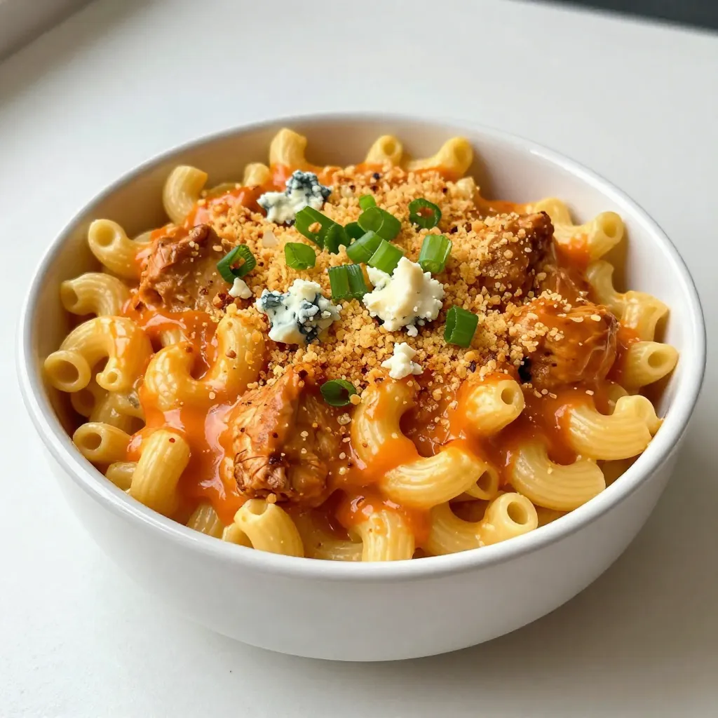 Für ein tolles Buffalo Chicken Mac and Cheese brauchst du wichtige Zutaten. Hier ist die Liste: - 225 g Ellbogen-Makkaroni - 480 ml gekochtes Hähnchen, zerrupft - 240 ml Buffalo-Sauce, je nach Geschmack - 480 g scharfer Cheddarkäse, gerieben - 240 g Mozzarellakäse, gerieben - 240 ml Milch - 120 g Frischkäse, weich - 60 g Blauschimmelkäse, zerbröckelt (optional) - 60 g Frühlingszwiebeln, gehackt - 30 g Butter - 1 Teelöffel Knoblauchpulver - 1 Teelöffel Zwiebelpulver - Salz und Pfeffer nach Geschmack - 60 g Panko-Semmelbrösel (für die Kruste) Diese Zutaten sind die Basis für ein leckeres Gericht, das du lieben wirst. Du kannst das Rezept wunderbar anpassen. Einige spannende Ergänzungen sind: - Gegrillte Paprika für mehr Farbe. - Brokkoli für etwas Gesundes. - Jalapeños für einen extra Kick. - Eine Prise Paprika für zusätzlichen Geschmack. Mit diesen Ergänzungen wird dein Mac and Cheese noch besser. Sei kreativ! Die Gewürze machen den Unterschied. Hier sind einige, die du ausprobieren kannst: - Knoblauchpulver und Zwiebelpulver bringen viel Geschmack. - Salz und Pfeffer sind wichtig, um die Aromen zu betonen. - Ein Hauch von Cayennepfeffer für Schärfe. - Frische Kräuter wie Petersilie für Frische. Mit diesen Gewürzen wird dein Gericht lebendig. Experimentiere und finde deinen Favoriten! {{ingredient_image_2}} Kochen Sie zuerst die Ellbogen-Makkaroni. Nehmen Sie einen großen Topf. Füllen Sie ihn mit Wasser und bringen Sie es zum Kochen. Fügen Sie eine Prise Salz hinzu. Geben Sie die Makkaroni ins Wasser. Kochen Sie sie nach den Anweisungen auf der Verpackung al dente. Wenn sie fertig sind, gießen Sie sie ab und stellen Sie sie beiseite. Jetzt machen wir die Käsesauce. Nehmen Sie einen großen Topf und stellen Sie ihn auf mittlere Hitze. Fügen Sie die Butter hinzu und lassen Sie sie schmelzen. Geben Sie das Knoblauchpulver und Zwiebelpulver in den Topf. Rühren Sie etwa 30 Sekunden lang, bis es duftet. Jetzt fügen Sie den Frischkäse hinzu. Rühren Sie, bis er geschmolzen und glatt ist. Dann gießen Sie die Milch langsam hinein und rühren Sie weiter. Fügen Sie den scharfen Cheddarkäse und Mozzarellakäse hinzu. Rühren Sie, bis der Käse schmilzt und die Mischung cremig wird. Nun kommt das Hähnchen. Fügen Sie das zerrupfte Hähnchen in die Käsesauce. Geben Sie die Buffalo-Sauce dazu und mischen Sie alles gut. Schmecken Sie die Mischung ab und würzen Sie mit Salz und Pfeffer. Wenn Sie Blauschimmelkäse mögen, können Sie ihn jetzt hinzufügen. Heizen Sie den Ofen auf 175 °C vor. Geben Sie die Mischung in eine gefettete Auflaufform. In einer kleinen Schüssel mischen Sie die Panko-Semmelbrösel mit etwas Olivenöl oder Butter. Verteilen Sie die Semmelbrösel gleichmäßig über das Mac and Cheese. Backen Sie das Gericht 20-25 Minuten lang im Ofen, bis die Oberseite goldbraun ist. Nehmen Sie die Auflaufform heraus und lassen Sie sie kurz abkühlen. Vor dem Servieren garnieren Sie das Gericht mit gehackten Frühlingszwiebeln. Um die perfekte Konsistenz zu erzielen, ist es wichtig, den Käse langsam zu schmelzen. Beginne mit mittlerer Hitze. Rühre ständig, damit der Käse nicht anbrennt. Verwende frisch geriebenen Käse. Er schmilzt besser als vorgeriebener Käse. Mische die Käsesorten gut, um einen reichen Geschmack zu erhalten. Buffalo-Sauce kann variieren. Du kannst sie milder machen, indem du weniger scharfe Sauce verwendest. Mische sie mit etwas Honig oder Butter für eine süßere Note. Wenn du es schärfer magst, füge mehr scharfe Sauce hinzu oder mische sie mit einer anderen scharfen Soße. Experimentiere mit verschiedenen Kräutern, um neue Geschmäcker zu entdecken. Für zusätzlichen Geschmack kannst du verschiedene Käsesorten verwenden. Neben dem scharfen Cheddar und Mozzarella sind Gouda und Havarti großartig. Sie bringen eine cremige Textur und einen leckeren Geschmack. Blauschimmelkäse gibt einen kräftigen Kick, den viele lieben. Misch die Käsesorten, um deinen eigenen perfekten Geschmack zu finden. Pro Tipps Käsewahl: Verwenden Sie eine Mischung aus verschiedenen Käsesorten, um die Aromen zu intensivieren. Gouda oder Gruyère können für zusätzlichen Geschmack hinzugefügt werden. Buffalo-Sauce anpassen: Falls Sie es weniger scharf mögen, können Sie die Buffalo-Sauce mit etwas Sahne oder Joghurt vermischen, um die Schärfe zu mildern. Vorkochen: Bereiten Sie die Käse-Sauce und das Hähnchen im Voraus zu. Dies spart Zeit, wenn Sie das Gericht zubereiten möchten. Kruste verbessern: Für eine noch knusprigere Kruste können Sie die Panko-Semmelbrösel mit Parmesan oder geräuchertem Paprika mischen. {{image_4}} Möchten Sie eine vegetarische Version? Sie können das Hähnchen durch gebratene Pilze ersetzen. Champignons oder Austernpilze schmecken toll. Diese geben einen herzhaften Geschmack. Fügen Sie zusätzlich mehr Gemüse hinzu. Brokkoli oder Spinat passen gut. Für den Käse können Sie auch veganen Käse verwenden. So bleibt das Gericht lecker und pflanzenbasiert. Für glutenfreie Mac and Cheese benutzen Sie glutenfreie Makkaroni. Diese sind einfach zu finden. Achten Sie darauf, dass auch die Buffalo-Sauce glutenfrei ist. Viele Marken bieten glutenfreie Saucen an. So können Sie das Gericht genießen, ohne sich Sorgen zu machen. Es bleibt köstlich und befriedigend. Möchten Sie noch mehr Geschmack? Fügen Sie etwas geräucherten Paprika hinzu. Das gibt eine rauchige Note. Auch Jalapeños bringen einen würzigen Kick. Für einen frischen Geschmack können Sie frische Petersilie oder Koriander verwenden. Diese Kräuter passen gut dazu. Experimentieren Sie und finden Sie Ihre Lieblingskombination. Um deine Reste frisch zu halten, lege das Buffalo Chicken Mac and Cheese in einen luftdichten Behälter. Achte darauf, dass es vollständig abgekühlt ist, bevor du es lagerst. So vermeidest du Kondensation und Feuchtigkeit. Du kannst es bis zu drei Tage im Kühlschrank aufbewahren. Wenn du mehr Portionen machen möchtest, friere das Mac and Cheese einfach ein. Verwende einen gefrierfesten Behälter oder einen Gefrierbeutel. Achte darauf, die Luft herauszudrücken, um Gefrierbrand zu vermeiden. Es bleibt bis zu drei Monate frisch im Gefrierfach. Zum besten Geschmack solltest du die Portionen beschriften. Um die Reste aufzuwärmen, benutze die Mikrowelle. Stelle die Hitze auf mittlere Stufe. Gib das Mac and Cheese in eine mikrowellengeeignete Schüssel. Decke die Schüssel mit einem feuchten Papiertuch ab. So bleibt das Gericht saftig. Erwärme es in Intervallen von 1-2 Minuten, bis es heiß ist. Rühre zwischendurch um, damit es gleichmäßig warm wird. Ja, du kannst das Rezept im Voraus zubereiten. Koche die Makkaroni und bereite die Käsesauce wie gewohnt. Mische dann alles zusammen und stelle es in den Kühlschrank. Du kannst das Gericht bis zu zwei Tage im Voraus zubereiten. Wenn du bereit bist, es zu backen, heize den Ofen vor. Backe es dann für 25 bis 30 Minuten. So hast du ein schnelles Abendessen, wenn du wenig Zeit hast. Die Schärfe kannst du leicht anpassen. Nutze weniger Buffalo-Sauce für weniger Hitze. Du kannst auch milde Buffalo-Sauce verwenden, wenn du es nicht so scharf magst. Füge mehr Blauschimmelkäse hinzu, um den Geschmack zu intensivieren und die Schärfe auszugleichen. Wenn du mehr Schärfe magst, füge etwas Cayennepfeffer oder scharfe Paprika hinzu. Probiere es aus und finde die perfekte Balance für deinen Geschmack. Zu Buffalo Chicken Mac and Cheese passen viele Beilagen. Hier sind einige Top-Auswahlmöglichkeiten: - Selleriesticks mit Blauschimmelkäse-Dip - Karottensticks für einen frischen Crunch - Ein einfacher grüner Salat mit leichtem Dressing - Gegrilltes Gemüse für mehr Farbe und Geschmack - Knuspriges Brot oder Brötchen zum Dippen Diese Beilagen ergänzen das Gericht gut und machen das Essen noch köstlicher. Zusammenfassend haben wir die besten Zutaten, die Zubereitung und hilfreiche Tipps für Buffalo Chicken Mac and Cheese besprochen. Von der perfekten Käsesauce bis zu Variationen für jeden Geschmack – du hast viele Optionen. Experimentiere mit den Zutaten und finde deine Lieblinge. Die richtige Lagerung sorgt dafür, dass deine Reste frisch bleiben. Buffalo Chicken Mac and Cheese ist vielseitig und macht Spaß! Mach dich ans Werk und genieße diese leckere Mahlzeit!