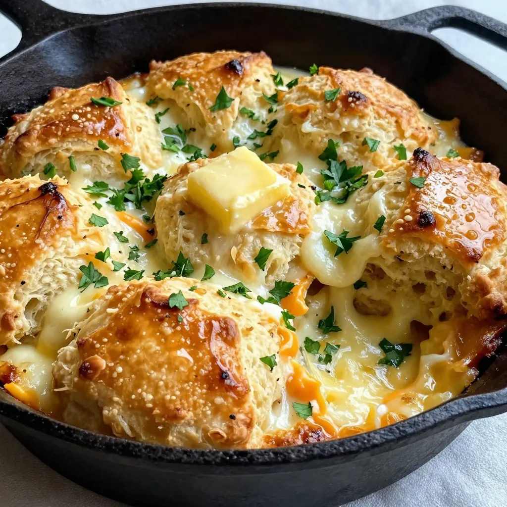 Für diese leckeren Käse-Knoblauch-Zupfbrote brauchen wir: - 2 Tassen Weizenmehl - 1 Esslöffel Backpulver - 1 Teelöffel Knoblauchpulver - 1 Teelöffel Salz - 1/2 Tasse ungesalzene Butter, geschmolzen - 1 Tasse geriebener Mozzarella - 1/2 Tasse geriebener scharfer Cheddar - 1/2 Tasse Buttermilch (oder Milch mit 1/2 Esslöffel Zitronensaft) - 1/4 Tasse frische Petersilie, fein gehackt - 1/4 Teelöffel schwarzer Pfeffer Diese Zutaten geben den Zupfbrote ihren tollen Geschmack. Das Mehl und das Backpulver sorgen für die perfekte Textur. Der geschmolzene Käse macht sie schön zart und geschmackvoll. Falls du Weizenmehl meiden möchtest, kannst du Mandelmehl oder eine glutenfreie Mischung verwenden. Diese Optionen geben den Zupfbrote eine neue Note. Bei den Käsesorten kannst du experimentieren. Probiere zum Beispiel Gouda oder Feta für einen anderen Geschmack. Veganer Käse ist eine großartige Alternative für eine pflanzliche Version. Frische Zutaten machen einen großen Unterschied. Achte darauf, das Mehl und die Backpulver frisch zu verwenden. Sie sorgen für das beste Ergebnis. Beim Käse ist es wichtig, hochwertigen Mozzarella und Cheddar zu wählen. Frische Petersilie bringt Farbe und Geschmack. Du kannst auch andere Kräuter wie Schnittlauch oder Oregano verwenden, um das Aroma zu verändern. {{ingredient_image_2}} Heizen Sie Ihren Ofen auf 190°C vor. Dies ist wichtig für eine gleichmäßige Backzeit. Nehmen Sie eine runde Backform oder eine gusseiserne Pfanne. Fetten Sie die Form gut ein, damit die Brötchen nicht kleben. Nehmen Sie eine große Rührschüssel. Vermengen Sie das Weizenmehl, Backpulver, Knoblauchpulver und Salz gut mit einem Schneebesen. Mischen Sie die trockenen Zutaten, bis sie gleichmäßig verteilt sind. Jetzt fügen Sie die geschmolzene Butter und die Buttermilch hinzu. Rühren Sie vorsichtig, bis alles verbunden ist. Übermixen Sie den Teig nicht. Zuletzt heben Sie den geriebenen Mozzarella, Cheddar, die gehackte Petersilie und den schwarzen Pfeffer unter. Teilen Sie den Teig in etwa 12 gleich große Stücke. Formen Sie jedes Stück zu einer kleinen Kugel. Legen Sie die Kugeln in die vorbereitete Pfanne. Achten Sie darauf, dass sich die Kugeln berühren, aber nicht zu eng gepackt sind. Diese Zupfbrote brauchen Platz zum Aufgehen. Um den perfekten Teig für Käse-Knoblauch-Zupfbrote zu machen, mischen Sie zuerst die trockenen Zutaten. Verwenden Sie eine große Schüssel und einen Schneebesen. Geben Sie das Weizenmehl, Backpulver, Knoblauchpulver und Salz hinein. Mischen Sie alles gut, damit die Zutaten gleichmäßig verteilt sind. Fügen Sie dann die geschmolzene Butter und die Buttermilch hinzu. Mischen Sie alles vorsichtig. Achten Sie darauf, den Teig nicht zu übermixen. Ein leicht klumpiger Teig ist ideal. So bleiben die Zupfbrote fluffig und lecker. Beim Kochen haben Sie die Wahl zwischen Knoblauchpulver und frischem Knoblauch. Knoblauchpulver ist einfach zu verwenden. Es hat einen milden Geschmack und lässt sich gut im Teig verteilen. Verwenden Sie etwa einen Teelöffel für dieses Rezept. Frischer Knoblauch hat einen stärkeren und intensiveren Geschmack. Wenn Sie frischen Knoblauch verwenden möchten, nehmen Sie zwei bis drei Zehen. Hacken Sie ihn fein und fügen Sie ihn dem Teig hinzu. So bekommt Ihr Brot einen tollen Knoblauchgeschmack. Die Gewürze und Käsesorten können Sie nach Ihrem Geschmack anpassen. Mögen Sie es würzig? Fügen Sie mehr Pfeffer oder sogar Cayennepfeffer hinzu. Für eine besondere Note können Sie auch getrocknete Kräuter wie Oregano oder Thymian verwenden. Was die Käsesorten betrifft, sind Mozzarella und Cheddar großartig, aber Sie können auch andere Sorten verwenden. Gouda oder Parmesan geben einen leckeren Geschmack. Experimentieren Sie mit verschiedenen Kombinationen, um Ihr perfektes Zupfbrot zu finden. Pro Tipps Die richtige Mehlwahl: Verwenden Sie für ein besonders luftiges Brot Typ 550 Mehl, um die beste Textur zu erzielen. Variationen beim Käse: Experimentieren Sie mit verschiedenen Käsesorten wie Gouda oder Brie für zusätzliche Geschmackstiefen. Knoblauchgeschmack intensivieren: Frischen Knoblauch anstelle von Knoblauchpulver verwenden, um einen intensiveren Geschmack zu erzielen. Servieroptionen: Servieren Sie die Zupfbrote mit einem Dip aus Olivenöl und Balsamico-Essig für eine zusätzliche Geschmacksnote. {{image_4}} Für vegane Käse-Knoblauch-Zupfbrote kann man das Weizenmehl durch glutenfreies Mehl ersetzen. Verwende eine Mischung aus glutenfreiem Mehl und Stärke. Statt Butter nimmst du pflanzliche Margarine. Für den Käse kannst du veganen Käse verwenden oder Cashewkäse selbst machen. So bleibt der Geschmack intensiv und cremig. Du kannst die Zupfbrote nach Belieben anpassen. Füge Zutaten wie getrocknete Tomaten oder Oliven hinzu. Diese geben einen tollen Geschmack. Auch Gewürze wie Paprika oder Chili können für mehr Schärfe sorgen. Wenn du mehr Kräuter magst, probiere Basilikum oder Oregano. Diese machen das Brot noch aromatischer. Serviere die Zupfbrote warm, direkt aus der Pfanne. Das sieht toll aus und du sparst dir das Anrichten. Bereite verschiedene Dips vor, um den Geschmack zu ergänzen. Ein einfacher Knoblauchdip aus Joghurt und frischem Knoblauch passt gut. Auch ein scharfer Salsa-Dip ist eine gute Wahl. Lass die Gäste ihre Dips selbst wählen. So wird das Essen noch geselliger! Um übrig gebliebene Zupfbrote richtig zu lagern, verwenden Sie einen luftdichten Behälter. Legen Sie die Brötchen in eine Schicht und decken Sie sie gut ab. So bleibt die Feuchtigkeit erhalten. Wenn Sie kein passendes Behältnis haben, wickeln Sie die Brötchen in Frischhaltefolie. Lassen Sie die Luft draußen, damit sie frisch bleiben. Zum Aufwärmen der Zupfbrote verwenden Sie Ihren Ofen. Heizen Sie ihn auf 175°C vor. Legen Sie die Brötchen auf ein Backblech und backen Sie sie für etwa 5 bis 10 Minuten. So werden sie wieder warm und knusprig. Wenn Sie einen schnelleren Weg suchen, können Sie auch die Mikrowelle nutzen. Stellen Sie die Brötchen für 15 bis 20 Sekunden in die Mikrowelle. Achten Sie darauf, dass Sie sie nicht zu lange erhitzen. So bleiben sie weich. Im Kühlschrank halten sich die Zupfbrote etwa 3 bis 5 Tage. Wickeln Sie sie gut ein, um die Frische zu bewahren. Für eine längere Haltbarkeit können Sie die Brötchen einfrieren. Legen Sie sie in einen gefrierfesten Beutel und entfernen Sie die Luft. Im Gefrierschrank halten sie bis zu 3 Monate. Wenn Sie bereit sind, sie zu essen, lassen Sie sie im Kühlschrank auftauen. Danach können Sie sie wie oben beschrieben aufwärmen. Die Zubereitung der Zupfbrote dauert etwa 15 Minuten. Dies umfasst das Messen der Zutaten und das Mischen des Teigs. Das Backen im Ofen nimmt weitere 20 bis 25 Minuten in Anspruch. Ingesamt benötigen Sie also rund 40 Minuten, bis Sie die leckeren Zupfbrote genießen können. Die Zeit ist schnell vorbei, wenn Sie die köstlichen Aromen genießen! Ja, Sie können die Zupfbrote im Voraus zubereiten. Mischen Sie den Teig und formen Sie die Bällchen. Legen Sie sie dann in die Backform und decken Sie sie ab. Sie können die Form im Kühlschrank aufbewahren. Backen Sie die Zupfbrote einfach, wenn Sie bereit sind. Dies ist eine großartige Möglichkeit, Zeit zu sparen, besonders wenn Gäste kommen. Zu Käse-Knoblauch-Zupfbrote passen viele Beilagen. Hier sind einige Ideen: - Dips: Servieren Sie sie mit Knoblauchbutter oder Kräuterdip. - Salate: Ein frischer grüner Salat passt gut dazu. - Suppen: Eine cremige Tomatensuppe ergänzt die Zupfbrote perfekt. - Olivenöl: Ein einfaches Olivenöl mit Balsamico ist auch lecker. Diese Beilagen machen das Essen noch besser und sorgen für mehr Abwechslung! Käse-Knoblauch-Zupfbrote sind einfach und lecker. Wir haben die besten Zutaten besprochen, von Käse über frisches Gemüse zu Alternativen. Die Schritt-für-Schritt-Anleitung hilft Ihnen, perfekte Zupfbrote zu backen. Auch unsere Tipps garantieren einen gelungenen Teig. Variationen eignen sich für jeden Geschmack, egal ob vegan oder glutenfrei. Und schließlich wissen Sie nun, wie man die Brote richtig lagert. Genießen Sie das Zupfbrot, das Spaß macht und gut schmeckt!