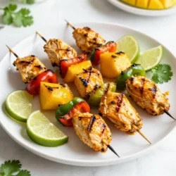 Für die Mango Lime Grilled Chicken Kebabs benötigst du: - 450 g Hähnchenbrustfilets, ohne Haut und Knochen, in 2,5 cm große Stücke geschnitten - 1 reife Mango, geschält, entkernt und in 2,5 cm große Würfel geschnitten - 1 rote Paprika, in 2,5 cm große Stücke geschnitten - 1 grüne Paprika, in 2,5 cm große Stücke geschnitten - 1 kleine rote Zwiebel, in Spitzen geschnitten - 60 ml frischer Limettensaft - 30 ml Olivenöl - 30 ml Honig - 2 Knoblauchzehen, fein gehackt - 1 Teelöffel gemahlener Kreuzkümmel - 1 Teelöffel geräuchertes Paprikapulver - Salz und Pfeffer nach Geschmack - Spieße (wenn aus Holz, vorher in Wasser eingeweicht) Die Auswahl der Zutaten ist wichtig. Wähle frisches Hähnchen aus. Achte darauf, dass das Fleisch fest und rosa ist. Die Mango sollte leicht weich sein, um süß und saftig zu sein. Frische Paprika hat eine knackige Textur und leuchtende Farben. Für die Zwiebel wähle eine rote, da sie süßer ist. Limetten müssen saftig und schwer sein, um den besten Saft zu geben. Um die Frische zu bewahren, kaufe die Zutaten am besten am selben Tag, an dem du kochen willst. Lagere das Hähnchen im Kühlschrank und die Früchte bei Zimmertemperatur. Wenn du die Spieße aus Holz verwendest, weiche sie in Wasser ein, um ein Anbrennen zu verhindern. So bleiben die Spieße beim Grillen intakt und dein Essen wird perfekt. {{ingredient_image_2}} Um die Marinade zu machen, nimm eine mittelgroße Schüssel. Gib 60 ml frischen Limettensaft hinein. Füge 30 ml Olivenöl und 30 ml Honig hinzu. Hacke zwei Knoblauchzehen fein und gib sie auch dazu. Streue einen Teelöffel gemahlenen Kreuzkümmel und einen Teelöffel geräuchertes Paprikapulver hinein. Mit Salz und Pfeffer würzen. Rühre alles gut um, bis die Zutaten gemischt sind. Jetzt nimm die 450 g Hähnchenbrustfilets, die in 2,5 cm große Stücke geschnitten sind. Lege sie in die Marinade. Achte darauf, dass jedes Stück gut überzogen ist. Decke die Schüssel mit Frischhaltefolie ab. Lass das Hähnchen mindestens 30 Minuten im Kühlschrank marinieren. Für mehr Geschmack kannst du es bis zu 2 Stunden marinieren. Wenn das Hähnchen mariniert, bereite die Grillspieße vor. Wenn du Holzspieße benutzt, weiche sie vorher in Wasser ein. So brennen sie nicht an. Heize dann den Grill auf mittelhohe Hitze vor. Nimm das marinierte Hähnchen und stecke es abwechselnd mit Mango, roter Paprika, grüner Paprika und roten Zwiebelspitzen auf die Spieße. Achte darauf, dass die Spieße gut gefüllt sind. Trage leicht Öl auf die Grillroste auf. Lege die Spieße auf den Grill und grille sie 10 bis 12 Minuten. Wende sie gelegentlich, bis das Hähnchen durchgegart ist. Die Innentemperatur sollte 75 °C (165 °F) erreichen. Um perfekte Mango Lime Grilled Chicken Kebabs zu machen, ist die Grilltemperatur wichtig. Heize den Grill auf mittelhohe Hitze vor, etwa 200 °C. Die Spieße sollten 10-12 Minuten grillen. Wende sie regelmäßig, damit sie gleichmäßig garen. Überprüfe die Innentemperatur. Sie sollte 75 °C erreichen, um sicher zu sein, dass das Hähnchen durch ist. Trockenes Hähnchen ist nicht lecker. Um das zu vermeiden, mariniere das Hähnchen gut. Lass es mindestens 30 Minuten in der Marinade. Wenn du mehr Geschmack möchtest, mariniere es bis zu 2 Stunden. Achte darauf, die Grillzeit nicht zu überschreiten. Überwache die Temperatur, um Saftigkeit zu garantieren. Die Marinade für die Kebabs ist vielseitig. Du kannst sie anpassen, um neue Aromen zu entdecken. Probiere frischen Ingwer oder Chili für eine würzige Note. Eine Prise Zimt kann eine süße Tiefe hinzufügen. Experimentiere mit verschiedenen Kräutern wie Koriander oder Petersilie. So machst du jeden Grillabend spannend. Pro Tipps Marinieren für mehr Geschmack: Lassen Sie das Hähnchen mindestens 30 Minuten, besser jedoch bis zu 2 Stunden marinieren, um die Aromen intensiver werden zu lassen. Grillvorbereitung: Vergessen Sie nicht, die Grillroste leicht mit Öl zu bestreichen, um das Anhaften der Spieße zu verhindern. Spieße abwechselnd belegen: Stecken Sie die Zutaten abwechselnd auf die Spieße, um eine gleichmäßige Garung und eine ansprechende Präsentation zu gewährleisten. Ruhen lassen: Lassen Sie die Spieße nach dem Grillen einige Minuten ruhen, damit die Säfte gleichmäßig verteilt werden und das Fleisch saftig bleibt. {{image_4}} Möchtest du eine vegetarische Version der Mango Lime Kebabs? Das ist ganz einfach! Ersetze das Hähnchen mit festen Tofuwürfeln. Tofu nimmt die Marinade gut auf und wird schön knusprig. Du kannst auch Gemüse verwenden, wie Zucchini, Champignons oder Auberginen. Schneide diese in gleich große Stücke. Die Grillzeit bleibt ähnlich. Achte darauf, dass alles gut mariniert ist. Wenn du Abwechslung suchst, probiere andere Proteine aus. Garnelen sind eine tolle Wahl. Sie grillen schnell und sind zart. Du kannst auch Lamm oder Rindfleisch verwenden. Diese müssen länger marinieren, um den Geschmack zu intensivieren. Vegane Alternativen wie Seitan oder Jackfruit eignen sich ebenfalls gut. Diese Proteine bieten dir viele Möglichkeiten, die Kebabs nach deinem Geschmack zu gestalten. Die richtigen Beilagen machen das Essen perfekt. Serviere die Kebabs mit einem frischen Salat. Ein einfacher Gurkensalat mit Limettensaft ist erfrischend. Reis ist auch eine gute Wahl. Kokosreis passt besonders gut. Du kannst auch gegrilltes Gemüse anbieten. Es ergänzt die Aromen der Kebabs hervorragend. Denk daran, frische Kräuter wie Koriander oder Petersilie zu verwenden, um das Gericht zu verfeinern. Mariniertes Hähnchen kann im Kühlschrank aufbewahrt werden. Legen Sie es in einen luftdichten Behälter. Es bleibt frisch bis zu zwei Tage. Achten Sie darauf, die Marinade und das Hähnchen gut zu vermengen, bevor Sie es lagern. So zieht der Geschmack besser ein. Wenn Sie Reste von den Spießen haben, lassen Sie sie zuerst abkühlen. Wickeln Sie die Spieße in Frischhaltefolie oder legen Sie sie in einen luftdichten Behälter. Im Kühlschrank halten sie sich bis zu drei Tage. Um die Qualität zu wahren, vermeiden Sie es, sie wieder aufzuwärmen mehrmals. Um Kebabs einzufrieren, lassen Sie sie zuerst abkühlen. Wickeln Sie jede Portion in Folie. Legen Sie die Spieße dann in einen Gefrierbeutel. So bleiben sie bis zu drei Monate frisch. Zum Auftauen legen Sie die Spieße einfach über Nacht in den Kühlschrank. So bleiben sie saftig und lecker. Das Hähnchen sollte mindestens 30 Minuten marinieren. So nimmt es den besten Geschmack auf. Wenn du mehr Zeit hast, mariniere es bis zu 2 Stunden. Länger macht das Hähnchen noch saftiger und geschmackvoller. Achte darauf, die Marinade gut einzuarbeiten, damit jeder Bissen lecker wird. Ja, du kannst die Kebabs auch im Ofen machen. Heize deinen Ofen auf 200 Grad Celsius vor. Lege die Spieße auf ein Backblech mit Backpapier. Backe sie für etwa 15-20 Minuten. Wende die Kebabs nach der Hälfte der Zeit. So garen sie gleichmäßig und bekommen eine schöne Farbe. Zu diesen Kebabs passen viele Beilagen gut. Hier sind einige Ideen: - Reis oder Kokosreis - Gegrilltes Gemüse - Ein frischer Salat - Quinoa-Salat mit Limette - Tortillas oder Fladenbrot Diese Beilagen ergänzen die süßen und herzhaften Aromen der Kebabs perfekt. Probiere verschiedene Kombinationen aus, um deinen perfekten Teller zu finden! In diesem Beitrag haben wir die wichtigsten Schritte für Mango Lime Hähnchenspieße behandelt. Wir haben die besten Zutaten ausgewählt und Tipps gegeben, wie man die Frische erhält. Ich habe eine einfache Schritt-für-Schritt-Anleitung zum Marinieren und Grillen bereitgestellt. Außerdem hast du gelernt, verschiedene Variationen und Beilagen zu entdecken. Denke daran, mariniertes Hähnchen richtig zu lagern und Reste klug aufzubewahren. Ich hoffe, du bist bereit, diese leckeren Kebabs zu genießen!