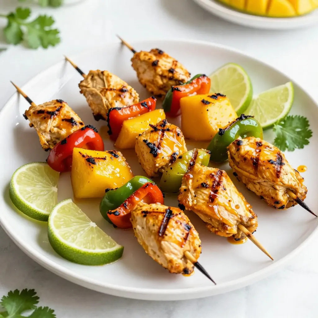 Für die Mango Lime Grilled Chicken Kebabs benötigst du: - 450 g Hähnchenbrustfilets, ohne Haut und Knochen, in 2,5 cm große Stücke geschnitten - 1 reife Mango, geschält, entkernt und in 2,5 cm große Würfel geschnitten - 1 rote Paprika, in 2,5 cm große Stücke geschnitten - 1 grüne Paprika, in 2,5 cm große Stücke geschnitten - 1 kleine rote Zwiebel, in Spitzen geschnitten - 60 ml frischer Limettensaft - 30 ml Olivenöl - 30 ml Honig - 2 Knoblauchzehen, fein gehackt - 1 Teelöffel gemahlener Kreuzkümmel - 1 Teelöffel geräuchertes Paprikapulver - Salz und Pfeffer nach Geschmack - Spieße (wenn aus Holz, vorher in Wasser eingeweicht) Die Auswahl der Zutaten ist wichtig. Wähle frisches Hähnchen aus. Achte darauf, dass das Fleisch fest und rosa ist. Die Mango sollte leicht weich sein, um süß und saftig zu sein. Frische Paprika hat eine knackige Textur und leuchtende Farben. Für die Zwiebel wähle eine rote, da sie süßer ist. Limetten müssen saftig und schwer sein, um den besten Saft zu geben. Um die Frische zu bewahren, kaufe die Zutaten am besten am selben Tag, an dem du kochen willst. Lagere das Hähnchen im Kühlschrank und die Früchte bei Zimmertemperatur. Wenn du die Spieße aus Holz verwendest, weiche sie in Wasser ein, um ein Anbrennen zu verhindern. So bleiben die Spieße beim Grillen intakt und dein Essen wird perfekt. {{ingredient_image_2}} Um die Marinade zu machen, nimm eine mittelgroße Schüssel. Gib 60 ml frischen Limettensaft hinein. Füge 30 ml Olivenöl und 30 ml Honig hinzu. Hacke zwei Knoblauchzehen fein und gib sie auch dazu. Streue einen Teelöffel gemahlenen Kreuzkümmel und einen Teelöffel geräuchertes Paprikapulver hinein. Mit Salz und Pfeffer würzen. Rühre alles gut um, bis die Zutaten gemischt sind. Jetzt nimm die 450 g Hähnchenbrustfilets, die in 2,5 cm große Stücke geschnitten sind. Lege sie in die Marinade. Achte darauf, dass jedes Stück gut überzogen ist. Decke die Schüssel mit Frischhaltefolie ab. Lass das Hähnchen mindestens 30 Minuten im Kühlschrank marinieren. Für mehr Geschmack kannst du es bis zu 2 Stunden marinieren. Wenn das Hähnchen mariniert, bereite die Grillspieße vor. Wenn du Holzspieße benutzt, weiche sie vorher in Wasser ein. So brennen sie nicht an. Heize dann den Grill auf mittelhohe Hitze vor. Nimm das marinierte Hähnchen und stecke es abwechselnd mit Mango, roter Paprika, grüner Paprika und roten Zwiebelspitzen auf die Spieße. Achte darauf, dass die Spieße gut gefüllt sind. Trage leicht Öl auf die Grillroste auf. Lege die Spieße auf den Grill und grille sie 10 bis 12 Minuten. Wende sie gelegentlich, bis das Hähnchen durchgegart ist. Die Innentemperatur sollte 75 °C (165 °F) erreichen. Um perfekte Mango Lime Grilled Chicken Kebabs zu machen, ist die Grilltemperatur wichtig. Heize den Grill auf mittelhohe Hitze vor, etwa 200 °C. Die Spieße sollten 10-12 Minuten grillen. Wende sie regelmäßig, damit sie gleichmäßig garen. Überprüfe die Innentemperatur. Sie sollte 75 °C erreichen, um sicher zu sein, dass das Hähnchen durch ist. Trockenes Hähnchen ist nicht lecker. Um das zu vermeiden, mariniere das Hähnchen gut. Lass es mindestens 30 Minuten in der Marinade. Wenn du mehr Geschmack möchtest, mariniere es bis zu 2 Stunden. Achte darauf, die Grillzeit nicht zu überschreiten. Überwache die Temperatur, um Saftigkeit zu garantieren. Die Marinade für die Kebabs ist vielseitig. Du kannst sie anpassen, um neue Aromen zu entdecken. Probiere frischen Ingwer oder Chili für eine würzige Note. Eine Prise Zimt kann eine süße Tiefe hinzufügen. Experimentiere mit verschiedenen Kräutern wie Koriander oder Petersilie. So machst du jeden Grillabend spannend. Pro Tipps Marinieren für mehr Geschmack: Lassen Sie das Hähnchen mindestens 30 Minuten, besser jedoch bis zu 2 Stunden marinieren, um die Aromen intensiver werden zu lassen. Grillvorbereitung: Vergessen Sie nicht, die Grillroste leicht mit Öl zu bestreichen, um das Anhaften der Spieße zu verhindern. Spieße abwechselnd belegen: Stecken Sie die Zutaten abwechselnd auf die Spieße, um eine gleichmäßige Garung und eine ansprechende Präsentation zu gewährleisten. Ruhen lassen: Lassen Sie die Spieße nach dem Grillen einige Minuten ruhen, damit die Säfte gleichmäßig verteilt werden und das Fleisch saftig bleibt. {{image_4}} Möchtest du eine vegetarische Version der Mango Lime Kebabs? Das ist ganz einfach! Ersetze das Hähnchen mit festen Tofuwürfeln. Tofu nimmt die Marinade gut auf und wird schön knusprig. Du kannst auch Gemüse verwenden, wie Zucchini, Champignons oder Auberginen. Schneide diese in gleich große Stücke. Die Grillzeit bleibt ähnlich. Achte darauf, dass alles gut mariniert ist. Wenn du Abwechslung suchst, probiere andere Proteine aus. Garnelen sind eine tolle Wahl. Sie grillen schnell und sind zart. Du kannst auch Lamm oder Rindfleisch verwenden. Diese müssen länger marinieren, um den Geschmack zu intensivieren. Vegane Alternativen wie Seitan oder Jackfruit eignen sich ebenfalls gut. Diese Proteine bieten dir viele Möglichkeiten, die Kebabs nach deinem Geschmack zu gestalten. Die richtigen Beilagen machen das Essen perfekt. Serviere die Kebabs mit einem frischen Salat. Ein einfacher Gurkensalat mit Limettensaft ist erfrischend. Reis ist auch eine gute Wahl. Kokosreis passt besonders gut. Du kannst auch gegrilltes Gemüse anbieten. Es ergänzt die Aromen der Kebabs hervorragend. Denk daran, frische Kräuter wie Koriander oder Petersilie zu verwenden, um das Gericht zu verfeinern. Mariniertes Hähnchen kann im Kühlschrank aufbewahrt werden. Legen Sie es in einen luftdichten Behälter. Es bleibt frisch bis zu zwei Tage. Achten Sie darauf, die Marinade und das Hähnchen gut zu vermengen, bevor Sie es lagern. So zieht der Geschmack besser ein. Wenn Sie Reste von den Spießen haben, lassen Sie sie zuerst abkühlen. Wickeln Sie die Spieße in Frischhaltefolie oder legen Sie sie in einen luftdichten Behälter. Im Kühlschrank halten sie sich bis zu drei Tage. Um die Qualität zu wahren, vermeiden Sie es, sie wieder aufzuwärmen mehrmals. Um Kebabs einzufrieren, lassen Sie sie zuerst abkühlen. Wickeln Sie jede Portion in Folie. Legen Sie die Spieße dann in einen Gefrierbeutel. So bleiben sie bis zu drei Monate frisch. Zum Auftauen legen Sie die Spieße einfach über Nacht in den Kühlschrank. So bleiben sie saftig und lecker. Das Hähnchen sollte mindestens 30 Minuten marinieren. So nimmt es den besten Geschmack auf. Wenn du mehr Zeit hast, mariniere es bis zu 2 Stunden. Länger macht das Hähnchen noch saftiger und geschmackvoller. Achte darauf, die Marinade gut einzuarbeiten, damit jeder Bissen lecker wird. Ja, du kannst die Kebabs auch im Ofen machen. Heize deinen Ofen auf 200 Grad Celsius vor. Lege die Spieße auf ein Backblech mit Backpapier. Backe sie für etwa 15-20 Minuten. Wende die Kebabs nach der Hälfte der Zeit. So garen sie gleichmäßig und bekommen eine schöne Farbe. Zu diesen Kebabs passen viele Beilagen gut. Hier sind einige Ideen: - Reis oder Kokosreis - Gegrilltes Gemüse - Ein frischer Salat - Quinoa-Salat mit Limette - Tortillas oder Fladenbrot Diese Beilagen ergänzen die süßen und herzhaften Aromen der Kebabs perfekt. Probiere verschiedene Kombinationen aus, um deinen perfekten Teller zu finden! In diesem Beitrag haben wir die wichtigsten Schritte für Mango Lime Hähnchenspieße behandelt. Wir haben die besten Zutaten ausgewählt und Tipps gegeben, wie man die Frische erhält. Ich habe eine einfache Schritt-für-Schritt-Anleitung zum Marinieren und Grillen bereitgestellt. Außerdem hast du gelernt, verschiedene Variationen und Beilagen zu entdecken. Denke daran, mariniertes Hähnchen richtig zu lagern und Reste klug aufzubewahren. Ich hoffe, du bist bereit, diese leckeren Kebabs zu genießen!