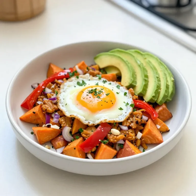 Für dieses nahrhafte Gericht benötigen wir: - 2 mittlere Süßkartoffeln, geschält und gewürfelt - 1 Paprika, gewürfelt (jede Farbe) - 1 kleine rote Zwiebel, gehackt - 2 Knoblauchzehen, fein gehackt Diese Zutaten sind die Basis für unseren Frühstücks-Hash. Süßkartoffeln geben eine süße Note. Paprika und Zwiebeln bringen Farbe und Geschmack. Knoblauch sorgt für ein tolles Aroma. Um den Geschmack zu heben, verwenden wir: - 1 Teelöffel geräuchertes Paprikapulver - 1 Teelöffel Kreuzkümmel - Salz und Pfeffer nach Geschmack - 2 Esslöffel Olivenöl Das geräucherte Paprikapulver verleiht dem Gericht eine rauchige Tiefe. Kreuzkümmel bringt Wärme und Erdigkeiten. Das Olivenöl hilft, alles gut zu braten und sorgt für eine schöne Textur. Für die Proteinquelle haben Sie zwei Optionen: - 4 große Eier - Tofu für eine vegane Option Eier bringen eine cremige Konsistenz und einen reichen Geschmack. Tofu ist perfekt für Veganer. Er nimmt die Aromen der Gewürze gut auf und macht das Gericht ebenfalls sättigend. {{ingredient_image_2}} Beginne mit zwei mittleren Süßkartoffeln. Schäle sie und schneide sie in kleine Würfel. Diese Würfel helfen, die Süßkartoffeln gleichmäßig zu garen. Erhitze dann zwei Esslöffel Olivenöl in einer großen Pfanne bei mittlerer Hitze. Gib die gewürfelten Süßkartoffeln in die Pfanne. Brate sie etwa zehn Minuten lang an. Rühre gelegentlich um, damit sie nicht anbrennen. Die Süßkartoffeln sollten weich werden und eine schöne Farbe bekommen. Sobald die Süßkartoffeln weich sind, füge eine gewürfelte Paprika und eine gehackte kleine rote Zwiebel hinzu. Diese Zutaten bringen Farbe und Geschmack. Koche die Mischung für weitere fünf bis sieben Minuten. Das Gemüse sollte zart sein, und die Süßkartoffeln sollten leicht bräunen. Jetzt ist es Zeit, zwei fein gehackte Knoblauchzehen, einen Teelöffel geräuchertes Paprikapulver, einen Teelöffel Kreuzkümmel, Salz und Pfeffer hinzuzufügen. Rühre alles gut um und koche die Mischung für zwei bis drei Minuten. Der Knoblauch sollte jetzt aromatisch sein. Drücke vier kleine Vertiefungen in die Mischung. Du kannst jetzt vier große Eier in jede Vertiefung knacken. Wenn du eine vegane Option möchtest, füge zerbröckelten Tofu anstelle der Eier hinzu. Decke die Pfanne ab und koche alles für etwa fünf bis sieben Minuten. Die Eier sollten nach deinem Geschmack gar sein. Wenn alles fertig ist, nimm die Pfanne vom Herd. Garniere das Gericht mit gehackter Petersilie und serviere es sofort. Optional kannst du auch Avocadoscheiben dazu legen. Sie geben eine tolle Cremigkeit. Um die Süßkartoffeln perfekt zuzubereiten, schneiden Sie sie in gleich große Würfel. Das sorgt für gleichmäßiges Garen. Braten Sie die Süßkartoffeln zuerst für etwa zehn Minuten an. So werden sie weich und bekommen eine schöne Bräunung. Verwenden Sie mittlere Hitze, damit sie nicht anbrennen. Wenn sie fast gar sind, können Sie die Hitze erhöhen, um eine knusprige Außenseite zu erreichen. Die Gewürze bringen Geschmack und Vielfalt in Ihr Frühstücks-Hash. Neben geräuchertem Paprikapulver und Kreuzkümmel können Sie auch andere Gewürze ausprobieren. Zum Beispiel passen Kurkuma und Chili gut dazu. Für eine frische Note fügen Sie etwas Zitronensaft oder Limettensaft hinzu. Experimentieren Sie mit verschiedenen Kräutern wie Thymian oder Oregano. So wird jedes Gericht einzigartig. Die Präsentation Ihres Frühstücks-Hash macht viel aus. Servieren Sie das Gericht in bunten Schalen. Streuen Sie frisch gehackte Petersilie darüber für einen schönen Kontrast. Legen Sie Avocadoscheiben daneben, um Farbe und Cremigkeit hinzuzufügen. Sie können auch einen Klecks Joghurt oder eine Salsa dazugeben. Diese Details machen Ihr Frühstück nicht nur lecker, sondern auch ansprechend für das Auge. Pro Tipps Wahl der Süßkartoffeln: Achten Sie darauf, frische und feste Süßkartoffeln auszuwählen, um die beste Textur und den besten Geschmack zu erzielen. Veganer Tofu: Wenn Sie Tofu verwenden, drücken Sie ihn gut aus, um überschüssige Feuchtigkeit zu entfernen. So erhält er eine bessere Textur beim Braten. Gewürze anpassen: Experimentieren Sie mit verschiedenen Gewürzen wie Chili-Pulver oder Kurkuma, um dem Gericht eine individuelle Note zu verleihen. Servierideen: Servieren Sie das Hash mit einem Spritzer Limettensaft für eine frische, zesty Note, die die Aromen hebt. {{image_4}} Für eine vegane Version des Frühstücks-Hash tauschen Sie die Eier gegen Tofu aus. Zerbröckeln Sie den Tofu und fügen Sie ihn in die Vertiefungen. Tofu hat einen milden Geschmack und nimmt die Gewürze gut auf. Verwenden Sie festeren Tofu für die beste Textur. Diese Variante bleibt ebenso nahrhaft und lecker. Sie können dieses Gericht leicht anpassen. Fügen Sie zum Beispiel Spinat, Zucchini oder Pilze hinzu. Diese Gemüse bringen Farbe und zusätzliche Nährstoffe. Experimentieren Sie mit der Menge an Gemüse, die Sie mögen. Jedes Gemüse hat seine eigene Note, die das Gericht aufpeppt. Wenn Sie mehr Protein möchten, fügen Sie Speck oder Wurst hinzu. Braten Sie das Fleisch zuerst in der Pfanne an, bevor Sie das Gemüse hinzufügen. So wird das Hash herzhaft und sättigend. Auch Hühnerbrust oder Schinken passen gut in dieses Gericht. Probieren Sie verschiedene Fleischsorten und finden Sie Ihre Lieblingskombination. Der Süßkartoffel Frühstücks-Hash hält sich gut im Kühlschrank. Stellen Sie sicher, dass Sie ihn in einem luftdichten Behälter aufbewahren. So bleibt die Frische erhalten. Er kann bis zu drei Tage lang im Kühlschrank bleiben. Vor dem Servieren können Sie einfach einen Löffel entnehmen. Wenn Sie mehr für später zubereiten möchten, können Sie den Hash einfrieren. Lassen Sie ihn zuerst vollständig abkühlen. Dann füllen Sie ihn in einen gefrierfesten Behälter. Achten Sie darauf, etwas Platz zu lassen, da sich das Essen beim Einfrieren ausdehnt. Der Hash kann bis zu drei Monate eingefroren werden. Um den Hash wieder aufzuwärmen, nehmen Sie ihn aus dem Kühlschrank oder Gefrierschrank. Wenn er gefroren ist, lassen Sie ihn zuerst im Kühlschrank auftauen. Erhitzen Sie ihn dann in einer Pfanne auf mittlerer Hitze. Fügen Sie ein wenig Olivenöl hinzu, um ein Ankleben zu vermeiden. Rühren Sie ihn gelegentlich um, bis er warm ist. Wenn Sie Eier hinzugefügt haben, können Sie auch ein paar frische Eier gleichzeitig braten. So bleibt das Gericht lecker und frisch. Der Süßkartoffel Frühstücks-Hash hält sich im Kühlschrank etwa 3 bis 4 Tage. Es ist wichtig, den Hash in einem luftdichten Behälter aufzubewahren. So bleibt er frisch und lecker. Achte darauf, das Gericht abzukühlen, bevor du es in den Kühlschrank stellst. Das hilft, den Geschmack zu bewahren. Ja, du kannst den Süßkartoffel Frühstücks-Hash gut vorbereiten. Koche ihn wie beschrieben und lasse ihn abkühlen. Danach kannst du ihn in den Kühlschrank stellen. Am nächsten Morgen kannst du ihn einfach aufwärmen. Dies spart Zeit und ist perfekt für einen schnellen Start in den Tag. Zu diesem Frühstücks-Hash passen viele Beilagen gut. Hier sind einige Ideen: - Avocadoscheiben, für mehr Cremigkeit und Geschmack - Frische Kräuter, wie Koriander oder Petersilie, für einen frischen Kick - Ein Spritzer Limettensaft, um die Aromen zu heben - Ein Stück Toast oder ein Brötchen, um das Gericht zu ergänzen Diese Beilagen machen dein Frühstück noch köstlicher und abwechslungsreicher. Dieser Artikel hat dir gezeigt, wie man ein leckeres Süßkartoffel Frühstücks-Hash zubereitet. Du hast die Hauptzutaten, Gewürze und Proteinoptionen kennengelernt. Wir haben die Zubereitung Schritt für Schritt durchgesprochen und nützliche Tipps gegeben. Außerdem konntest du verschiedene Variationen und Lagerungshinweise entdecken. Für ein schnelles, gesundes Frühstück ist unser Hash eine gute Wahl. Es ist einfach anpassbar und lecker. Probiere es selbst aus und genieße die Vielfalt!