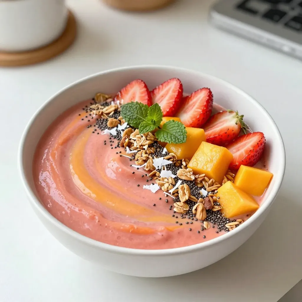 - 1 Tasse gefrorene Erdbeeren - 1 Tasse gefrorene Mangostücke - 1 reife Banane - 1 Tasse ungesüßte Mandelmilch Die Hauptzutaten sind wichtig für den Geschmack und die Textur. Gefrorene Erdbeeren geben dir eine süße Basis. Sie sind auch reich an Vitamin C. Die gefrorenen Mangostücke fügen eine tropische Note hinzu und sind ebenfalls sehr nahrhaft. Eine reife Banane sorgt für die Cremigkeit. Sie hat auch viele wichtige Nährstoffe. Die ungesüßte Mandelmilch macht den Smoothie leicht und vegan. - 1 Esslöffel Honig oder Ahornsirup (optional) Wenn du deinen Smoothie süßer magst, kannst du Honig oder Ahornsirup hinzufügen. Diese Optionen sind natürlich und bringen zusätzlichen Geschmack. Du kannst die Süße nach deinem Gusto anpassen. - Frisch geschnittene Erdbeeren - Gewürfelter Mango - Granola - Chia-Samen - Kokosraspeln - Frische Minzblätter Die Beläge machen dein Gericht bunt und ansprechend. Frisch geschnittene Erdbeeren und gewürfelter Mango bringen Frische. Granola sorgt für einen knusprigen Biss. Chia-Samen sind voller Nährstoffe und geben eine tolle Textur. Kokosraspeln fügen einen tropischen Geschmack hinzu. Frische Minzblätter runden das Ganze ab und machen es noch frischer. {{ingredient_image_2}} Zuerst wählst du gefrorene Früchte aus. Achte darauf, dass die Erdbeeren und Mangos frisch gefroren sind. Das sorgt für einen tollen Geschmack. Nimm eine Tasse von jeder Frucht. Jetzt nimm die Banane und schäle sie. Schneide sie in Stücke. Die Banane macht den Smoothie süß und cremig. Bereite deinen Mixer vor. Stelle sicher, dass er sauber ist und gut funktioniert. Füge die gefrorenen Erdbeeren, Mangostücke, die Banane und die Mandelmilch in den Mixer. Wenn du deinen Smoothie süßer magst, füge auch Honig oder Ahornsirup hinzu. Mixe alles auf hoher Stufe. Halte an, um die Seiten des Mixers abzukratzen. Wenn die Mischung zu dick ist, gib mehr Mandelmilch dazu. Mixe, bis die Mischung glatt und cremig ist. Gieße den Smoothie in eine Schüssel. Das sieht schon toll aus! Jetzt kommt der kreative Teil. Dekoriere deinen Smoothie mit den geschnittenen Erdbeeren, gewürfeltem Mango, Granola, Chia-Samen und Kokosraspeln. Lege alles schön an. Füge frische Minzblätter hinzu. Sie geben einen schönen Farb- und Frischekick. So wird deine Erdbeer-Mango-Smoothie-Schüssel nicht nur lecker, sondern auch schön anzusehen! Um die perfekte Konsistenz für deine Smoothie-Schüssel zu erreichen, kannst du ein paar Tricks anwenden. Wenn deine Mischung zu dick ist, füge mehr Mandelmilch hinzu. Ein Esslöffel kann oft den Unterschied machen. Wenn du gefrorene Bananen verwendest, wird dein Smoothie extra cremig. Sie geben eine schöne Textur und sind einfach zu lagern. Die Präsentation kann den Genuss deines Smoothies steigern. Du solltest die Schalen vorher kühlen. Das hält deinen Smoothie frisch und erfrischend. Dekoriere mit frischen Zutaten, um mehr Farbe zu bringen. Geschnittene Erdbeeren und gewürfelte Mangos sehen toll aus. Ein kleiner Honigstrahl obenauf kann auch gut aussehen. Eine Portion dieser Smoothie-Schüssel hat etwa 250 Kalorien. Diese Schüssel ist reich an Vitaminen und Mineralstoffen. Erdbeeren sind voll von Vitamin C. Mangos enthalten Vitamin A und viele Ballaststoffe. Mandelmilch bietet eine gute Quelle für gesunde Fette. Pro Tipps Frische Zutaten: Verwende frische, reife Früchte für den besten Geschmack und die beste Textur in deiner Smoothie-Schüssel. Variieren der Milch: Du kannst auch Joghurt oder Kokosmilch verwenden, um eine cremigere Konsistenz zu erzielen. Belag kreativ gestalten: Experimentiere mit verschiedenen Toppings wie Nüssen, Samen oder anderen Obstsorten für mehr Abwechslung. Protein hinzufügen: Für einen zusätzlichen Nährstoffschub füge einen Löffel Proteinpulver oder griechischen Joghurt hinzu. {{image_4}} Du kannst deinen Erdbeer-Mango-Smoothie ganz leicht anpassen. Verwende andere Beeren wie Himbeeren oder Blaubeeren. Diese Beeren bringen einen neuen Geschmack. Sie sind auch reich an Antioxidantien. Tropische Früchte sind ebenfalls eine tolle Wahl. Probiere Ananas oder Papaya aus. Diese Früchte machen die Schüssel noch fruchtiger. Sie ergänzen die Süße der Erdbeeren und Mangos perfekt. Wenn du es vegan magst, tausche die Milch aus. Verwende Kokosmilch für ein cremiges Gefühl. Sie gibt auch einen leckeren, tropischen Geschmack. Denk an dein Topping! Wähle glutenfreies Granola. So bleibt die Schüssel für alle diätetischen Bedürfnisse geeignet. Es gibt viele Marken, die leckere Optionen bieten. Toppings machen jeden Smoothie spannend. Du kannst Nüsse oder Samen hinzufügen. Mandeln oder Walnüsse sorgen für einen knusprigen Biss. Chia-Samen sind auch eine gute Wahl. Sie sind gesund und passen gut dazu. Ein cremiger Joghurt oder pflanzliche Alternativen sind auch lecker. Sie machen die Schüssel noch reichhaltiger. Du kannst auch einen Spritzer Honig hinzufügen, wenn du es süßer magst. Wenn du einen Smoothie übrig hast, bewahre ihn im Kühlschrank auf. Stelle sicher, die Schüssel gut abzudecken. So bleibt dein Smoothie frisch. Du kannst ihn auch in einem luftdichten Behälter lagern. Dies hält den Geschmack und die Nährstoffe erhalten. Wenn du den Smoothie für später aufbewahren möchtest, gibt es eine Tiefkühloption. Gieße den Smoothie in Eiswürfelformen oder kleine Behälter. So kannst du ihn später schnell wieder aufwärmen oder mixen. Es ist eine tolle Möglichkeit, um Zeit zu sparen. Der Erdbeer-Mango-Smoothie schmeckt am besten, wenn du ihn innerhalb von 24 Stunden konsumierst. Nach einem Tag kann der Geschmack und die Textur leiden. Du willst ja nicht, dass dein leckerer Smoothie schal wird. Um Verfärbungen zu vermeiden, achte darauf, den Smoothie gut abzudecken. Wenn er Luft bekommt, kann er schnell bräunlich werden. Ein Spritzer Zitronensaft kann helfen, die Farben frisch zu halten. Du kannst die Zutaten im Voraus einfrieren. Gefrorene Erdbeeren und Mangostücke sind perfekt dafür. So hast du immer frische Früchte bereit. Einfach die gefrorenen Früchte in den Mixer geben, wenn du Lust auf einen Smoothie hast. Meal Prep ist eine super Idee für die Woche. Bereite die Portionen vor und bewahre sie im Kühlschrank auf. So kannst du jeden Tag einfach einen Smoothie machen. Das spart Zeit und macht es einfach, gesund zu essen. Wenn du deinen Smoothie süßer magst, gibt es einfache Wege. Du kannst Honig oder Ahornsirup verwenden. Diese Süßungsmittel sind natürlich und fügen Geschmack hinzu. Ein Esslöffel reicht oft aus. Du kannst auch reife Bananen verwenden, da sie von Natur aus süß sind. Ja, frische Früchte sind eine gute Wahl. Sie sind knackig und voller Geschmack. Der Hauptunterschied ist die Konsistenz. Gefrorene Früchte machen den Smoothie cremiger und kühler. Wenn du frische Früchte verwendest, füge etwas Eis hinzu. So erreichst du die gleiche erfrischende Textur. In einer Erdbeer-Mango-Smoothie-Schüssel stecken viele Nährstoffe. Erdbeeren sind reich an Vitamin C und Antioxidantien. Mangos liefern Vitamin A und Folsäure. Bananen bieten Kalium und Ballaststoffe. Mandelmilch hat gesunde Fette und ist laktosefrei. Diese Zutaten machen den Smoothie nicht nur lecker, sondern auch nahrhaft. Dieser Blogbeitrag hat dir gezeigt, wie du eine köstliche Erdbeer-Mango-Smoothie-Schüssel zubereitest. Wir haben die Hauptzutaten besprochen, von gefrorenen Früchten bis zu ungesüßter Mandelmilch. Du hast gelernt, wie du deine Schüssel anrichten und variieren kannst. Die Tipps helfen dir, die Konsistenz zu optimieren und die Präsentation zu verbessern. Mit den richtigen Lagerinformationen bleibst du frischen und gesunden Geschmack. Probiere die vielen Toppings aus und finde deine Lieblingskombination. Deine gesunde Ernährung war nie einfacher. Viel Spaß beim Mixen!