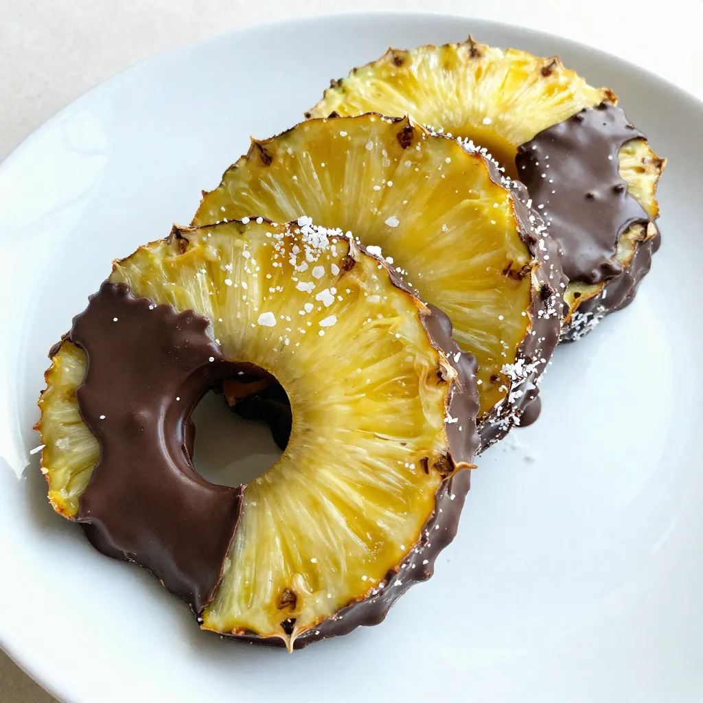 - 1 frische Ananas, geschält und in 1,5 cm dicke Ringe geschnitten - 1 Tasse dunkle Schokoladensplitter oder Schokolade zum Schmelzen - 1 Esslöffel Kokosöl (für eine geschmeidigere Schokolade) Die Hauptzutaten sind einfach und frisch. Eine saftige Ananas ist der Star. Ihre Süße und der frische Geschmack machen diesen Snack besonders. Die dunkle Schokolade bringt die Aromen zusammen. Ich bevorzuge dunkle Schokolade, weil sie weniger Zucker hat. Kokosöl sorgt dafür, dass die Schokolade schön schmilzt und glänzt. - Meersalz - Geraspelter Kokos - Gehackte Nüsse Die optionalen Zutaten sind eine tolle Ergänzung. Ein Hauch von Meersalz verstärkt den Geschmack. Geraspelter Kokos gibt einen tollen Crunch. Gehackte Nüsse bringen auch eine schöne Textur. Du kannst auch deine Lieblingstoppings wählen. So wird jeder Biss einzigartig. {{ingredient_image_2}} Zuerst musst du die Ananas schälen. Nimm ein scharfes Messer und schneide die Schale ab. Achte darauf, die Augen der Ananas zu entfernen. Danach schneide die Ananas in Ringe, die etwa 1,5 cm dick sind. Wenn du magst, kannst du das Kernstück mit einem kleinen Ausstecher entfernen. Das ist optional, aber es macht die Ringe schöner und leichter zu essen. Nimm eine mikrowellengeeignete Schüssel und lege die dunklen Schokoladensplitter hinein. Füge den Esslöffel Kokosöl hinzu. Das Kokosöl hilft der Schokolade, glatt und geschmeidig zu werden. Erhitze die Mischung in der Mikrowelle. Stelle die Mikrowelle auf 30 Sekunden ein. Rühre nach jeder Runde um, bis die Schokolade vollständig geschmolzen ist. Lege ein Backblech mit Backpapier aus. Tauche jede Ananasscheibe vollständig in die geschmolzene Schokolade. Achte darauf, dass sie gleichmäßig bedeckt ist. Lass die überschüssige Schokolade abtropfen, bevor du die Ringe auf das Backblech legst. Wenn du magst, streue etwas Meersalz oder geraspelten Kokos darüber. Das gibt einen tollen Geschmack. Stelle das Blech dann für etwa 30 Minuten in den Kühlschrank, bis die Schokolade fest ist. Um die beste Schokoladenschicht zu bekommen, wähle die richtige Schokolade. Ich empfehle dunkle Schokolade, weil sie gut mit der Süße der Ananas harmoniert. Schokolade mit einem hohen Kakaoanteil sorgt für einen tollen Geschmack. Die Konsistenz der Schokolade ist ebenfalls wichtig. Um die Schokolade geschmeidig zu machen, füge einen Esslöffel Kokosöl hinzu. Das Öl sorgt für ein glattes Ergebnis. Wenn du die Schokolade in der Mikrowelle schmelzen lässt, mache es in kurzen Intervallen. So verbrennst du die Schokolade nicht. Rühre zwischen den Intervallen gut um, bis die Mischung glatt ist. Die Wahl zwischen frischer Ananas und Dosenananas ist wichtig. Frische Ananas hat einen besseren Geschmack und eine festere Textur. Dosenananas kann jedoch praktisch sein. Achte darauf, sie gut abtropfen zu lassen. Die Lagerung der Ananas vor der Verwendung spielt auch eine Rolle. Wenn du frische Ananas kaufst, lagere sie kühl und trocken. Eine unreife Ananas kann einige Tage bei Raumtemperatur reifen. Nach dem Schneiden bewahre die Ananasscheiben in einem luftdichten Behälter im Kühlschrank auf. So bleiben sie frisch und saftig. Pro Tipps Frische Ananas wählen: Wählen Sie eine reife Ananas, die fest und schwer ist. Achten Sie darauf, dass die Schale gleichmäßig gefärbt ist und der Duft süßlich ist. Schokolade temperieren: Um ein glänzendes Finish zu erzielen, temperieren Sie die Schokolade, indem Sie sie langsam schmelzen und dann leicht abkühlen lassen, bevor Sie die Ananasscheiben eintauchen. Kokosöl für die Textur: Fügen Sie Kokosöl zur Schokolade hinzu, um eine glattere und geschmeidigere Schokoladenschicht zu erhalten, die besser an der Ananas haftet. Variationen ausprobieren: Experimentieren Sie mit verschiedenen Toppings wie gehackten Mandeln, Pistazien oder sogar geschmolzener weiße Schokolade für ein kreatives Dessert. {{image_4}} Eine der besten Möglichkeiten, schokoladenüberzogene Ananasringe zu variieren, ist die Auswahl der Beläge. Hier sind zwei meiner Favoriten: - Geraspelter Kokos: Dieser Belag bringt eine tropische Note. Der Kokosgeschmack harmoniert perfekt mit der süßen Ananas und der dunklen Schokolade. Einfach die Ananasringe nach dem Eintauchen in die geschmolzene Schokolade in Kokos wälzen. - Gehackte Nüsse: Nüsse sorgen für einen knusprigen Biss. Mandeln oder Walnüsse passen besonders gut. Hacken Sie die Nüsse grob und drücken Sie die Ananasringe sanft hinein, nachdem Sie sie in die Schokolade getaucht haben. Neben der dunklen Schokolade können Sie auch mit verschiedenen Schokoladensorten experimentieren. - Weiße Schokolade: Sie ist süßer und cremiger. Weiße Schokolade bringt einen tollen Kontrast zur frischen Ananas. Schmelzen Sie sie wie die dunkle Schokolade und tauchen Sie die Ringe ein. - Milchschokolade: Diese Sorte ist ebenfalls eine gute Wahl. Sie hat einen milden Geschmack und ist bei vielen beliebt. Der Geschmack der Milchschokolade ergänzt die Ananas hervorragend. Durch diese Variationen können Sie die Ananasringe ganz nach Ihrem Geschmack gestalten. Wenn Sie schokoladeneingehüllte Ananasringe zubereiten, ist die richtige Lagerung wichtig. - Kühlschranklagerung: Lagern Sie die Ananasringe in einem luftdichten Behälter im Kühlschrank. So bleiben sie frisch und lecker. Die Kälte hilft, die Schokolade fest zu halten. - Gefrieroptionen: Sie können die Ringe auch einfrieren. Legen Sie die Ringe auf ein Backblech und frieren Sie sie ein. Sobald sie gefroren sind, packen Sie sie in einen Gefrierbeutel. So bleiben sie bis zu zwei Monate haltbar. Die Haltbarkeit hängt von der Frische der Ananas ab. - Frische Ananas: Wenn Sie frische Ananas verwenden, bleiben die Ringe im Kühlschrank etwa 3 bis 5 Tage frisch. - Haltbarkeitsdauer: Gefrorene Ananasringe halten bis zu zwei Monate. Achten Sie darauf, sie gut zu verpacken, damit sie nicht an Geschmack verlieren. Durch die richtige Lagerung genießen Sie jederzeit diese köstlichen Ananasringe. Schokoladenüberzogene Ananasringe bleiben im Kühlschrank frisch. Sie halten etwa 3 bis 5 Tage. Lagern Sie sie in einem luftdichten Behälter. So bleibt die Schokolade knackig und die Ananas saftig. Wenn Sie die Ananasscheiben länger aufbewahren möchten, können Sie sie auch einfrieren. Legen Sie die Ringe auf ein Backblech und frieren Sie sie ein. Nach ein paar Stunden können Sie sie in einem Gefrierbeutel lagern. So halten sie bis zu 2 Monate. Ja, Sie können auch andere Früchte verwenden. Erdbeeren, Bananen oder Äpfel schmecken ebenfalls gut mit Schokolade. Diese Früchte haben einen ähnlichen Geschmack und eine gute Textur. Kombinieren Sie verschiedene Früchte für mehr Abwechslung. Zum Beispiel können Sie Ananas und Erdbeeren zusammen verwenden. So erhalten Sie eine bunte und leckere Mischung. Eine Portion enthält etwa 150 Kalorien. Die genaue Zahl hängt von der Schokolade und den Zutaten ab. Die Ananasscheiben sind reich an Vitamin C. Schokolade enthält Antioxidantien, die gut für das Herz sind. Diese Snacks sind eine gesunde Wahl für Süßigkeiten. Schokoladengehüllte Ananas sind einfach lecker und leicht zuzubereiten. Wir haben die besten Zutaten wie frische Ananas, dunkle Schokolade und Kokosöl genutzt. Die Anleitung zeigt dir, wie du die Ananas vorbereitest und die Schokolade schmelzt. Denke an unsere Tipps für die perfekte Schokoladenschicht und lagere die Ananas richtig. Du kannst auch Variationen mit anderen Schokoladensorten ausprobieren. Nutze die FAQs, um mehr über Haltbarkeit und Alternativen zu erfahren. Jetzt weißt du, wie du einen tollen Snack zauberst!