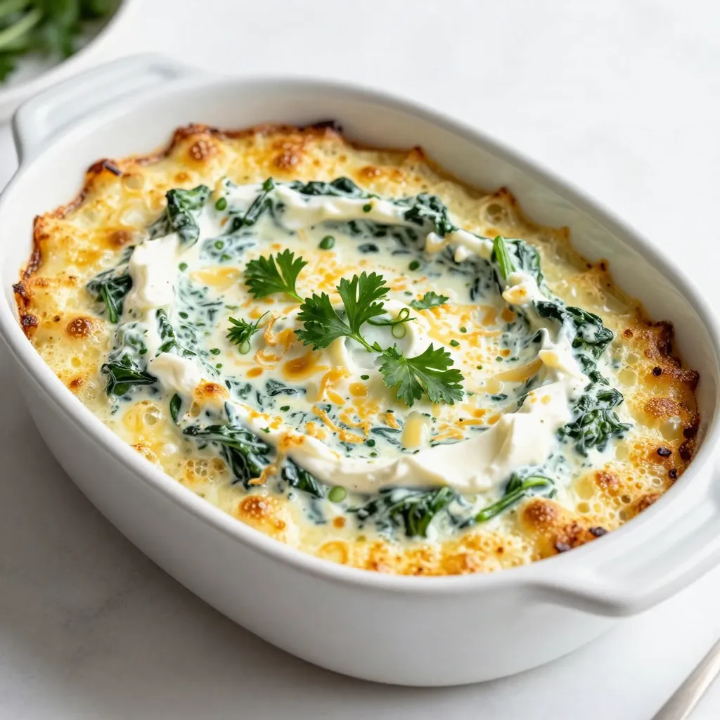 Für den perfekten gerösteten Knoblauch Spinat Dip brauchst du einige Hauptzutaten: - 1 Knoblauchknolle - 2 Esslöffel Olivenöl - 2 Tassen frischer, gehackter Spinat - 1 Tasse Frischkäse, weich - 1/2 Tasse saure Sahne - 1/2 Tasse griechischer Joghurt - 1 Tasse geriebener Mozzarella-Käse - 1/2 Tasse geriebener Parmesan-Käse - 1 Teelöffel Zwiebelpulver - 1 Teelöffel Salz - 1/2 Teelöffel schwarzer Pfeffer - 1/4 Teelöffel rote Pfefferflocken (optional) - Frische Kräuter zur Garnitur (zum Beispiel Petersilie oder Schnittlauch) Diese Zutaten sorgen für einen reichen Geschmack und eine cremige Textur. Der geröstete Knoblauch bringt Süße und Tiefe in den Dip. Du kannst deinen Dip mit einigen optionalen Zutaten aufpeppen: - 1/2 Tasse Artischockenherzen, gehackt - 1/2 Tasse getrocknete Tomaten, gehackt - 1 Teelöffel Zitronensaft für Frische - 1 Teelöffel Rauchpaprika für einen rauchigen Geschmack Diese Zusätze können das Aroma des Dips verändern. Es macht ihn noch spannender und anpassbar. Wähle frischen Spinat für den besten Geschmack. Achte darauf, dass der Spinat knackig und grün ist. Verwende reifen Knoblauch, um eine volle Aromen zu erhalten. Der Frischkäse sollte weich sein, damit er gut mit den anderen Zutaten vermischt wird. Hochwertige Käsesorten bringen zusätzlichen Geschmack. Experimentiere mit frischen Kräutern für mehr Frische. {{ingredient_image_2}} Heize deinen Ofen auf 200°C vor. Nimm eine Knoblauchknolle und schneide die Spitze ab. Das bringt die Zehen zum Vorschein. Beträufle sie mit 1 Esslöffel Olivenöl. Wickele die Knolle in Aluminiumfolie. Röste sie im Ofen für 30 bis 35 Minuten. Die Zehen sollten weich und karamellisiert sein. Lass den Knoblauch etwas abkühlen und drücke die Zehen aus der Haut. In einer großen Pfanne erhitzt du 1 Esslöffel Olivenöl bei mittlerer Hitze. Füge 2 Tassen gehackten Spinat hinzu. Brate den Spinat für 2 bis 3 Minuten. Er sollte zusammenfallen. Nimm die Pfanne vom Herd und lasse den Spinat abkühlen. Nimm eine Rührschüssel und kombiniere den gerösteten Knoblauch, 1 Tasse Frischkäse, 1/2 Tasse saure Sahne und 1/2 Tasse griechischen Joghurt. Füge 1 Tasse geriebenen Mozzarella und 1/2 Tasse Parmesan hinzu. Gib 1 Teelöffel Zwiebelpulver, 1 Teelöffel Salz und 1/2 Teelöffel schwarzen Pfeffer dazu. Wenn du magst, kannst du auch 1/4 Teelöffel rote Pfefferflocken hinzufügen. Verwende einen Handmixer, um alles glatt und cremig zu machen. Rühre den abgekühlten Spinat in die Mischung. Achte darauf, dass alles gut verteilt ist. Heize deinen Ofen auf 175°C vor. Gib die Dip-Mischung in eine Auflaufform. Verteile sie gleichmäßig. Backe den Dip 25 bis 30 Minuten lang. Er sollte sprudelnd und goldbraun sein. Nimm die Form aus dem Ofen. Lass den Dip ein paar Minuten abkühlen. Garniere ihn mit frischen Kräutern wie Petersilie oder Schnittlauch. Serviere den Dip warm mit Pita-Brot, Chips oder Gemüsesticks. Um den perfekten Dip zu machen, achte auf frische Zutaten. Frischer Spinat bringt mehr Geschmack. Röste den Knoblauch gut, bis er weich ist. Das gibt dem Dip eine süße Note. Achte darauf, den Frischkäse gut zu vermischen. So wird der Dip schön cremig. Verwende einen Handmixer für die beste Textur. Du kannst auch mehr Käse für einen reichhaltigen Geschmack hinzufügen. Du kannst den Dip im Voraus zubereiten. Mische alles zusammen und lege es in eine Auflaufform. Decke die Form ab und stelle sie in den Kühlschrank. Am Tag des Servierens heize den Ofen auf 175°C. Backe den Dip 30 Minuten lang. Wenn du ihn aufwärmen musst, kannst du ihn auch in der Mikrowelle erhitzen. Achte darauf, ihn regelmäßig umzurühren, damit er gleichmäßig warm wird. Ein häufiger Fehler ist, den Knoblauch nicht lange genug zu rösten. Er muss weich und leicht karamellisiert sein. Ein weiterer Fehler ist, den Spinat nicht gut auszudrücken. Zu viel Wasser macht den Dip wässrig. Achte auch darauf, die Gewürze gut abzuwiegen. Zu viel Salz kann den Geschmack ruinieren. Wenn du das beachtest, wird dein Dip immer lecker! Pro Tipps Knoblauch perfekt rösten: Achten Sie darauf, den Knoblauch nicht zu lange zu rösten, da er sonst bitter werden kann. Die Zehen sollten weich und karamellisiert sein, um den besten Geschmack zu erzielen. Frischen Spinat verwenden: Verwenden Sie frischen Spinat für den besten Geschmack und die beste Textur. Tiefgefrorener Spinat kann zu viel Flüssigkeit enthalten, die den Dip verwässern könnte. Variationen des Käses: Experimentieren Sie mit verschiedenen Käsesorten wie Feta oder Gouda, um dem Dip eine persönliche Note zu verleihen und verschiedene Geschmäcker zu erkunden. Dip im Voraus zubereiten: Sie können den Dip im Voraus zubereiten und im Kühlschrank aufbewahren. Backen Sie ihn kurz vor dem Servieren, um ihn warm und lecker zu genießen. {{image_4}} Um eine vegane Version dieses Dips zu machen, ersetzen Sie den Frischkäse. Probieren Sie stattdessen Cashew-Creme oder pflanzlichen Frischkäse. Für die saure Sahne nehmen Sie einen pflanzlichen Joghurt. Auch der Joghurt kann auf eine pflanzliche Marke umgestellt werden. Der Mozzarella-Käse kann durch vegane Käsealternativen ersetzt werden. Diese Optionen sorgen für einen cremigen und leckeren Dip, ganz ohne tierische Produkte. Für eine glutenfreie Version nutzen Sie einfach glutenfreies Brot oder Chips zum Dippen. Alle anderen Zutaten im Rezept sind von Natur aus glutenfrei. Achten Sie darauf, dass die Marken, die Sie wählen, kein Gluten enthalten. So können alle genießen, ohne sich Sorgen zu machen. Um dem Dip mehr Geschmack zu verleihen, können Sie verschiedene Gewürze hinzufügen. Fügen Sie Knoblauchpulver für mehr Knoblauchgeschmack hinzu. Für eine scharfe Note nutzen Sie mehr rote Pfefferflocken. Ein Spritzer Zitronensaft bringt Frische und Helligkeit. Kräuter wie Thymian oder Oregano geben dem Dip eine neue Dimension. Probieren Sie verschiedene Kombinationen aus, um Ihren persönlichen Favoriten zu finden. Der geröstete Knoblauch Spinat Dip hält sich im Kühlschrank etwa 3 bis 5 Tage. Bewahre ihn in einem luftdichten Behälter auf, um die Frische zu erhalten. Vor dem Servieren kannst du ihn kurz umrühren. So bleibt er cremig. Du kannst den Dip auch einfrieren. Fülle ihn in einen gefrierfesten Behälter. Achte darauf, etwas Platz zu lassen, da sich die Mischung ausdehnen kann. Der Dip hält sich bis zu 3 Monate im Gefrierfach. Zum Auftauen lege ihn über Nacht in den Kühlschrank. Erhitze ihn dann langsam in der Mikrowelle oder im Ofen. Hast du Reste? Nutze sie kreativ! Du kannst den Dip als Füllung für Omelettes verwenden oder ihn auf einem Sandwich verteilen. Er passt auch gut zu Pasta oder als Topping für gebackene Kartoffeln. So wird nichts verschwendet und du genießt neue Gerichte! Um den Dip schärfer zu machen, füge einfach mehr rote Pfefferflocken hinzu. Diese kleinen Flocken bringen viel Geschmack. Du kannst auch frische Chilis oder Jalapeños hinzufügen. Hacke sie fein und mische sie in die Dip-Mischung. Beginne mit einer kleinen Menge und probiere den Dip. So kannst du die Schärfe nach deinem Geschmack anpassen. Ja, der Dip ist auch kalt lecker! Viele genießen ihn als kalte Vorspeise. Du kannst ihn einfach im Kühlschrank aufbewahren. Lass ihn ein paar Stunden ziehen, damit sich die Aromen gut entfalten. Kalt passt er gut zu Crackern oder frischem Gemüse. Ja, du kannst andere Käsesorten verwenden! Probiere Cheddar oder Gouda für einen anderen Geschmack. Auch Feta-Käse kann für einen salzigen Kick sorgen. Misch die Käsesorten nach deinem Geschmack. Experimentiere mit verschiedenen Kombinationen, um deinen perfekten Dip zu finden. Der geröstete Knoblauch Spinat Dip vereint einfache Zutaten mit einem großartigen Geschmack. Wir haben über die Hauptzutaten und Optionen für Variationen gesprochen. Ich teilte meine Tipps zur Auswahl und Zubereitung. Den perfekten Dip zu schaffen ist einfach, wenn man einige Tricks kennt. Denken Sie daran, den Dip gut aufzubewahren, damit er lange frisch bleibt. Experimentieren Sie mit Gewürzen und Käse, um Ihren eigenen Stil zu finden. Genießen Sie diesen leckeren Dip bei Ihrer nächsten Feier oder als Snack!