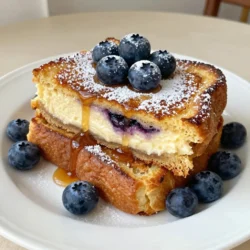 - 8 Scheiben dickes Brot - 113 g Frischkäse - 2 Tassen frische Blaubeeren - 30 g Puderzucker - 1 Teelöffel Vanilleextrakt - 240 ml Milch - 1 Teelöffel Zimt - 1 Esslöffel Butter - Ahornsirup zum Servieren Um den perfekten Blaubeer-Käsekuchen-Toast zu machen, brauchst du frische und hochwertige Zutaten. Ich empfehle, dickes Brot wie Brioche oder Challah zu verwenden. Diese Brotsorten geben dem Toast die nötige Struktur und einen tollen Geschmack. Verwende 113 Gramm weichen Frischkäse. Dieser sorgt für die cremige Füllung und macht den Toast besonders lecker. Die frischen Blaubeeren sind ein Muss! Sie bringen nicht nur Farbe, sondern auch einen fruchtigen Geschmack. Für die süße Note mischen wir 30 Gramm Puderzucker und 1 Teelöffel Vanilleextrakt in die Frischkäsemasse. Dies macht den Toast noch schmackhafter. Wir benötigen auch 240 Milliliter Milch, um die Eiermischung zu binden. Diese Mischung gibt dem Toast eine schöne, goldene Kruste. Ein Teelöffel Zimt bringt eine warme Note in das Gericht. Die Butter ist wichtig, um die Pfanne zu fetten. Schließlich verfeinert Ahornsirup den Toast beim Servieren. Sammle alle diese Zutaten und du bist bereit, ein köstliches Frühstück zu zaubern! {{ingredient_image_2}} Zuerst nimmst du eine mittelgroße Schüssel. Dort gibst du den weichen Frischkäse, Puderzucker und Vanilleextrakt. Verrühre alles gut, bis die Mischung glatt und cremig ist. Dann nimmst du die Blaubeeren. Hebe sie vorsichtig unter die Frischkäsemasse. Achte darauf, dass die Blaubeeren ganz bleiben. Stelle die Mischung zur Seite, während du die Eiermischung machst. Nimm eine große Schüssel und schlage die Eier auf. Füge die Milch und den Zimt hinzu. Verquirle alles gut, bis die Mischung gleichmäßig ist. Diese Mischung wird später wichtig, um den Toast schön goldbraun zu braten. Jetzt kommt der spaßige Teil. Nimm eine Scheibe Brot und bestreiche eine Seite großzügig mit der Blaubeer-Käsekuchen-Mischung. Lege eine zweite Scheibe Brot darauf, um ein Sandwich zu bilden. Tauche das Sandwich in die Eiermischung. Achte darauf, dass beide Seiten gut bedeckt sind. Erhitze eine große Pfanne bei mittlerer Hitze und füge einen Esslöffel Butter hinzu. Wenn die Butter geschmolzen ist, lege das Sandwich in die Pfanne. Brate es etwa 3-4 Minuten auf jeder Seite, bis es goldbraun ist. Wiederhole diesen Schritt mit den restlichen Sandwiches. Serviere die Toasts warm mit Ahornsirup und, wenn du magst, noch mehr frischen Blaubeeren. Für den besten Geschmack wähle dickes Brot. Brioche oder Challah sind ideal. Diese Brote sind weich und saugfähig. Sie halten die Füllung gut und geben ein tolles Mundgefühl. Du kannst auch andere Brotsorten probieren, wenn du magst. Achte darauf, dass das Brot frisch ist. Altbackenes Brot kann trocken sein und die Füllung nicht gut halten. Die Hitze ist beim Braten sehr wichtig. Stelle die Pfanne auf mittlere Hitze ein. Zu hohe Hitze kann das Brot außen verbrennen, während es innen roh bleibt. Schmelze etwas Butter in der Pfanne. Achte darauf, die Sandwiches nicht zu überladen. Brate sie in kleinen Portionen, damit sie gleichmäßig garen. Drehe die Sandwiches vorsichtig, um die Füllung nicht zu verlieren. Das Anrichten ist wichtig für die Präsentation. Stapel die Toasts schön auf einem Teller. Bestäube sie mit Puderzucker für einen süßen Look. Träufle etwas Ahornsirup darüber, um zusätzlichen Geschmack zu geben. Füge frische Blaubeeren als Garnitur hinzu. Das sieht nicht nur gut aus, sondern schmeckt auch frisch und lecker. Pro Tipps Brotwahl: Verwenden Sie dickeres Brot wie Brioche oder Challah, um die Füllung gut zu halten und ein optimales Geschmackserlebnis zu gewährleisten. Frischkäse richtig zubereiten: Stellen Sie sicher, dass der Frischkäse gut weichgerührt ist, um eine glatte und cremige Füllung zu erhalten, die einfacher zu verteilen ist. Frische Blaubeeren: Wenn Sie frische Blaubeeren verwenden, waschen Sie sie vorsichtig, um sie nicht zu zerdrücken, und heben Sie sie zuletzt unter die Frischkäsemasse. Perfekte Bräunung: Achten Sie darauf, die Sandwiches nicht zu überfüllen, damit sie gleichmäßig bräunen und nicht an der Pfanne haften bleiben. {{image_4}} Du kannst dieses Rezept ganz einfach mit anderen Früchten anpassen. Himbeeren, Erdbeeren oder sogar Brombeeren sind großartige Optionen. Diese Früchte bringen frische Aromen und viele Nährstoffe. Wenn du frische Beeren verwendest, achte darauf, sie sanft zu behandeln. So bleiben sie ganz und geben einen schönen Biss. Du kannst auch gemischte Beeren nutzen, um noch mehr Geschmäcker zu entdecken. Für eine vegane Version kannst du Eier und Milch durch pflanzliche Alternativen ersetzen. Verwende Sojamilch oder Mandelmilch anstelle der normalen Milch. Statt der Eier kannst du eine Mischung aus Leinsamen und Wasser nutzen. Diese Mischung besteht aus einem Esslöffel gemahlenen Leinsamen und drei Esslöffeln Wasser. Lass es kurz quellen, bevor du es zu den anderen Zutaten gibst. So bekommst du eine ähnliche Konsistenz und einen tollen Geschmack. Um deinem Blaubeer-Käsekuchen-Toast eine besondere Note zu verleihen, kannst du Gewürze hinzufügen. Zimt ist schon im Rezept, aber auch Muskatnuss passt gut dazu. Eine Prise Muskatnuss gibt dem Toast einen warmen, nussigen Geschmack. Experimentiere mit anderen Gewürzen wie Vanille oder sogar etwas Ingwer. Diese kleinen Änderungen machen dein Frühstück noch aufregender! Um übrig gebliebene Blaubeer-Käsekuchen-Toasts frisch zu halten, lege sie in einen luftdichten Behälter. Du kannst auch Frischhaltefolie verwenden, um die Toasts abzudecken. Stelle sicher, dass sie vollständig abgekühlt sind, bevor du sie lagerst. So bleiben sie weich und lecker. Für den besten Geschmack erwärmst du die Toasts in einer Pfanne. Erhitze die Pfanne bei mittlerer Hitze und lege die Toasts hinein. Brate sie etwa 2-3 Minuten auf jeder Seite, bis sie warm sind. Du kannst auch einen Toaster benutzen, aber achte darauf, dass sie nicht zu knusprig werden. Die Reste bleiben im Kühlschrank etwa 3 Tage frisch. Achte darauf, sie gut verpackt zu lagern. Wenn du sie länger aufbewahren möchtest, kannst du sie auch einfrieren. In einem luftdichten Behälter halten sie sich bis zu 2 Monate im Gefrierschrank. Ja, gefrorene Blaubeeren sind eine gute Wahl. Sie sind praktisch und oft günstiger. Um sie zu verwenden, tauen Sie die Blaubeeren einfach auf. Legen Sie sie in ein Sieb und lassen Sie sie bei Raumtemperatur stehen. So verlieren sie nicht zu viel Flüssigkeit. Sie können auch warmes Wasser verwenden, um sie schneller aufzutauen. Denken Sie daran, die Blaubeeren vorsichtig zu behandeln, damit sie nicht zerdrücken. Für den besten Geschmack empfehle ich dickes Brot. Brioche oder Challah sind ideal. Diese Brotsorten sind weich und süß. Sie saugen die Eiermischung gut auf. Das macht den Toast besonders lecker. Verwenden Sie kein dünnes Brot, da es schnell matschig wird. Dickes Brot gibt Ihnen die beste Textur und den besten Geschmack. Es gibt viele Wege, dieses Rezept anzupassen. Sie können andere Früchte wie Himbeeren oder Erdbeeren verwenden. Experimentieren Sie auch mit Gewürzen. Hinzufügen von Zimt oder Muskatnuss kann den Geschmack verändern. Wenn Sie eine vegane Option möchten, ersetzen Sie Eier und Milch. Verwenden Sie pflanzliche Milch und Chia-Samen für die Eier. Seien Sie kreativ und finden Sie Ihre Lieblingskombination! In diesem Blogbeitrag haben wir die besten Zutaten und Schritte für einen leckeren Blaubeer-Toast behandelt. Von der perfekten Brotauswahl bis zu tollen Variationen bietet dieses Rezept viele Möglichkeiten. Denken Sie daran, frische Blaubeeren sind der Schlüssel zu vollem Geschmack. Experimentieren Sie mit verschiedenen Obstsorten oder sogar einer veganen Variante. Lassen Sie Ihre kreativen Ideen fließen! Genießen Sie jedes Stück und machen Sie jeden Biss unvergesslich. Viel Spaß beim Kochen und Servieren!