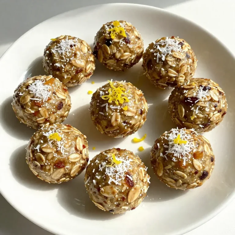 - 1 Tasse entsteinte Datteln - 1 Tasse zarte Haferflocken - 1/2 Tasse ungesüßte Kokosraspeln - 1/4 Tasse Mandelbutter (oder jede Nussbutter deiner Wahl) - Schale von 1 Zitrone (abgerieben) - 2 Esslöffel frischer Zitronensaft - 1 Esslöffel Honig (oder Ahornsirup für eine vegane Option) - Eine Prise Salz - Extra Kokosraspeln zum Wälzen Ich empfehle, hochwertige Datteln zu verwenden. Medjool-Datteln sind süß und weich. Für die Haferflocken wähle zarte Sorten. Sie vermischen sich gut und geben die richtige Konsistenz. Achte bei der Kokosnuss auf ungesüßte Raspeln. So bleibst du beim Zuckergehalt niedrig. Mandelbutter ist toll, aber Erdnussbutter funktioniert auch gut. Diese Energie-Bällchen bieten viele Nährstoffe. Sie enthalten Ballaststoffe aus Datteln und Haferflocken. Diese helfen bei der Verdauung und sorgen für langanhaltende Energie. Kokosraspeln liefern gesunde Fette, die wichtig für die Herzgesundheit sind. Zitronensaft und -schale geben Vitamin C, was dein Immunsystem stärkt. Mandelbutter fügt Proteine und gesunde Fette hinzu. Diese Bällchen sind ein nahrhafter Snack, der dich zufrieden hält! {{ingredient_image_2}} Zuerst nimmst du eine Küchenmaschine. Gib die entsteinten Datteln, Haferflocken, Kokosraspeln und Mandelbutter hinein. Pulsieren, bis die Mischung klebrig und gut vermischt ist. Die Konsistenz sollte zusammenhalten, wenn du sie drückst. Jetzt fügst du die Zitronenschale und den Zitronensaft hinzu. Auch der Honig oder der Ahornsirup kommt jetzt rein. Ein Hauch von Salz verstärkt den Geschmack. Mixe alles erneut, bis die Zutaten gut vermischt sind. Nimm dir mit den Händen etwa einen Esslöffel der Mischung. Rolle die Mischung zu einer kleinen Kugel. Das macht Spaß! Wiederhole diesen Schritt, bis du alle Bällchen geformt hast. Du solltest etwa zwölf Bällchen erhalten. Wälze jede Kugel in den extra Kokosraspeln. Das gibt einen tollen Finish! Lege die Bällchen auf ein mit Backpapier belegtes Blech. Stelle sie für mindestens 30 Minuten in den Kühlschrank. So werden sie fest und lecker. Serviere die Bällchen in einer schönen Schale. Eine kleine Garnitur mit frischer Zitronenschale sieht klasse aus. So wird dein Snack noch ansprechender! Um die perfekte Konsistenz zu erreichen, achte auf die richtige Menge Datteln. Sie sind der Schlüssel zur Klebrigkeit. Wenn die Mischung zu trocken ist, füge etwas Wasser oder mehr Mandelbutter hinzu. Die Mischung sollte fest, aber formbar sein. Eine gute Mischung bleibt in deiner Hand, wenn du sie drückst. Das bedeutet, dass du bereit bist, die Bällchen zu formen. Ein häufiger Fehler ist, die Zutaten nicht gut genug zu vermischen. Die Zutaten müssen gleichmäßig verteilt sein. Wenn du die Mischung zu kurz pulsierst, erhältst du klumpige Bällchen. Stelle sicher, dass alle Zutaten gut vermischt sind. Achte darauf, die Mischung nicht zu lange zu verarbeiten. Sonst könnte sie zu flüssig werden. Du kannst den Geschmack mit weiteren Zutaten aufpeppen. Probiere, geröstete Nüsse oder Samen hinzuzufügen. Ein Hauch von Vanille kann ebenfalls sehr lecker sein. Für mehr Frische kannst du auch Minze oder Ingwer probieren. Diese Ergänzungen bringen neue Aromen und machen die Bällchen noch interessanter. Pro Tipps Frische Zutaten verwenden: Achte darauf, frische Datteln und Zitrone zu verwenden, um den besten Geschmack und die besten Nährstoffe zu gewährleisten. Variationen ausprobieren: Experimentiere mit verschiedenen Nussbutter-Sorten oder füge zusätzliche Zutaten wie Chiasamen oder Kakaopulver hinzu, um neue Geschmacksrichtungen zu entdecken. Aufbewahrung: Bewahre die Energie-Bällchen in einem luftdichten Behälter im Kühlschrank auf, wo sie bis zu einer Woche frisch bleiben. Für mehr Süße anpassen: Wenn du es süßer magst, füge einen weiteren Esslöffel Honig oder Ahornsirup hinzu, um den Geschmack zu intensivieren. {{image_4}} Für die vegane Version der Zitronen-Kokos-Energie-Bällchen kannst du ganz einfach Honig durch Ahornsirup ersetzen. Ahornsirup sorgt für die nötige Süße und bleibt dabei rein pflanzlich. Dies macht die Energie-Bällchen perfekt für Veganer. Du kannst auch andere Nussbutter verwenden, wie Erdnuss- oder Cashewbutter. Wenn du Allergien hast, gibt es viele Anpassungen. Du kannst Haferflocken durch glutenfreie Haferflocken ersetzen, um sie glutenfrei zu machen. Für Nussallergien kannst du die Nussbutter durch Sonnenblumenbutter ersetzen. Achte auch darauf, dass die Kokosraspeln und die Datteln keine Zusätze enthalten. Die Zitronen-Kokos-Energie-Bällchen sind sehr anpassbar. Du kannst Schokoladenstückchen oder Kakaopulver hinzufügen, um einen schokoladigen Geschmack zu erhalten. Wenn du Nüsse magst, füge gehackte Mandeln oder Walnüsse hinzu. Das bringt zusätzlichen Crunch und Geschmack. Du bist der Koch, also sei kreativ! Um die Zitronen-Kokos-Energie-Bällchen frisch zu halten, sollten Sie sie richtig lagern. Bewahren Sie die Bällchen in einem luftdichten Behälter auf. Ein Glasbehälter oder eine Plastiktüte mit Reißverschluss funktioniert gut. So bleibt die Feuchtigkeit drin, aber die Bällchen trocknen nicht aus. Die Energie-Bällchen bleiben im Kühlschrank etwa eine Woche frisch. Sie sind ein toller Snack für unterwegs. Achten Sie darauf, die Bällchen nicht zu lange draußen zu lassen. Bei Raumtemperatur könnten sie schneller verderben. Wenn Sie mehr Bällchen machen, können Sie sie auch einfrieren. Legen Sie die Bällchen einfach in einen gefrierfesten Behälter. So halten sie sich bis zu drei Monate. Zum Auftauen lassen Sie sie einfach bei Raumtemperatur stehen. Oder legen Sie sie in den Kühlschrank, um sie sanft aufzutauen. So bleibt der Geschmack frisch und lecker. Eine Portion besteht aus etwa 2 bis 3 Energie-Bällchen. Das hängt jedoch von deinem Hunger ab. Wenn du einen Snack brauchst, sind 2 Bällchen perfekt. Für einen größeren Hunger sind 3 Bällchen ideal. Du kannst die Anzahl leicht anpassen, je nach deinem Bedarf. Ja, du kannst andere Nüsse verwenden. Mandeln sind toll, aber auch Cashews oder Erdnüsse passen gut. Wenn du keine Nüsse magst, nutze Sonnenblumenkerne oder Kürbiskerne. Diese Optionen geben den Bällchen einen anderen Geschmack. Experimentiere ruhig, um deinen Favoriten zu finden. Um die Bällchen süßer zu machen, füge mehr Honig oder Ahornsirup hinzu. Ein weiterer Trick ist, Datteln zu pürieren. Datteln sind von Natur aus süß und machen die Bällchen lecker. Du kannst auch Schokoladenstückchen hinzufügen. Diese machen die Bällchen noch süßer und schokoladiger. Energie-Bällchen sind einfach zuzubereiten und super lecker. Wir haben die besten Zutaten, Tipps und Tricks besprochen. Mit verschiedenen Variationen kann jeder etwas finden, das ihm schmeckt. Richtig lagern sorgt dafür, dass die Bällchen frisch bleiben. Denke daran, dass die Portionen wichtig sind, um die Balance zu halten. Probiere neue Nüsse und Süßungsmittel aus. So gestaltest du deine Snacks noch besser. Viel Spaß beim Experimentieren mit deinen eigenen Energie-Bällchen!