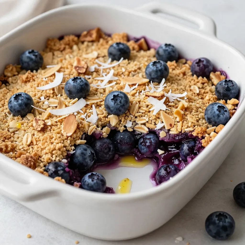 Für diesen leckeren Blaubeer-Kokos-Crumble brauchen wir einige wichtige Zutaten. Diese sind: - 2 Tassen frische oder gefrorene Heidelbeeren - 1 Esslöffel Zitronensaft - 1 Tasse Mandelmehl - 1 Tasse ungesüßte Kokosraspel - 1/2 Tasse Haferflocken - 1/4 Tasse brauner Zucker oder Kokoszucker - 1/2 Teelöffel Zimt - 1/4 Teelöffel Salz - 1/2 Tasse geschmolzenes Kokosöl - 1/4 Tasse gehackte Nüsse, wie Mandeln oder Pekannüsse Die Heidelbeeren geben dem Crumble eine süße, fruchtige Note. Das Mandelmehl sorgt für einen nussigen Geschmack. Die Kokosraspel und das Kokosöl bringen eine tropische Frische in das Gericht. Der Zitronensaft hebt den Geschmack der Heidelbeeren hervor. Er bringt eine feine Säure, die die Süße ausbalanciert. Ahornsirup fügt eine zusätzliche süße Note hinzu. Wenn du es süßer magst, nimm den Sirup. Es gibt viele süße Alternativen. Du kannst zum Beispiel Honig oder Agavendicksaft verwenden. Diese bieten einen anderen Geschmack und sind oft gesünder. Kokoszucker ist eine tolle Option. Er hat einen niedrigen glykämischen Index. So bleibt dein Blutzucker stabiler. {{ingredient_image_2}} Zuerst nimmst du die Heidelbeeren. Frisch oder gefroren, beides geht gut. Du brauchst zwei Tassen. Gib dann einen Esslöffel Zitronensaft dazu. Das gibt einen tollen Geschmack. Wenn du magst, füge einen Esslöffel Ahornsirup hinzu. Rühre die Mischung vorsichtig um. Stelle die Heidelbeeren dann beiseite. Jetzt machen wir die Crumble-Mischung. Nimm eine große Schüssel. Gib eine Tasse Mandelmehl hinein. Füge eine Tasse ungesüßte Kokosraspel und eine halbe Tasse Haferflocken hinzu. Dann kommt eine viertel Tasse brauner Zucker und ein halber Teelöffel Zimt dazu. Vergiss das Salz nicht, ein viertel Teelöffel reicht. Mische alles gut durch. Jetzt fügen wir das geschmolzene Kokosöl hinzu. Das macht die Mischung krümelig. Rühre weiter, bis alles gleichmäßig verteilt ist. Heize deinen Ofen auf 175°C vor. Nimm eine gefettete Auflaufform. Die Größe sollte 20x20 cm sein. Verteile die Heidelbeermischung gleichmäßig auf dem Boden. Jetzt streue die Crumble-Mischung oben drauf. Achte darauf, dass alles gut bedeckt ist. Du kannst auch gehackte Nüsse darüber streuen. Das sorgt für einen tollen Crunch. Backe das Ganze 25-30 Minuten. Es sollte goldbraun und sprudelnd sein. Lass es ein paar Minuten abkühlen, bevor du servierst. Um den Crumble perfekt zu backen, achte auf die Temperatur. Stelle sicher, dass dein Ofen auf 175°C vorheizt. Backe den Crumble für 25-30 Minuten. Halte ein Auge darauf, bis er goldbraun ist. Wenn die Oberfläche sprudelt, ist er bereit. Lass ihn ein paar Minuten abkühlen. So bleibt die Füllung schön saftig. Serviere den Blaubeer-Kokos-Crumble warm. Ein Tipp: Füge eine Kugel Vanille-Kokos-Eiscreme oben drauf. Das macht das Dessert noch leckerer. Du kannst auch einen Klecks geschlagene Kokoscreme hinzufügen. Streue frische Heidelbeeren und Kokosraspel oben drauf. So sieht dein Gericht toll aus und schmeckt fantastisch. Wenn du Reste hast, bewahre den Crumble in einem luftdichten Behälter auf. So bleibt er frisch. Du kannst ihn im Kühlschrank bis zu drei Tage lagern. Zum Aufwärmen lege ihn in den Ofen. Eine Temperatur von 160°C ist ideal. Backe ihn für etwa 10 Minuten, bis er warm ist. So schmeckt er fast wie frisch gebacken. Pro Tipps Frische Heidelbeeren: Verwenden Sie frische Heidelbeeren, wenn möglich, um den besten Geschmack und die beste Textur zu erzielen. Kokosöl ersetzen: Sie können das Kokosöl durch geschmolzene Butter ersetzen, wenn Sie einen reichhaltigeren Geschmack wünschen. Variationen: Experimentieren Sie mit verschiedenen Früchten wie Äpfeln oder Pfirsichen, um neue Geschmäcker zu entdecken. Vegan und glutenfrei: Dieses Rezept ist von Natur aus vegan und glutenfrei, was es zu einer großartigen Option für viele Ernährungsweisen macht. {{image_4}} Du kannst viele Früchte für diesen Crumble nutzen. Äpfel, Pfirsiche oder sogar Himbeeren sind großartig. Jede Frucht bringt ihren eigenen Geschmack. Probiere, verschiedene Kombinationen zu testen. Das macht das Gericht spannend und neu. Wenn du glutenfrei essen möchtest, gibt es tolle Optionen. Nutze einfach glutenfreies Hafermehl statt normalem Hafer. Auch Mandelmehl ist eine gute Wahl. Es macht den Crumble lecker und sorgt für eine tolle Konsistenz. Füge Zimt oder Muskatnuss für mehr Geschmack hinzu. Diese Gewürze passen gut zu den Beeren. Für einen knusprigen Biss kannst du Nüsse wie Mandeln oder Walnüsse verwenden. Auch Kokosraspel sind eine gute Wahl. Sie bringen einen tollen tropischen Geschmack in das Gericht. Experimentiere ruhig mit neuen Zutaten! Um den Blaubeer-Kokos-Crumble frisch zu halten, lassen Sie ihn zuerst abkühlen. Stellen Sie sicher, dass er auf Raumtemperatur kommt. Dann können Sie ihn in einen luftdichten Behälter legen. Dies hält die Feuchtigkeit und den Geschmack gut. Wenn Sie den Crumble in der Auflaufform lassen, decken Sie ihn mit Frischhaltefolie ab. Für die beste Lagerung empfehlen sich zwei Methoden: - Kühlschrank: Lagern Sie den Crumble im Kühlschrank für bis zu fünf Tage. - Gefrierfach: Für längere Haltbarkeit, frieren Sie den Crumble ein. Verwenden Sie gefriergeeignete Behälter oder Beutel. So bleibt der Crumble bis zu drei Monate frisch. Im Kühlschrank bleibt der Blaubeer-Kokos-Crumble etwa fünf Tage genießbar. Im Gefrierfach hält er bis zu drei Monate. Achten Sie darauf, ihn gut zu verpacken, um Gefrierbrand zu vermeiden. Wenn Sie ihn genießen möchten, tauen Sie ihn einfach über Nacht im Kühlschrank auf. Erwärmen Sie ihn dann im Ofen für die beste Textur. Ja, gefrorene Heidelbeeren sind perfekt! Sie sind praktisch und sparen Zeit. Achte darauf, sie nicht vorher aufzutauen. So bleiben sie saftig und frisch. Wenn du sie direkt aus dem Gefrierfach verwendest, kann der Crumble etwas länger brauchen. Um den Crumble knuspriger zu machen, kannst du mehr Haferflocken oder Nüsse hinzufügen. Außerdem hilft es, die Mischung gut zu vermengen. Das geschmolzene Kokosöl sorgt für eine schöne Kruste. Ein wenig länger backen kann auch helfen, den gewünschten Crunch zu erreichen. Blaubeer-Kokos-Crumble passt wunderbar zu Vanille-Kokos-Eiscreme. Auch geschlagene Kokoscreme ist lecker dazu. Frische Heidelbeeren als Garnitur machen das Gericht noch schöner. So wird es ein echter Genuss! Der Blaubeer-Kokos-Crumble ist einfach und lecker. Wir haben die besten Zutaten besprochen, die Zubereitung Schritt für Schritt erklärt und wertvolle Tipps gegeben. Variationen bieten viele Möglichkeiten für neuen Geschmack. Außerdem haben wir alle wichtigen Fragen geklärt. Denk daran, dass frische Zutaten und die richtige Technik den besten Crumble bringen. Probiere verschiedene Früchte und Süßungsmittel aus. So zauberst du dein persönliches Meisterwerk!
