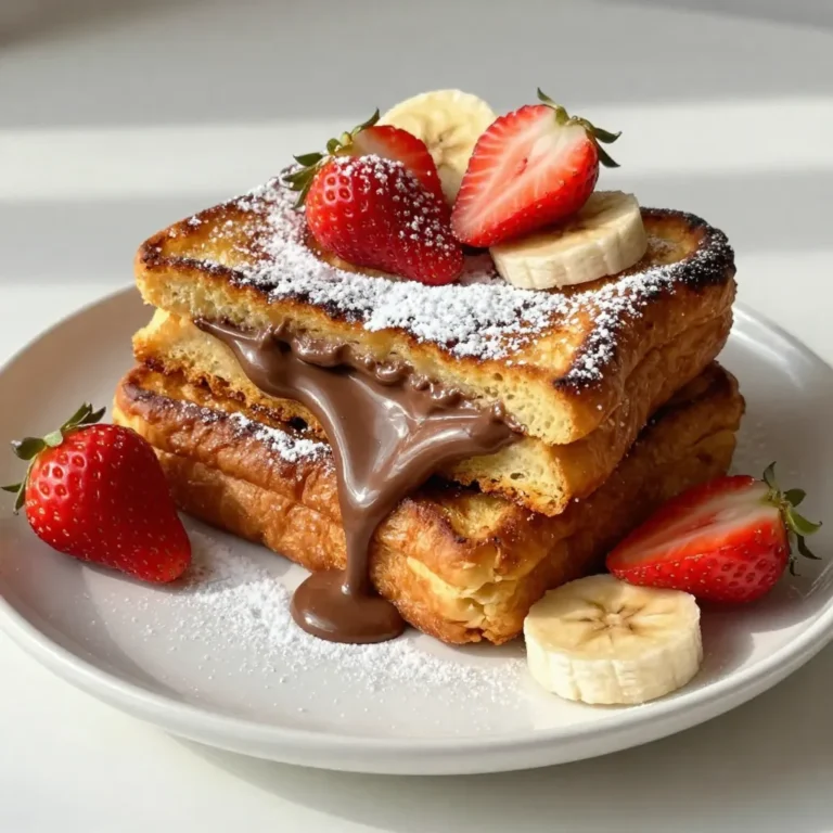 Um diese leckeren French Toast zu machen, brauchst du frische, dicke Brotscheiben. Ich empfehle, 8 Scheiben von Challah oder Brioche zu verwenden. Diese Brote sind weich und saugfähig. Zudem benötigst du: - 1 Tasse Nutella - 2 große Eier - 1/2 Tasse Milch - 1 Teelöffel Vanilleextrakt - 1 Teelöffel gemahlener Zimt - 1 Esslöffel Zucker (optional) - Butter zum Braten Um deinen French Toast noch schöner zu machen, kannst du frische Früchte hinzufügen. Ich empfehle: - Frische Erdbeeren - Bananen Für einen süßen Touch ist Puderzucker sehr gut geeignet. Du kannst ihn zum Bestäuben der fertig gebratenen Toasts verwenden. Das Brot ist die Basis für dein Gericht. Dickes Brot hält die Füllung gut. Achte darauf, dass es frisch ist. Brote wie Brioche oder Challah sind perfekt. Sie sind süß und leicht. Wenn du ein anderes Brot verwendest, teste es zuerst. Es muss die Eiermischung gut aufnehmen. So wird dein French Toast perfekt. {{ingredient_image_2}} Beginne mit dem Brot. Nimm 4 Scheiben dickes Brot, wie Challah oder Brioche. Verteile 2 Esslöffel Nutella auf jede Scheibe. So machst du 4 Sandwiches. Lege eine zweite Scheibe auf jedes Nutella-Brot. Drücke sie leicht zusammen, damit die Füllung nicht herausfällt. Jetzt kommt die Eiermischung. In einer Schüssel verquirlst du 2 große Eier. Füge 1/2 Tasse Milch, 1 Teelöffel Vanilleextrakt, und 1 Teelöffel gemahlenen Zimt hinzu. Wenn du magst, kannst du 1 Esslöffel Zucker einrühren. Mische alles gut, bis die Zutaten gleichmäßig verteilt sind. Erhitze eine Pfanne bei mittlerer Hitze. Gib ein Stück Butter in die Pfanne, bis sie schmilzt. Tauche jedes Sandwich vorsichtig in die Eiermischung. Achte darauf, dass beide Seiten gut bedeckt sind, aber nicht zu nass. Lege die Sandwiches in die heiße Pfanne. Brate sie 3-4 Minuten auf jeder Seite. Die Außenseite sollte goldbraun und leicht knusprig sein. Nimm die Sandwiches aus der Pfanne und lasse sie auf einem Papiertuch ruhen. So tropfst du die überschüssige Butter ab. Bestäube die warmen French Toast mit Puderzucker. Garniere sie mit frischen Erdbeeren oder Bananen. Um goldbraune French Toast zu machen, achte auf die Hitze. Die Pfanne sollte mittlere Hitze haben. Wenn sie zu heiß ist, brennt das Brot. Verwende genug Butter, damit die Toasts nicht kleben. Tauche das Brot nur kurz in die Eiermischung. So bleibt es knusprig. Brate jede Seite etwa 3-4 Minuten. Wenn sie schön braun sind, sind sie bereit zum Servieren. Du kannst die Sandwiches am Abend zuvor zubereiten. Fülle die Brote mit Nutella und lege sie in den Kühlschrank. Am Morgen musst du nur die Eiermischung machen und braten. So sparst du Zeit. Stelle sicher, dass du die Sandwiches gut in Folie wickelst, damit sie frisch bleiben. Für besondere Anlässe kannst du die French Toast schön anrichten. Staple sie auf einem Teller. Füge frische Erdbeeren oder Bananen hinzu. Ein wenig Puderzucker macht sie süßer und schöner. Du kannst auch etwas warmes Nutella darüber träufeln. So werden sie noch köstlicher und sehen toll aus. Pro Tipps Brotwahl: Verwende frisches, dickes Brot wie Challah oder Brioche für die beste Textur und den besten Geschmack. Nuss-Nougat-Creme Variationen: Experimentiere mit verschiedenen Füllungen wie Erdnussbutter oder Mandelcreme für eine neue Geschmacksrichtung. Hitze beachten: Stelle sicher, dass die Pfanne nicht zu heiß ist, um ein Anbrennen der Außenseite zu vermeiden, während das Innere schön weich bleibt. Servierideen: Serviere die French Toast mit einem Spritzer Sahne oder einem Schuss Ahornsirup für zusätzliche Süße und Geschmack. {{image_4}} Wenn du eine vegane Option suchst, gibt es tolle Alternativen. Du kannst die Eier durch eine Mischung aus Leinsamen und Wasser ersetzen. Mische 1 Esslöffel gemahlene Leinsamen mit 3 Esslöffeln Wasser und lasse es kurz quellen. Für die Milch nimm einfach Pflanzenmilch. Mandelmilch oder Hafermilch sind beide lecker. Auch vegane Nutella ist eine gute Wahl. Sie ist oft aus Haselnüssen und Kakao gemacht. So bleibt der Geschmack ähnlich, und du kannst die French Toast genießen! Nutella ist nicht die einzige Füllung. Erdnussbutter passt super zu French Toast. Du kannst auch Marmelade oder Frischkäse verwenden. Kombiniere die Füllungen! Nutella mit Erdnussbutter ist ein Hit. Oder probiere eine Mischung aus Schokolade und Banane. Diese Variationen bringen neuen Geschmack und mehr Spaß in dein Frühstück. Wenn du gesünder essen möchtest, nimm Vollkornbrot. Es hat mehr Ballaststoffe und Nährstoffe. Vollkornbrot macht die French Toast sättigender. Du kannst auch etwas weniger Nutella verwenden. So genießt du trotzdem den Geschmack, aber mit weniger Zucker. Füge frisches Obst hinzu, wie Beeren oder Bananen. Sie machen das Gericht noch bunter und gesünder. Um den tollen Geschmack der Nutella gefüllten French Toast zu bewahren, lagere sie richtig. Lass die Toast zuerst auf einem Gitter abkühlen. Das verhindert, dass sie feucht werden. Packe die abgekühlten Toast in einen luftdichten Behälter. Du kannst auch Folie verwenden, aber der Behälter ist besser. Stelle den Behälter in den Kühlschrank. So bleiben sie frisch für bis zu drei Tage. Wenn du die French Toast wieder aufwärmen willst, gibt es einfache Methoden. Du kannst sie in einer Pfanne bei mittlerer Hitze erwärmen. Ein wenig Butter kann helfen, die Toast wieder knusprig zu machen. Eine andere Option ist der Toaster. Das macht sie außen knusprig und innen warm. Wenn du einen Ofen hast, kannst du die Toast bei 180 Grad Celsius für etwa 10 Minuten erwärmen. Das ist perfekt, wenn du mehrere Portionen hast. Im Kühlschrank halten die French Toast etwa drei Tage. Wenn du sie länger lagern möchtest, friere sie einfach ein. Wickel jede Scheibe in Frischhaltefolie und lege sie in einen Gefrierbeutel. So bleiben sie bis zu zwei Monate frisch. Zum Auftauen, lass sie einfach über Nacht im Kühlschrank. Danach kannst du sie wie gewohnt aufwärmen. Du kannst die Eier durch eine Mischung aus Milch und Maisstärke ersetzen. Mische 1 Tasse Milch mit 2 Esslöffeln Maisstärke. Rühre gut um, bis alles glatt ist. Diese Mischung hilft, die French Toast zusammenzuhalten. Wenn du magst, füge etwas Vanilleextrakt für mehr Geschmack hinzu. So bleibt das Gericht lecker und eifrei. Ja, du kannst die French Toast im Ofen machen. Heize den Ofen auf 180 Grad Celsius vor. Lege die vorbereiteten Sandwiches in eine gefettete Auflaufform. Backe sie etwa 15-20 Minuten. Wende die Sandwiches nach der Hälfte der Zeit, damit sie gleichmäßig bräunen. So sparst du Zeit und hast weniger Geschirr zu waschen. Serviere die French Toast warm. Bestäube sie mit Puderzucker für eine süße Note. Du kannst frische Früchte wie Erdbeeren oder Bananen hinzufügen. Ein zusätzlicher Schuss Nutella oder Ahornsirup macht sie noch besser. Staple die Toasts auf einem Teller für eine schöne Präsentation. So wird dein Gericht zum Highlight jedes Frühstücks. Nutella-Gefüllte French Toast sind einfach zuzubereiten und machen jeden Tag besonders. Sie nutzen einfache Zutaten und lassen sich leicht anpassen. Egal, ob du sie vegan oder gesund gestalten möchtest, es gibt viele Optionen. Die Tipps helfen, perfekte French Toast zu erhalten. Denke an die Aufbewahrung, um den Geschmack frisch zu halten. Mit diesen Ideen kannst du diese leckeren Toaste immer wieder genießen. Es ist ein Rezept für Freude und Genuss!