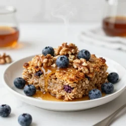 Für dein leckeres Maple Brown Sugar Baked Oatmeal brauchst du die folgenden Zutaten: - 2 Tassen Haferflocken (gerollt) - 1/2 Tasse brauner Zucker (fest gepackt) - 1 Teelöffel Backpulver - 1/2 Teelöffel Salz - 1 Teelöffel Zimt - 2 Tassen Milch (oder eine pflanzliche Alternative) - 1/4 Tasse reiner Ahornsirup - 1/4 Tasse geschmolzenes Kokosöl (oder ungesalzene Butter) - 2 große Eier - 1 Teelöffel Vanilleextrakt - 1/2 Tasse gehackte Walnüsse oder Pekannüsse (optional) - 1/2 Tasse frische Blaubeeren oder in Scheiben geschnittene Bananen (für die Dekoration) Jede Zutat bringt ihren eigenen Geschmack und Nährwert mit. Haferflocken sind die Basis und sorgen für eine gesunde Füllung. Brauner Zucker gibt eine süße Note. Zimt bringt Wärme und Geschmack. Du kannst die Milch nach deinem Wunsch wählen. Pflanzliche Milch ist eine gute Option für Veganer. Ahornsirup fügt eine köstliche Süße hinzu, die perfekt zu den anderen Zutaten passt. Das geschmolzene Kokosöl sorgt für Feuchtigkeit. Wenn du magst, füge Nüsse hinzu. Sie geben einen tollen Crunch. Frische Früchte wie Blaubeeren oder Bananen machen das Gericht bunter und frischer. Mit diesen Zutaten bereitest du ein einfaches und köstliches Frühstück zu, das die ganze Familie lieben wird. {{ingredient_image_2}} Heize deinen Ofen auf 175°C vor. Fette eine große Auflaufform leicht mit Kokosöl ein. Nimm eine große Schüssel und vermenge die trockenen Zutaten. Gib 2 Tassen Haferflocken, 1/2 Tasse braunen Zucker, 1 Teelöffel Backpulver, 1/2 Teelöffel Salz und 1 Teelöffel Zimt hinein. Rühre alles gut um, bis es gleichmäßig verteilt ist. In einer separaten Schüssel vermischst du die feuchten Zutaten. Gieße 2 Tassen Milch, 1/4 Tasse reinen Ahornsirup und 1/4 Tasse geschmolzenes Kokosöl hinein. Füge 2 große Eier und 1 Teelöffel Vanilleextrakt hinzu. Verquirle alles, bis die Mischung glatt und cremig ist. Jetzt führst du die beiden Mischungen zusammen. Gieße die feuchten Zutaten in die Schüssel mit den trockenen Zutaten. Rühre gut um, bis alles gut vermischt ist. Wenn du magst, kannst du 1/2 Tasse gehackte Walnüsse oder Pekannüsse unterheben. Gib die Mischung in die vorbereitete Auflaufform. Dekoriere mit frischen Blaubeeren oder Bananenscheiben. Backe das Ganze für 30-35 Minuten, bis die Ränder goldbraun sind. Lass es kurz abkühlen, bevor du es in Quadrate schneidest. Um die perfekte Konsistenz für dein gebackenes Haferflocken zu erreichen, ist die Mischung wichtig. Du solltest die trockenen Zutaten gut vermengen. Mische die Haferflocken, den braunen Zucker, das Backpulver, das Salz und den Zimt gründlich. Achte darauf, dass alles gleichmäßig verteilt ist. Wenn du die feuchten Zutaten hinzufügst, rühre sanft, bis alles gut vermischt ist. So bleibt die Textur locker. Du kannst die Süße nach deinem Geschmack anpassen. Verwende weniger braunen Zucker oder mehr Ahornsirup. Wenn du es weniger süß magst, probiere Stevia oder andere Süßstoffe. Jeder hat einen anderen Geschmack, und das ist in Ordnung! Experimentiere mit verschiedenen Mengen, bis du deine ideale Süße findest. Das gebackene Haferflocken schmeckt toll mit frischen Früchten. Füge Himbeeren, Erdbeeren oder Bananen hinzu. Diese bringen Farbe und zusätzliche Süße. Du kannst auch Joghurt dazugeben. Ein Klecks griechischer Joghurt macht das Gericht cremiger. Diese Extras machen dein Frühstück noch leckerer und nahrhafter. Pro Tipps Verwende frische Zutaten: Frische Eier und hochwertige Milch oder pflanzliche Alternativen verbessern den Geschmack erheblich. Variiere die Früchte: Experimentiere mit verschiedenen Früchten wie Himbeeren oder Äpfeln für neue Geschmackserlebnisse. Für eine knusprige Kruste: Füge etwas mehr Kokosöl oder Butter auf die Oberseite der Haferflockenmasse, bevor du sie backst. Vorbereitung im Voraus: Du kannst die Haferflocken-Mischung am Vorabend zubereiten und sie im Kühlschrank aufbewahren, um Zeit zu sparen. {{image_4}} Für gesunde Alternativen kannst du Zuckerersatz verwenden. Stevia oder Honig sind gute Optionen. Diese süßen Alternativen helfen dir, den Zuckergehalt zu senken. Du kannst auch pflanzliche Milch verwenden. Mandel- oder Hafermilch passen gut in das Rezept. Sie schmecken lecker und sind oft kalorienärmer. Füge weitere Früchte und Nüsse hinzu, um deinen Haferflocken mehr Geschmack zu geben. Du kannst Himbeeren, Äpfel oder Trockenfrüchte verwenden. Diese Zutaten bringen frische Aromen. Nüsse wie Mandeln oder Pistazien geben einen knackigen Biss. Diese Variationen machen dein Gericht einzigartig und spannend. Nutze saisonale Früchte, um deine Haferflocken zu variieren. Im Sommer sind frische Erdbeeren oder Pfirsiche toll. Im Herbst kannst du Äpfel oder Kürbis verwenden. Diese Zutaten sorgen für einen besonderen Geschmack. So bleibt dein Frühstück das ganze Jahr über interessant und lecker. Um deine Ahorn-Zucker gebackenen Haferflocken frisch zu halten, lagere sie im Kühlschrank. Du kannst sie in einem luftdichten Behälter aufbewahren. So bleiben sie bis zu fünf Tage lecker. Achte darauf, dass die Flocken gut abgekühlt sind, bevor du sie verpackst. Du kannst auch ein Stück Plastikfolie über die Form legen, wenn du keinen Behälter hast. Das Einfrieren ist eine gute Methode, um die Haltbarkeit zu verlängern. Teile die gebackenen Haferflocken in Portionen auf. Jede Portion kannst du in einen Gefrierbeutel oder einen luftdichten Behälter geben. So bleibt die Frische erhalten. Beschrifte die Beutel mit dem Datum. So weißt du, wie lange sie schon im Gefrierfach sind. Gebackene Haferflocken können bis zu drei Monate eingefroren werden. Um die gebackenen Haferflocken aufzuwärmen, nimm eine Portion und lege sie auf einen Teller. Du kannst die Mikrowelle verwenden. Erwärme sie für etwa 30 bis 60 Sekunden. Alternativ kannst du sie im Ofen auf 175°C (350°F) für 10 bis 15 Minuten aufwärmen. Füge etwas Milch oder Joghurt hinzu, um die Flocken cremiger zu machen. So schmecken sie fast wie frisch gebacken! Gebackenes Haferflocken bleibt im Kühlschrank etwa 5 bis 7 Tage frisch. Verwahre es in einem luftdichten Behälter. Wenn du es länger aufbewahren möchtest, kannst du es einfrieren. Im Gefrierschrank hält es sich bis zu 3 Monate. Achte darauf, es gut abzudecken, um Gefrierbrand zu vermeiden. Ja, du kannst die Eier weglassen. Für eine vegane Option nutze Apfelmus oder Leinsamen. Mische 1 Esslöffel Leinsamen mit 3 Esslöffeln Wasser und lasse es 5 Minuten ruhen. Das ersetzt 1 Ei in deinem Rezept. So bleibt die Konsistenz schön und die Haferflocken werden trotzdem lecker. Um die Zubereitungszeit zu verkürzen, bereite die trockenen Zutaten am Abend vorher vor. Mische die Haferflocken, den braunen Zucker, das Backpulver, das Salz und den Zimt in einer Schüssel. Am Morgen fügst du einfach die feuchten Zutaten hinzu und backst alles. So sparst du Zeit und kannst schnell ein gesundes Frühstück genießen. In diesem Blogbeitrag haben wir die besten Zutaten für gebackene Haferflocken behandelt. Du hast gelernt, wie du diese Zutaten richtig vorbereitest und mixt. Die Schritt-für-Schritt-Anleitung hilft dir beim einfachen Backen. Außerdem gibt es nützliche Tipps zur Konsistenz und süßen Varianten. Lagerinformationen und häufige Fragen runden das Thema ab. Egal, ob für das Frühstück oder einen Snack, gebackene Haferflocken sind vielseitig und lecker. Experimentiere mit verschiedenen Zutaten und finde dein Lieblingsrezept!