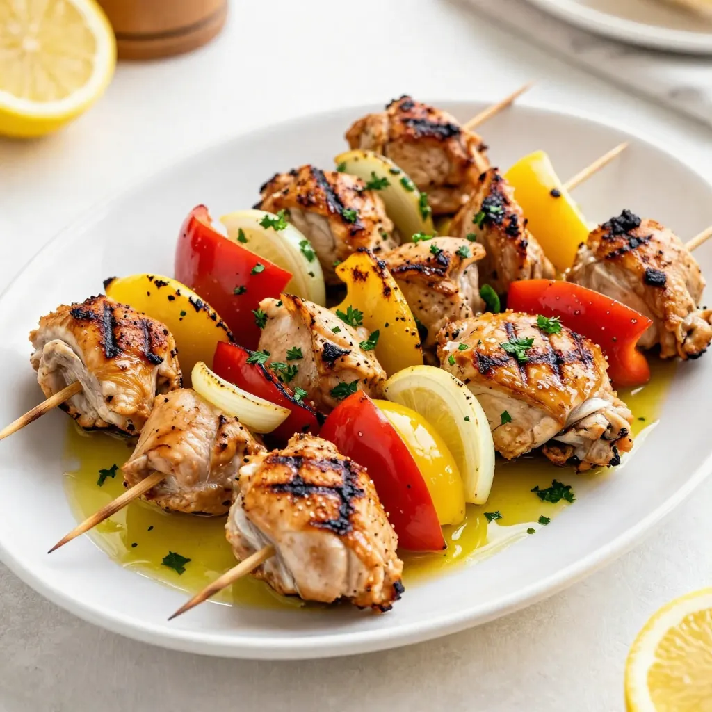 Für dieses Rezept benötigst du folgende Hauptzutaten: - 450 g Hähnchenschenkel ohne Knochen und Haut, in 2,5 cm große Stücke geschnitten - 3 Esslöffel Olivenöl - Abrieb und Saft von 2 großen Zitronen - 3 Knoblauchzehen, fein gehackt Diese Zutaten bilden die Grundlage für die köstlichen Spieße. Hähnchenschenkel sind saftig und geben viel Geschmack. Die Gewürze machen den Unterschied! Hier sind die Kräuter und Gewürze, die du brauchst: - 1 Teelöffel getrockneter Oregano - 1 Teelöffel gemahlener Kreuzkümmel - Salz und Pfeffer nach Geschmack Die Kombination aus Oregano und Kreuzkümmel bringt die Aromen Griechenlands auf deinen Grill. Olivenöl und Zitronensaft helfen, das Hähnchen zart zu machen. Das Gemüse sorgt für mehr Geschmack und Farbe. Du benötigst: - 1 rote Paprika, in 2,5 cm große Stücke geschnitten - 1 gelbe Paprika, in 2,5 cm große Stücke geschnitten - 1 rote Zwiebel, in Spalten geschnitten - Frische Petersilie, gehackt, zum Garnieren Die bunten Paprika und Zwiebeln bringen Frische und Knusprigkeit. Die Petersilie macht das Gericht noch schöner und aromatischer. Diese Zutaten machen die Griechischen Zitronen-Hähnchen-Spieße zu einem echten Genuss! {{ingredient_image_2}} Um die besten Aromen zu erzielen, marinieren wir das Hähnchen. In einer großen Schüssel mischen wir: - 3 Esslöffel Olivenöl - Abrieb und Saft von 2 großen Zitronen - 3 fein gehackte Knoblauchzehen - 1 Teelöffel getrockneten Oregano - 1 Teelöffel gemahlenen Kreuzkümmel - Salz und Pfeffer nach Geschmack Rühre alles gut um. Füge die 450 g Hähnchenschenkel in 2,5 cm große Stücke hinzu. Stelle sicher, dass das Hähnchen gut bedeckt ist. Decke die Schüssel ab und lasse sie mindestens 1 Stunde im Kühlschrank marinieren. Wenn du Zeit hast, lasse es über Nacht. So wird der Geschmack intensiver. Heize deinen Grill oder eine Grillpfanne auf mittelhohe Temperatur vor. Wenn du Holzspieße verwendest, weiche sie etwa 15 Minuten in Wasser ein. So brennen sie nicht an. Jetzt steckst du abwechselnd die marinierten Hähnchenstücke, die gewürfelten roten und gelben Paprika sowie die Zwiebelspalten auf die Spieße. Wenn der Grill heiß ist, lege die Spieße vorsichtig darauf. Grille die Spieße für etwa 12-15 Minuten. Wende sie gelegentlich. Das Hähnchen sollte durchgegart sein und schöne Grillmarkierungen haben. Nimm die Kebabs vom Grill und lasse sie ein paar Minuten ruhen. Garnieren die Spieße mit frisch gehackter Petersilie. Serviere sie mit Pita-Brot oder einem erfrischenden griechischen Salat. Diese Kombination macht das Gericht noch besser. Die frischen Aromen bringen das Beste aus dem Hähnchen heraus. Um die beste Marinade zu erstellen, mische frische Zutaten. Verwende hochwertigen Zitronensaft und frischen Knoblauch. Das macht den Geschmack lebendig. Lass das Hähnchen mindestens eine Stunde marinieren. Noch besser ist es, wenn du es über Nacht im Kühlschrank lässt. So ziehen die Aromen gut ein. Achte darauf, dass das Hähnchen gleichmäßig in der Marinade liegt. Dies hilft, ein intensives Aroma zu erreichen. Grillen ist eine Kunst. Heize deinen Grill gut auf. Eine mittelhohe Temperatur ist ideal. Wenn du Holzspieße verwendest, weiche sie ein, damit sie nicht anbrennen. Wende die Spieße regelmäßig, um gleichmäßiges Garen zu gewährleisten. Achte darauf, dass das Hähnchen durchgegart ist. Es sollte eine Innentemperatur von 75 Grad Celsius erreichen. So bleibt es saftig und lecker. Grill das Gemüse, bis es leicht gebräunt ist. Das gibt extra Geschmack. Ein gängiger Fehler ist das Übergrillen des Hähnchens. Das macht es trocken. Achte darauf, die Spieße nicht zu lange zu grillen. Ein weiterer Fehler ist die Verwendung von kaltem Fleisch. Lass das Hähnchen vor dem Grillen auf Zimmertemperatur kommen. Das sorgt für gleichmäßiges Garen. Vermeide es auch, die Marinade zu wiederverwenden. Sie kann Bakterien enthalten. Mache immer frische Marinade für das Servieren. Pro Tipps Marinieren ist der Schlüssel: Lassen Sie das Hähnchen mindestens eine Stunde, besser über Nacht, in der Marinade ziehen, um den Geschmack zu intensivieren. Grillvorbereitung: Stellen Sie sicher, dass der Grill gut vorgeheizt ist, um ein gleichmäßiges Garen und attraktive Grillmarkierungen zu erreichen. Holzspieße einweichen: Wenn Sie Holzspieße verwenden, weichen Sie sie 15 Minuten in Wasser ein, um ein Anbrennen auf dem Grill zu verhindern. Garnieren für den letzten Schliff: Verwenden Sie frisch gehackte Petersilie, um den Spießen einen frischen und aromatischen Touch zu verleihen. {{image_4}} Wenn du eine vegetarische Option suchst, kannst du Hähnchen durch Tofu oder Halloumi ersetzen. Schneide den Tofu in große Würfel und mariniere ihn wie das Hähnchen. Halloumi hat einen tollen Geschmack, wenn er gegrillt wird. Füge auch mehr Gemüse hinzu, wie Zucchini oder Champignons. Diese Alternativen bieten dir eine leckere und gesunde Wahl. Probiere verschiedene Gewürze, um neue Aromen zu entdecken. Du kannst Paprika, Thymian oder Rosmarin verwenden. Eine Mischung aus Zaatar gibt den Spießen einen besonderen Kick. Wenn du es scharf magst, füge etwas Cayennepfeffer oder Chili-Flakes hinzu. Experimentiere mit den Gewürzen, um deinen eigenen Geschmack zu finden. Zu deinen Kebabs passen viele Beilagen. Ein frischer griechischer Salat ist immer eine gute Wahl. Ein Joghurt-Dip wie Tzatziki ist ebenfalls lecker. Du kannst auch Fladenbrot oder Pita-Brot servieren. Diese Beilagen ergänzen die Aromen der Spieße und machen das Essen noch besser. Um die Reste der griechischen Zitronen-Hähnchen-Spieße frisch zu halten, lege sie in einen luftdichten Behälter. Du kannst die Spieße auch in Frischhaltefolie einwickeln. Stelle sicher, dass die Reste gut abgekühlt sind, bevor du sie in den Kühlschrank legst. So bleibt der Geschmack länger erhalten. Zum Aufwärmen der Spieße gibt es einfache Möglichkeiten. Du kannst sie in der Mikrowelle bei mittlerer Hitze für etwa 1-2 Minuten aufwärmen. Eine andere Methode ist, sie auf einer Grillpfanne oder im Backofen zu erhitzen. Bei 180 Grad Celsius dauert es etwa 5-10 Minuten. Achte darauf, sie nicht zu überhitzen, damit sie saftig bleiben. Im Kühlschrank sind die Reste 3 bis 4 Tage haltbar. Wenn du sie für längere Zeit aufbewahren möchtest, friere sie ein. In einem geeigneten Behälter oder in Gefrierbeuteln halten sie bis zu 3 Monate. Achte darauf, die Spieße vor dem Einfrieren gut zu beschriften. So weißt du immer, was drin ist und wann du es eingefroren hast. Die Spieße müssen mindestens eine Stunde mariniert werden. Für den besten Geschmack empfehle ich, sie über Nacht im Kühlschrank zu lassen. So ziehen die Aromen tief in das Hähnchen ein. Das macht das Fleisch zart und saftig. Ja, du kannst die Kebabs auch im Ofen zubereiten. Heize deinen Ofen auf 200 Grad Celsius vor. Lege die Spieße auf ein Blech und backe sie etwa 15 bis 20 Minuten. Drehe sie während des Garens um, damit sie gleichmäßig bräunen. Zu diesen Spießen passen viele Beilagen. Hier sind einige meiner Favoriten: - Pita-Brot für einen klassischen Genuss - Ein frischer griechischer Salat mit Gurken, Tomaten und Feta - Tzatziki als erfrischender Dip - Reis oder Quinoa für eine sättigende Beilage Diese Kombinationen machen dein Gericht noch köstlicher! Die Griechischen Zitronen-Hähnchen-Spieße sind einfach und lecker. Wir haben die besten Zutaten ausgewählt, die Marinade beschrieben und die Grill-Schritte erklärt. Mit den Tipps und Tricks wirst du die perfekten Spieße zubereiten. Es gibt auch tolle Variationen und einfache Lagerungshinweise. Denke daran, die Marinierzeit zu beachten und auch die verschiedenen Beilagen zu probieren. Mit diesem Wissen wirst du beim Grillen glänzen! Mach es nach und genieße jedes Stück.