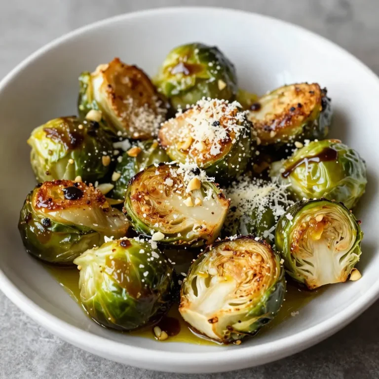 - 450 g frischer Rosenkohl - 60 ml Olivenöl - 4 Knoblauchzehen - 1 Teelöffel Salz - 1/2 Teelöffel schwarzer Pfeffer - 50 g geriebener Parmesan-Käse - 1/2 Teelöffel rote Paprikaflocken - 2 Esslöffel Balsamico-Glasur Die Hauptzutaten für Knoblauch Parmesan Rosenkohl sind einfach und frisch. Rosenkohl zählt zu den besten Gemüsesorten. Ich empfehle, die Röschen gut zu putzen und zu halbieren. Das macht sie zarter und hilft beim Rösten. Olivenöl ist wichtig, um den Rosenkohl mit Geschmack zu füllen. Das Öl sorgt für die perfekte Röstaromen. Knoblauch bringt einen tollen Geschmack. Ich benutze frischen Knoblauch, um diesen vollen Geschmack zu erreichen. Die Gewürze sind einfach, aber effektiv. Salz hebt den Geschmack des Gemüses. Pfeffer gibt eine kleine Schärfe. Parmesan-Käse bringt eine cremige Textur und einen herzhaften Geschmack. Und die roten Paprikaflocken? Sie fügen eine schöne Farbe und etwas Wärme hinzu. Für die Garnierung benutze ich Balsamico-Glasur. Sie gibt dem Gericht eine süße Note und sieht toll aus. Das ist die perfekte Ergänzung zu den knusprigen Röschen. Die Kombination aus Aromen macht dieses Gericht zu einem echten Hit. {{ingredient_image_2}} Heize den Ofen auf 200°C vor. Das macht den Rosenkohl knusprig. Nimm die 450 g Rosenkohl und putze sie gut. Halbiere jede Röschen. In einer großen Schüssel vermenge die halbierten Rosenkohlhälften mit 60 ml Olivenöl. Füge 4 fein gehackte Knoblauchzehen hinzu. Streue 1 Teelöffel Salz, 1/2 Teelöffel schwarzen Pfeffer und 1/2 Teelöffel rote Paprikaflocken (wenn du es scharf magst) dazu. Mische alles gut, bis die Röschen gleichmäßig bedeckt sind. Lege die gewürzten Rosenkohlhälften auf ein Backblech. Achte darauf, dass die Schnittseite nach unten zeigt. Röste die Röschen im Ofen für 20 bis 25 Minuten. Wende die Rosenkohlhälften zur Halbzeit. So garen sie gleichmäßig und werden knusprig. Nimm das Blech aus dem Ofen. Streue sofort 50 g geriebenen Parmesan über die heißen Rosenkohlhälften. Schiebe das Blech für 2 bis 3 Minuten zurück in den Ofen. Der Käse sollte schmelzen und leicht goldbraun werden. Beträufle die fertigen Röschen vor dem Servieren mit 2 Esslöffeln Balsamico-Glasur. Das gibt einen tollen Geschmack. Serviere die Rosenkohlhälften heiß und genieße sie! Um den Geschmack Ihrer Knoblauch Parmesan Rosenkohl zu verbessern, können Sie die Gewürze anpassen. Fügen Sie zum Beispiel mehr rote Paprikaflocken hinzu, wenn Sie es scharf mögen. Oder probieren Sie italienische Kräuter wie Oregano oder Thymian aus. Diese geben Ihnen eine neue Geschmacksrichtung. Frischer Knoblauch hat einen intensiven Geschmack. Sie können auch gerösteten Knoblauch verwenden. Rösten bringt eine süßere Note. Einfach den Knoblauch mit etwas Olivenöl im Ofen rösten und dann hinzufügen. Das wird Ihre Rosenkohl noch leckerer machen. Die richtige Röstzeit ist wichtig. Rösten Sie Ihre Rosenkohlhälften bei 200 °C für 20-25 Minuten. Wenden Sie sie nach 10-12 Minuten. So werden sie gleichmäßig knusprig und zart. Achten Sie darauf, dass die Schnittseite nach unten zeigt. So karamellisieren sie gut und bekommen eine schöne goldene Farbe. Wenn sie zu lange im Ofen bleiben, werden sie matschig. Überwachen Sie also die Garzeit genau. Knoblauch Parmesan Rosenkohl ist vielseitig. Er passt gut zu Fleischgerichten wie Hähnchen oder Lamm. Auch zu vegetarischen Gerichten ist er eine gute Wahl. Für eine schöne Präsentation legen Sie die Rosenkohlhälften auf eine große Servierplatte. Streuen Sie frische Kräuter darüber, um Farbe zu bringen. Ein paar Nüsse als Topping geben zusätzlichen Crunch und machen das Gericht noch einladender. Pro Tipps Rosenkohl vorbereiten: Achten Sie darauf, den Rosenkohl gründlich zu reinigen und die äußeren Blätter zu entfernen, um ein besseres Röstergebnis zu erzielen. Variationen beim Käse: Probieren Sie verschiedene Käsesorten wie Pecorino oder Grana Padano aus, um den Geschmack zu variieren. Röstdauer überwachen: Jeder Ofen ist anders; überprüfen Sie die Rosenkohlhälften gegen Ende der Röstdauer, um ein Überkochen zu vermeiden. Servieren mit frischen Kräutern: Garnieren Sie die Rosenkohlhälften mit frischem Basilikum oder Petersilie für zusätzlichen Geschmack und eine ansprechende Optik. {{image_4}} Fügen Sie Speck oder Schinken zu den Rosenkohlhälften hinzu. Diese Zutaten geben mehr Geschmack. Sie bringen eine herzhafte Note in das Gericht. Auch Nüsse oder Samen bieten einen tollen Crunch. Mandeln oder Sonnenblumenkerne sind perfekte Optionen. Sie machen die Textur noch interessanter. Eine andere Methode ist das Grillen. Dabei erhalten die Rosenkohlhälften einen rauchigen Geschmack. Sie können auch eine Luftfritteuse verwenden. Diese Methode macht die Rosenkohl knusprig und spart Zeit. Beide Varianten sind einfach und schnell. Wenn Sie nach Alternativen suchen, probieren Sie vegane Käsesorten. Diese haben oft einen tollen Geschmack. Auch andere Käsesorten wie Pecorino oder Cheddar funktionieren gut. Sie sorgen für einen neuen Geschmack. So bleibt das Gericht spannend und abwechslungsreich. Um die Knoblauch Parmesan Rosenkohl frisch zu halten, lege die Reste in einen luftdichten Behälter. Stelle den Behälter in den Kühlschrank. So bleiben die Aromen erhalten. Du kannst die Reste bis zu drei Tage aufbewahren. Wenn du die Rosenkohlhälften länger aufbewahren willst, solltest du darüber nachdenken, sie einzufrieren. Wenn du die Rosenkohlhälften länger lagern möchtest, friere sie ein. Achte darauf, dass sie gut abgekühlt sind. Lege sie in einen gefrierfesten Beutel oder Behälter. Drücke die Luft heraus, um Gefrierbrand zu vermeiden. Die Rosenkohlhälften bleiben bis zu drei Monate frisch. Zum Auftauen lege sie einfach für ein paar Stunden in den Kühlschrank vor dem Aufwärmen. Um die Knusprigkeit zu erhalten, verwende den Ofen oder eine Pfanne. Heize den Ofen auf 180°C vor. Lege die Rosenkohlhälften auf ein Backblech. Röste sie für 10 bis 15 Minuten. In der Pfanne kannst du etwas Olivenöl erhitzen. Brate die Rosenkohlhälften bei mittlerer Hitze, bis sie wieder knusprig sind. So schmecken sie fast wie frisch zubereitet! Rosenkohl kann bitter sein, wenn er überkocht wird. Um dies zu vermeiden, achte darauf, die Kochzeit genau einzuhalten. Röste die Rosenkohlhälften bei 200°C für 20-25 Minuten. Wende sie zur Halbzeit, um gleichmäßiges Rösten zu garantieren. Verwende frischen Rosenkohl, da älterer Kohl oft bitterer ist. Ein Spritzer Balsamico-Glasur am Ende kann den Geschmack ausgleichen. Ja, du kannst tiefgekühlten Rosenkohl verwenden. Tiefkühlgemüse hat den Vorteil der langen Haltbarkeit und ist oft bereits vorgekocht. Beachte, dass der Geschmack und die Textur leicht anders sein können. Frischer Rosenkohl hat mehr Knusprigkeit und Geschmack. Wenn du gefrorenen Rosenkohl verwendest, lasse ihn vorher auftauen und tupfe ihn trocken. So vermeidest du matschige Rosenkohlhälften. Die übrig gebliebenen Rosenkohlhälften halten sich im Kühlschrank etwa 3-4 Tage. Lagere sie in einem luftdichten Behälter. Im Gefrierschrank bleiben sie bis zu 3 Monate frisch. Wenn du sie einfrierst, lege sie am besten in einen gefrierfesten Beutel. Zum Aufwärmen kannst du sie in der Mikrowelle oder im Ofen verwenden. So bleiben sie knusprig. Rosenkohl kann eine köstliche und gesunde Beilage sein. In diesem Artikel habe ich die Zutaten, die Zubereitung und hilfreiche Tipps zur perfekten Technik vorgestellt. Denke daran, Variationen auszuprobieren, um neue Geschmäcker zu entdecken. Die richtige Lagerung hilft dir, die Reste lange zu genießen. Mit etwas Kreativität kannst du jedes Gericht aufpeppen. Nutze die einfachen Schritte, um deinen Rosenkohl zu einem Hit zu machen. Viel Spaß beim Kochen!