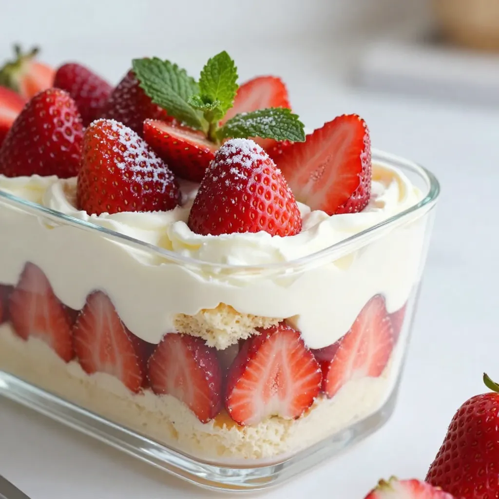 Für den perfekten Erdbeer-Shortcake-Trifle brauchst du einige Hauptzutaten. Diese sind einfach zu finden und machen das Dessert lecker. Hier sind die Zutaten, die du benötigst: - 2 Tassen frische Erdbeeren, entstielt und in Scheiben geschnitten - 1/4 Tasse granulierten Zucker - 1 Teelöffel Vanilleextrakt - 1 Packung (226 g) Frischkäse, weichgeworden - 1 Tasse Schlagsahne - 1 Tasse Puderzucker - 1 Teelöffel Zitronensaft - 450 g Biskuitkuchen oder Löffelbiskuits, in Würfel geschnitten - Minzblätter zur Garnitur Jede Zutat spielt eine wichtige Rolle. Die Erdbeeren bringen Frische, während der Biskuit eine schöne Basis schafft. Der Frischkäse und die Sahne sorgen für eine cremige Textur. Frische Erdbeeren sind das Herzstück dieses Desserts. Wähle reife, saftige Erdbeeren. Achte auf eine leuchtend rote Farbe und einen süßen Duft. Diese Erdbeeren schmecken besser und geben dem Trifle mehr Geschmack. Du kannst auch lokale Märkte besuchen oder im eigenen Garten pflücken. Frische Erdbeeren sind wichtig, denn sie sorgen für den besten Genuss. Der Frischkäse macht das Dessert besonders cremig. Er verleiht dem Trifle eine reichhaltige und glatte Textur. Wenn du den Frischkäse weich machst, vermischt er sich besser mit der Sahne. Das macht die Füllung leicht und fluffig. Cremiger Frischkäse sorgt dafür, dass jeder Löffel eine Freude ist. Achte darauf, hochwertigen Frischkäse zu verwenden. Das macht einen großen Unterschied im Geschmack. {{ingredient_image_2}} Beginne mit den Erdbeeren. Nimm 2 Tassen frische Erdbeeren und schneide sie in Scheiben. Gebe sie in eine Schüssel. Füge 1/4 Tasse Zucker und 1 Teelöffel Vanilleextrakt hinzu. Mische alles gut. Lass die Erdbeeren 15 bis 20 Minuten stehen. So ziehen sie ihren Saft. Das macht den Geschmack intensiver. Nimm jetzt eine große Schüssel. Gebe 1 Packung (226 g) weichgewordenen Frischkäse hinein. Schlage ihn mit einem Handmixer cremig. Füge 1 Teelöffel Vanilleextrakt dazu. Mische weiter, bis alles gut vermengt ist. Diese Creme wird die Basis für den Trifle. Nimm eine weitere Schüssel und schlage 1 Tasse Sahne. Schlage sie, bis sie dick wird. Füge langsam 1 Tasse Puderzucker und 1 Teelöffel Zitronensaft hinzu. Schlage weiter, bis sich feste Spitzen bilden. Diese fluffige Sahne ist wichtig für die Textur des Trifles. Jetzt geht es ans Schichten. Nimm eine große Trifleschüssel oder kleine Gläser. Beginne mit einer Schicht Biskuitkuchen oder Löffelbiskuits. Lege eine gleichmäßige Schicht am Boden. Löffle dann eine Schicht der Frischkäsemischung darüber. Füge eine Schicht der zuckersüßen Erdbeeren hinzu. Wiederhole die Schichten, bis die Schüssel voll ist. Beende mit einer Schicht der Frischkäsemischung. Garniere mit restlichen Erdbeeren und einigen Minzblättern. So wird es frisch und bunt. Der beste Zeitpunkt, um den Erdbeer-Shortcake-Trifle zu servieren, ist nach einer kurzen Kühlzeit. Nach der Zubereitung sollte er mindestens eine Stunde im Kühlschrank stehen. So können die Aromen gut durchziehen. Serviere den Trifle gekühlt, damit die Schichten frisch und lecker bleiben. Ich empfehle, ihn an einem warmen Tag zu genießen. Das kühle Dessert ist perfekt für sommerliche Feiern oder als Abschluss eines Festessens. Um die Textur des Trifles zu perfektionieren, achte auf die Cremigkeit der Frischkäsemischung. Schlage den Frischkäse bis er glatt ist. Mische ihn dann vorsichtig mit der geschlagenen Sahne. So bleibt die Mischung leicht und luftig. Die Erdbeeren sollten gut mariniert sein, damit sie Saft abgeben. Dieser Saft sorgt für eine saftige Schicht und verhindert, dass der Kuchen matschig wird. Schichte die Zutaten behutsam, um schöne, klare Schichten zu sehen. Ein häufiger Fehler ist, die Erdbeeren zu früh zu schneiden. Warte, bis du bereit bist, sie zu verwenden. So bleiben sie frisch und knackig. Ein weiterer Fehler ist, die Sahne zu übermixen. Achte darauf, dass sie feste Spitzen hat, aber nicht zu steif ist. Wenn die Schichten nicht gleichmäßig sind, sieht der Trifle weniger ansprechend aus. Nutze ein großes Glas oder eine Trifleschüssel, um eine schöne Präsentation zu erreichen. Pro Tipps Frische Erdbeeren: Verwenden Sie nur frische, reife Erdbeeren für den besten Geschmack und die schönste Farbe. Frischkäse richtig schlagen: Stellen Sie sicher, dass der Frischkäse Zimmertemperatur hat, um eine glatte und cremige Konsistenz zu erreichen. Schichten für besten Geschmack: Beginnen Sie mit einer Schicht Kuchen oder Löffelbiskuits, um eine stabile Basis zu schaffen und die Aromen gut zu kombinieren. Kühlen für bessere Textur: Lassen Sie den Trifle vor dem Servieren mindestens eine Stunde im Kühlschrank, damit die Aromen sich entfalten können. {{image_4}} Wenn Sie glutenfrei essen, gibt es tolle Optionen für den Biskuitkuchen. Sie können glutenfreies Mehl verwenden, um einen eigenen Kuchen zu backen. Eine andere Möglichkeit ist, fertige glutenfreie Löffelbiskuits zu kaufen. Diese sind einfach zu finden. Sie geben den gleichen leckeren Geschmack und die Textur. Erdbeeren sind köstlich, aber Sie können auch andere Früchte nutzen. Blaubeeren, Himbeeren oder sogar Pfirsiche passen gut. Mischen Sie verschiedene Früchte für mehr Geschmack. Jede Frucht bringt ihre eigene Süße und Frische in das Rezept. Experimentieren Sie und finden Sie Ihre Lieblingskombination. Um die Frischkäsemischung aufzupeppen, denken Sie an andere Aromen. Fügen Sie etwas Kakao für Schokolade hinzu. Oder versuchen Sie Zitronenschale für eine frische Note. Auch Kokosnuss passt gut. Seien Sie kreativ und probieren Sie verschiedene Kombinationen. So gestalten Sie Ihren Trifle ganz nach Ihrem Geschmack. Um deinen Erdbeer-Shortcake-Trifle frisch zu halten, lagere ihn in einem luftdichten Behälter. So bleibt die Cremigkeit erhalten und die Erdbeeren behalten ihren Geschmack. Wenn du keine spezielle Trifleschüssel hast, benutze einfach eine große Schüssel mit einem Deckel. Stelle sicher, dass der Trifle vollständig abgekühlt ist, bevor du ihn in den Kühlschrank stellst. Dies verhindert, dass sich Kondenswasser bildet und die Textur beeinträchtigt wird. Der Erdbeer-Shortcake-Trifle bleibt im Kühlschrank für etwa 2-3 Tage haltbar. Nach dieser Zeit könnte die Frische der Erdbeeren nachlassen. Wenn du den Trifle länger aufbewahren möchtest, achte darauf, die Schichten nicht zu vermischen. Das hält die Textur und den Geschmack besser. Vermeide es, den Trifle bei Raumtemperatur stehen zu lassen, da sich Bakterien schneller entwickeln können. Um den Geschmack frisch zu halten, verwende frische Erdbeeren, die gut gereinigt sind. Das hilft, den Saft und die Aromen zu bewahren. Du kannst auch die Sahne erst kurz vor dem Servieren hinzufügen, wenn du weißt, dass du etwas übrig lassen möchtest. Durch das Lagern in Portionen bleibt alles schön knackig und lecker. Wenn du den Trifle garnierst, füge die Minzblätter erst kurz vor dem Servieren hinzu. So bleibt die Farbe und der Geschmack frisch. Der Erdbeer-Shortcake-Trifle sollte mindestens eine Stunde im Kühlschrank gekühlt werden. Diese Zeit hilft, die Aromen zu verbinden. Wenn du mehr Zeit hast, lasse ihn länger stehen. Ein bis zwei Stunden sind perfekt für einen besseren Geschmack. Ja, du kannst den Trifle im Voraus zubereiten. Du kannst ihn bis zu einen Tag vorher machen. Achte darauf, ihn gut abzudecken, damit er frisch bleibt. Das macht es einfach, ihn für eine Party oder ein Essen vorzubereiten. Wenn du ihn am nächsten Tag servierst, schmeckt er noch besser. Es gibt viele Alternativen zu Zucker. Du kannst Honig oder Agavendicksaft verwenden. Diese süßen Optionen sind oft gesünder. Wenn du einen kalorienarmen Ersatz suchst, probiere Stevia oder Erythrit. Diese Alternativen können den Geschmack nicht stark verändern, also experimentiere ruhig! Der Erdbeer-Shortcake-Trifle begeistert durch frische Zutaten und einfache Schritte. Wir haben die Hauptzutaten ausführlich betrachtet und gelernt, die Erdbeeren richtig zu marinieren. Die Cremigkeit des Frischkäses und die perfekte Sahne sind wichtig für den Geschmack. Variationen und Lagerungstipps helfen, den Trifle länger frisch zu halten. Genießen Sie Ihr selbstgemachtes Dessert und teilen Sie es mit Freunden. Ein köstlicher Trifle macht jede Zusammenkunft besser!