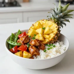 Für diese leckeren Schalen brauchen wir: - 2 Haut- und knochenlose Hühnchenbrustfilets, gewürfelt - 1 Tasse Ananasstückchen (frisch oder aus der Dose) - 1/4 Tasse natriumarme Sojasauce - 2 Esslöffel Honig - 2 Esslöffel Reisweinessig - 1 Esslöffel Sesamöl - 1 Teelöffel frisch geriebener Ingwer - 2 Knoblauchzehen, fein gehackt - 1 rote Paprika, dünn geschnitten - 1 Tasse Zuckerschoten - 2 Tassen gekochter Jasminreis oder Vollkornreis Die Teriyaki-Sauce ist das Herzstück. Sie bringt alles zusammen. Die Sojasauce, der Honig, der Reisweinessig, und das Sesamöl sorgen für den perfekten Geschmack. Frisch geriebener Ingwer und gehackter Knoblauch geben Tiefe. Diese Kombination hebt das Gericht auf eine neue Ebene. Garnierungen machen das Gericht noch besser. Verwende 2 Frühlingszwiebeln in Ringen geschnitten. Sie fügen Frische hinzu. Sesamsamen geben einen tollen Crunch. Diese kleinen Details machen das Essen besonders und optisch ansprechend. {{ingredient_image_2}} Um die Teriyaki-Sauce zu machen, mischst du zuerst die Sojasauce, den Honig, den Reisweinessig, das Sesamöl, den Ingwer und den Knoblauch in einer Schüssel. Rühre alles gut um, bis es gleichmäßig ist. Lass die Sauce dann beiseite. Sie wird später dem Hühnchen und Gemüse Geschmack geben. Erhitze eine große Pfanne oder einen Wok auf mittlerer Hitze. Gib einen Schuss Öl hinzu, damit das Hühnchen nicht kleben bleibt. Füge die gewürfelten Hühnchenbrustfilets in die Pfanne. Brate sie etwa 5-7 Minuten an, bis sie goldbraun und durchgegart sind. Achte darauf, dass du sie regelmäßig wendest, damit sie gleichmäßig braten. Sobald das Hühnchen gar ist, gib die geschnittene rote Paprika und die Zuckerschoten in die Pfanne. Brate alles unter ständigem Rühren für weitere 3 Minuten. Das Gemüse sollte zart und knackig sein. Dann füge die Ananasstückchen hinzu. Gieße die vorbereitete Teriyaki-Sauce gleichmäßig darüber. Lass alles für 2-3 Minuten kochen, bis die Sauce leicht eindickt. Nimm eine Schüssel und gib eine Portion vom gekochten Reis hinein. Toppe den Reis mit der Teriyaki-Hühnchen- und Gemüsemischung. Garniere das Gericht mit geschnittenen Frühlingszwiebeln und Sesamsamen für zusätzlichen Crunch. Jetzt ist dein leckeres Ananas-Teriyaki-Hühnchen bereit zum Genießen! Die Garzeit für Hühnchen ist wichtig. Ich empfehle, die Hühnchenwürfel 5-7 Minuten zu braten. Achte darauf, dass sie goldbraun sind. Wenn die Innentemperatur 75 °C erreicht, ist das Hühnchen fertig. Du kannst ein Fleischthermometer verwenden, um sicherzustellen, dass es gut durchgegart ist. Du kannst die Gewürze anpassen, um neue Geschmäcker zu entdecken. Füge Chili für Schärfe hinzu oder experimentiere mit anderen Soßen. Auch Gemüse wie Brokkoli oder Karotten passen gut dazu. Sei kreativ mit den Ananasstückchen. Verwende frische Ananas für einen knackigen Biss oder Dosenananas für mehr Süße. Eine gute Vorbereitung spart Zeit. Schneide alle Zutaten vorher klein. So bist du bereit, wenn das Hühnchen brät. Koche den Reis, während das Hühnchen und Gemüse garen. Das spart dir viel Zeit und macht das Kochen einfacher. Halte deine Küche sauber, während du arbeitest. So behältst du den Überblick und die Freude am Kochen bleibt. Pro Tipps Hühnchen marinieren: Lassen Sie die Hühnchenwürfel vor dem Anbraten für mindestens 30 Minuten in der Teriyaki-Sauce marinieren, um den Geschmack zu intensivieren. Frische Ananas verwenden: Wenn möglich, verwenden Sie frische Ananas für einen intensiveren Geschmack und eine bessere Textur im Gericht. Gemüse variieren: Fühlen Sie sich frei, das Gemüse anzupassen. Brokkoli, Karotten oder Zucchini passen hervorragend zu dieser Mischung. Reis aufpeppen: Fügen Sie dem gekochten Reis etwas Limettensaft und frische Kräuter hinzu, um ihm mehr Frische und Geschmack zu verleihen. {{image_4}} Für eine vegetarische oder vegane Version kannst du Tofu oder Tempeh nutzen. Schneide den Tofu in Würfel und brate ihn in der Pfanne. Sojasauce bleibt die Basis, aber du kannst den Honig durch Agavendicksaft ersetzen. Diese Alternativen geben dir die gleiche leckere Süße. Du kannst viele verschiedene Gemüse für diese Schalen verwenden. Brokkoli, Karotten oder sogar Zucchini passen gut. Schneide das Gemüse in kleine Stücke, damit sie schnell garen. Denke daran, die Garzeit anzupassen, damit alles schön knackig bleibt. Wenn du etwas Neues ausprobieren möchtest, kannst du die Teriyaki-Sauce variieren. Versuche eine süße Chilisauce oder eine Erdnusssauce. Diese bieten einen anderen Geschmack, der sehr gut zu Hühnchen passt. Auch eine Mischung aus Sojasauce und Limettensaft kann erfrischend sein. Wenn du Reste von den Ananas-Teriyaki-Hühnchen-Schalen hast, lagere sie in einem luftdichten Behälter. Achte darauf, alles gut abzukühlen, bevor du die Reste in den Kühlschrank stellst. So bleibt das Hühnchen zart und das Gemüse frisch. Du kannst die Schalen auch einfrieren. Teile die Portionen in Behälter auf und friere sie ein. Achte darauf, genug Platz im Behälter zu lassen, damit die Mischung sich ausdehnen kann. Zum Wiederaufwärmen nimm die Schalen aus dem Gefrierfach und lasse sie über Nacht im Kühlschrank auftauen. Du kannst sie dann in der Mikrowelle oder auf dem Herd erhitzen, bis sie heiß sind. Im Kühlschrank bleiben die Ananas-Teriyaki-Hühnchen-Schalen etwa drei bis vier Tage frisch. Wenn du sie länger aufbewahren möchtest, friere sie ein. Überprüfe immer, ob das Hühnchen und das Gemüse noch gut riechen, bevor du sie isst. So sorgst du für die beste Qualität und Sicherheit deiner Mahlzeit. Um das Gericht gesünder zu machen, können Sie einige einfache Änderungen vornehmen. Verwenden Sie weniger Honig oder Süßstoffe. Statt normaler Sojasauce können Sie auch eine natriumarme Variante wählen. Fügen Sie mehr Gemüse hinzu, wie Brokkoli oder Karotten. Diese Optionen erhöhen die Ballaststoffe und Vitamine. Ja, Sie können das Hühnchen auch grillen! Grillen verleiht dem Fleisch einen tollen Geschmack. Marinieren Sie das Hühnchen vorher in der Teriyaki-Sauce. Grillen Sie es dann für etwa 10 bis 15 Minuten, bis es gar ist. Achten Sie darauf, es regelmäßig zu wenden. Die Teriyaki-Sauce hält sich im Kühlschrank etwa eine Woche. Lagern Sie sie in einem luftdichten Behälter. Wenn Sie die Sauce länger aufbewahren möchten, können Sie sie auch einfrieren. So bleibt der Geschmack erhalten und Sie können sie bei Bedarf verwenden. Die Ananas-Teriyaki-Hühnchen-Schalen sind einfach zuzubereiten und lecker. Wir haben die Hauptzutaten und Gewürze besprochen. Dann habe ich erklärt, wie man die Teriyaki-Sauce macht und das Hühnchen und Gemüse anbrät. Auch Tipps für die besten Garzeiten und mögliche Variationen haben wir behandelt. Denke daran, Reste richtig zu lagern. So bleibt das Gericht frisch und schmackhaft. Probier diese Schalen aus und entdecke deine eigenen Lieblingsvarianten!