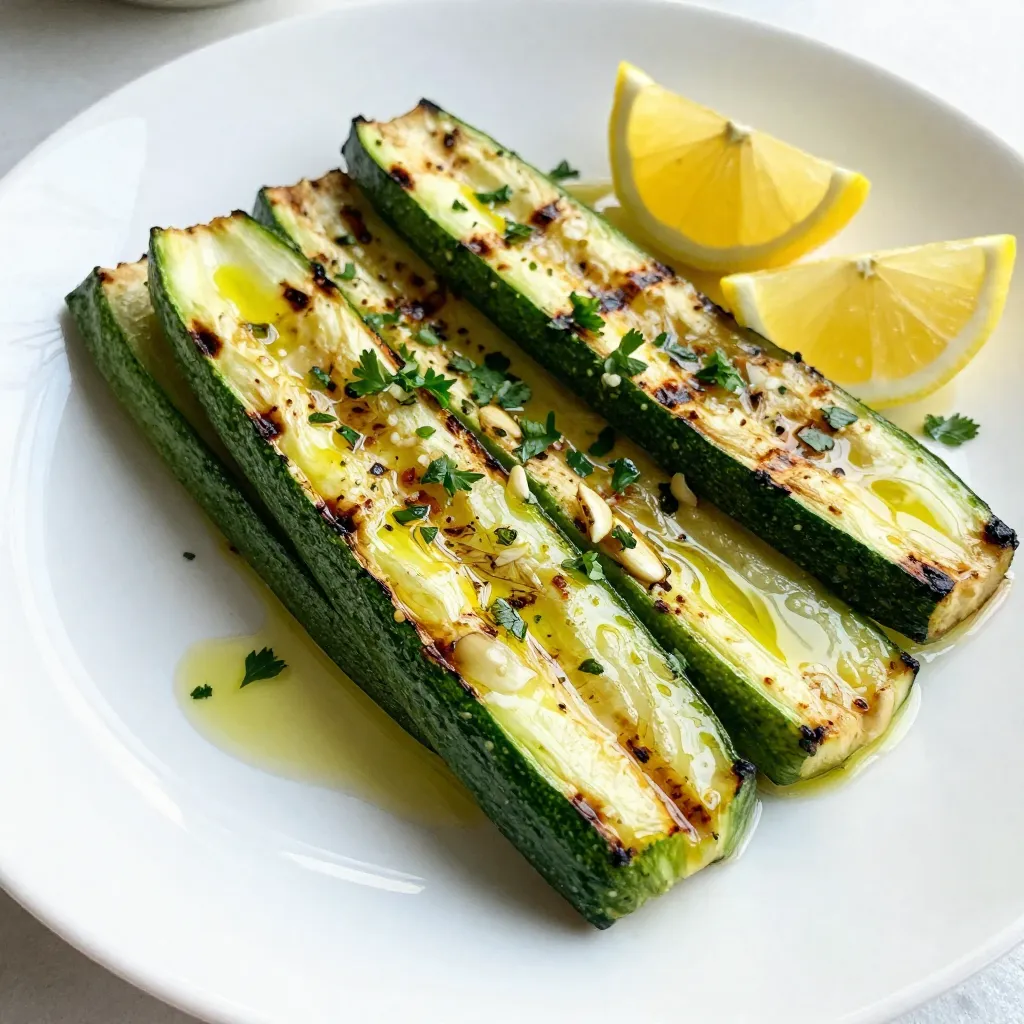 Um leckere Zitronen-Kräuter Gegrillte Zucchini zuzubereiten, benötigst du folgende Hauptzutaten: - 4 mittelgroße Zucchini, längs in 0,5 cm dicke Streifen geschnitten - 3 Esslöffel Olivenöl - 2 Esslöffel frischer Zitronensaft - Schale von 1 Zitrone - 2 Knoblauchzehen, fein gehackt Diese Zutaten bilden die Grundlage für das Gericht. Die Zucchini ist leicht und frisch, perfekt für den Grill. Die richtige Marinade macht den Unterschied. Hier sind die Gewürze, die du brauchst: - 1 Teelöffel getrockneter Oregano - 1 Teelöffel getrockneter Thymian - Salz und Pfeffer nach Geschmack Die Kombination aus Oregano und Thymian bringt den Geschmack der Zucchini zur Geltung. Das Salz und der Pfeffer geben der Marinade den letzten Schliff. Frische Kräuter bringen Farbe und einen tollen Geschmack. Hier sind einige Vorschläge: - Petersilie - Basilikum - Schnittlauch Diese Kräuter passen gut zu Zucchini. Schneide sie fein und streue sie über die gegrillten Zucchini. So sieht dein Gericht noch besser aus und schmeckt frisch! {{ingredient_image_2}} Um die Marinade zuzubereiten, nimm eine kleine Schüssel. Mische dort 3 Esslöffel Olivenöl, 2 Esslöffel frischen Zitronensaft und die Schale von einer Zitrone. Füge 2 fein gehackte Knoblauchzehen, 1 Teelöffel getrockneten Oregano und 1 Teelöffel getrockneten Thymian hinzu. Rühre alles gut um und schmecke die Marinade mit Salz und Pfeffer ab. Diese Mischung bringt viel Geschmack in die Zucchini. Jetzt ist es Zeit, die Zucchini zu marinieren. Schneide 4 mittelgroße Zucchini längs in 0,5 cm dicke Streifen. Lege die Zucchinistreifen in einen großen wiederverschließbaren Beutel oder eine flache Schüssel. Gieße die Marinade über die Zucchini. Achte darauf, dass die Streifen gut bedeckt sind. Verschließe den Beutel oder decke die Schüssel ab und stelle sie für mindestens 30 Minuten in den Kühlschrank. Dadurch ziehen die Aromen richtig ein. Heize deinen Grill oder die Grillpfanne auf mittlere bis hohe Hitze vor. Nimm die Zucchini aus der Marinade und lasse die überschüssige Marinade abtropfen. Lege die Zucchinistreifen auf den Grill und grille sie etwa 3-4 Minuten pro Seite. Die Zucchini sind fertig, wenn sie zart sind und schöne Grillstreifen haben. Sobald die Zucchini gegrillt sind, nimm sie vom Grill und lege sie auf eine Servierplatte. Garniere die Zucchini mit frisch gehackter Petersilie. Das sorgt für einen schönen Farb- und Geschmacksakzent. Du kannst die Zucchini auch auf einem Holzbrett anrichten und mit der restlichen Marinade beträufeln. Füge ein paar Zitronenscheiben hinzu, um das Gericht noch ansprechender zu machen. Die Grillzeit für Zucchini ist wichtig. Grillen Sie die Zucchini etwa 3-4 Minuten pro Seite. Achten Sie darauf, dass die Zucchini weich wird, aber nicht zerfällt. Die hohe Hitze hilft, schöne Grillstreifen zu erzeugen. Diese Streifen sehen toll aus und verbessern den Geschmack. Marinieren Sie die Zucchini mindestens 30 Minuten. So nehmen die Zucchini die Aromen gut auf. Wenn Sie mehr Zeit haben, lassen Sie sie bis zu 2 Stunden marinieren. Das gibt den Zucchini einen intensiveren Geschmack. Über Nacht im Kühlschrank zu marinieren, ist auch eine gute Idee. Es gibt viele Varianten für die Marinade. Sie können frische Kräuter wie Basilikum oder Rosmarin verwenden. Ein Spritzer Balsamico kann auch gut dazu passen. Experimentieren Sie mit verschiedenen Ölen, wie Avocadoöl oder Nussöl, für mehr Geschmack. Fügen Sie auch etwas Chili hinzu, wenn Sie es schärfer mögen. Pro Tipps Marinade anpassen: Experimentieren Sie mit verschiedenen Kräutern oder Gewürzen, um die Marinade nach Ihrem Geschmack zu variieren. Grilltemperatur: Stellen Sie sicher, dass der Grill gut vorgeheizt ist, um schöne Grillstreifen zu erzielen und ein Anhaften der Zucchini zu verhindern. Zucchini vorbereiten: Achten Sie darauf, die Zucchini gleichmäßig in dünne Streifen zu schneiden, damit sie gleichmäßig garen. Restmarinade nutzen: Verwenden Sie die restliche Marinade als Dressing für einen frischen Salat oder als Dip für andere Grillgerichte. {{image_4}} Zucchini ist sehr vielseitig. Du kannst sie mit vielen anderen Gemüsesorten kombinieren. Paprika, Auberginen und Champignons sind hervorragend. Schneide sie in ähnliche Größen wie die Zucchini. So garen sie gleichmäßig. Das macht das Grillen einfacher und schmackhafter. Eine Mischung bringt mehr Farbe und Textur auf den Grill. Probiere auch, verschiedene Gemüsesorten in die Marinade zu legen. Es wird deine Mahlzeit noch interessanter machen. Die Marinade für deine Zucchini kann leicht vegan gemacht werden. Statt Olivenöl kannst du Avocadoöl verwenden. Es hat einen milden Geschmack und passt gut. Für die Säure nutze Zitronensaft oder Limettensaft. Du kannst auch einen Spritzer Balsamico hinzufügen. Dieser gibt der Marinade eine süße Note. Achte darauf, die gleichen Kräuter und Gewürze zu verwenden. Sie sorgen für den gleichen tollen Geschmack. Um den Geschmack zu variieren, füge verschiedene Gewürze hinzu. Geräucherter Paprika bringt eine rauchige Note. Chili-Flocken geben etwas Schärfe. Auch Kreuzkümmel oder Kurkuma sind tolle Optionen. Diese Gewürze bringen eine neue Dimension. Experimentiere mit frischen Kräutern wie Basilikum oder Koriander. Sie bieten einen frischen, lebhaften Geschmack. Nutze deine Kreativität und finde deine Lieblingskombination. Lagern Sie die Reste der gegrillten Zucchini in einem luftdichten Behälter. Lassen Sie die Zucchini zuerst abkühlen. So bleibt der Geschmack besser erhalten. Sie können die Zucchini bis zu drei Tage im Kühlschrank aufbewahren. Wenn Sie eine längere Haltbarkeit wollen, können Sie die Zucchini einfrieren. Wickeln Sie sie gut in Frischhaltefolie ein und legen Sie sie in einen Gefrierbeutel. Es gibt viele Möglichkeiten, Zucchini-Reste zu nutzen. Fügen Sie die gegrillte Zucchini zu einem Salat hinzu. Sie bringt frischen Geschmack und Farbe. Ein weiteres einfaches Rezept ist eine Zucchini-Pasta. Schneiden Sie die Zucchini in kleine Stücke und braten Sie sie mit Knoblauch und Olivenöl an. Sie können auch die Zucchini in ein Sandwich legen. Sie passt gut zu Hummus oder Frischkäse. Die gegrillte Zucchini hält sich im Kühlschrank etwa drei Tage. Achten Sie darauf, den Behälter gut zu verschließen. Wenn Sie die Zucchini einfrieren, können Sie sie bis zu drei Monate aufbewahren. Achten Sie darauf, sie vor dem Einfrieren gut zu verpacken. So bleibt die Zucchini frisch und lecker. Du solltest die Zucchini mindestens 30 Minuten marinieren. So kann der Geschmack gut einziehen. Wenn du mehr Zeit hast, ist eine Stunde noch besser. Durch längeres Marinieren wird die Zucchini sehr aromatisch. Ja, du kannst die Zucchini auch im Ofen zubereiten. Heize deinen Ofen auf 200 Grad Celsius vor. Lege die Zucchinistreifen auf ein Backblech und röste sie für etwa 20 Minuten. Wende sie nach 10 Minuten. So erhältst du auch eine schöne Textur und Geschmack. Grilled Zucchini passt gut zu vielen Beilagen. Hier sind einige Vorschläge: - Ein frischer Salat - Gegrilltes Hühnchen oder Fisch - Quinoa oder Reis - Pasta mit Olivenöl und Kräutern Diese Beilagen ergänzen den Geschmack der Zucchini perfekt. Wenn du keinen Grill hast, kannst du eine Grillpfanne verwenden. Erhitze die Pfanne auf mittlerer Hitze und grille die Zucchini darin. Alternativ kannst du sie auch im Ofen rösten. Beides ergibt ein leckeres Ergebnis. Du hast gelernt, wie du leckere, gegrillte Zucchini mit einer Zitronen-Kräuter-Marinade zubereitest. Die Schritt-für-Schritt-Anleitung hilft dir, die Zucchini perfekt zu marinieren und zu grillen. Denk an die Tipps für Grillzeit und Marinierdauer, um den besten Geschmack zu erzielen. Variiere die Rezepte und probiere neue Gemüsesorten aus. Lager deine Reste richtig, um die Haltbarkeit zu verlängern. Mit diesen Informationen machst du jede Mahlzeit bunter und gesünder. Guten Appetit!