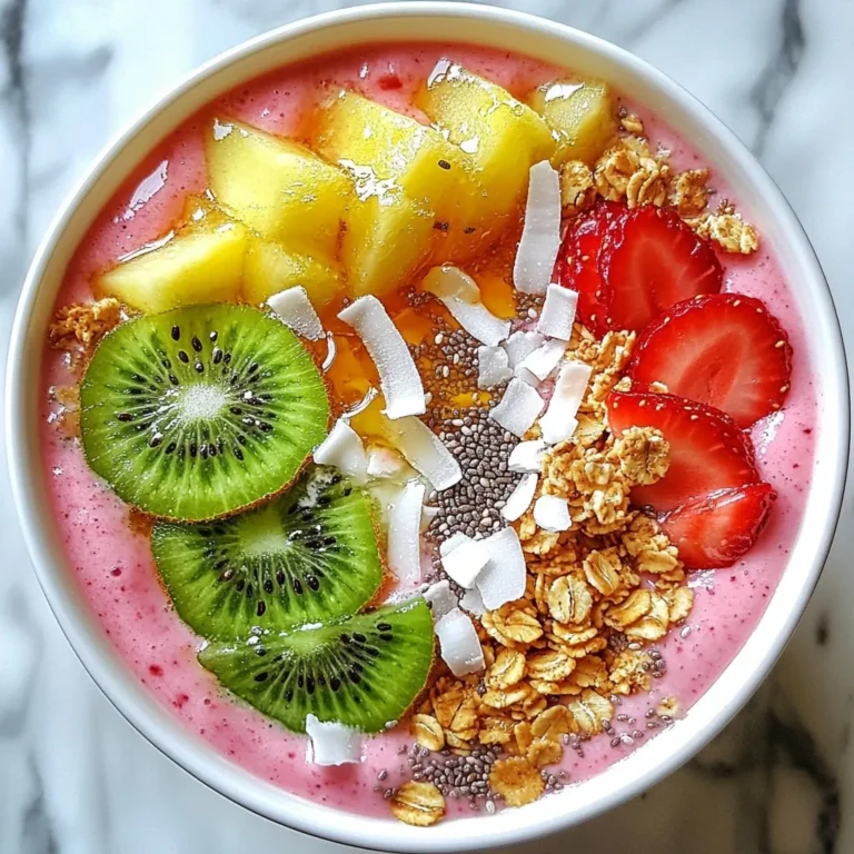 Die Erdbeer-Kiwi-Smoothie-Bowl ist frisch und gesund. Hier sind die Hauptzutaten, die du brauchst: - 1 Tasse frische Erdbeeren, geputzt und in Scheiben geschnitten - 2 reife Kiwis, geschält und gewürfelt - 1 Banane, gefroren - 1/2 Tasse griechischer Joghurt oder pflanzlicher Joghurt - 1/2 Tasse Mandelmilch (oder eine andere Milch nach Wahl) - 1 Esslöffel Honig oder Ahornsirup (optional, zur Süßung) Diese Zutaten sorgen für einen fruchtigen Geschmack und eine cremige Textur. Die gefrorene Banane macht die Bowl besonders kühl und lecker. Die Toppings bringen Spaß und Farbe. Hier sind einige Ideen für die besten Toppings: - Geschnittene Kiwi - Geschnittene Erdbeeren - Granola - Chia-Samen - Geraspelter Kokos Du kannst die Toppings nach deinem Geschmack wählen. Sie fügen Crunch und Nährstoffe hinzu. Experimentiere mit verschiedenen Kombinationen, um deine perfekte Bowl zu finden. Wenn du Joghurt oder Milch nicht magst, gibt es viele Alternativen. Für den Joghurt kannst du pflanzlichen Joghurt aus Soja oder Kokos verwenden. Diese sind oft cremig und lecker. Bei der Milch kannst du folgende Optionen nutzen: - Hafermilch - Sojamilch - Cashewmilch Diese Alternativen machen die Bowl vielseitig. So kannst du die Smoothie-Bowl nach deinen Vorlieben anpassen. {{ingredient_image_2}} Für die Erdbeer-Kiwi-Smoothie-Bowl beginne ich mit den frischen Zutaten. Ich nehme eine Tasse Erdbeeren und schneide sie in Scheiben. Dann nehme ich zwei reife Kiwis und schäle sie, bevor ich sie in kleine Würfel schneide. Diese Früchte sind die Basis für einen frischen Geschmack. Ich füge eine gefrorene Banane hinzu. Diese Banane sorgt für eine cremige Textur. Dann kommt eine halbe Tasse griechischer Joghurt oder pflanzlicher Joghurt dazu. Ich bevorzuge griechischen Joghurt, weil er reichhaltig ist. Jetzt gebe ich eine halbe Tasse Mandelmilch dazu. Wenn du eine andere Milch magst, kannst du sie auch verwenden. Falls ich die Mischung süßen möchte, füge ich einen Esslöffel Honig oder Ahornsirup hinzu. Das ist optional, aber lecker! Ich mixe alles in einem Mixer. Auf hoher Stufe mixe ich, bis die Mischung glatt und cremig ist. Wenn die Mischung zu dick ist, gebe ich mehr Mandelmilch dazu. Wenn die Mischung fertig ist, gieße ich sie vorsichtig in eine Schüssel. Jetzt kommt der kreative Teil! Ich arrangiere die geschnittenen Kiwi und Erdbeeren dekorativ auf der Smoothie-Basis. Es macht Spaß, die Farben zu kombinieren. Ich streue Granola über die Mischung. Das gibt einen tollen Crunch! Chia-Samen und geraspelter Kokos sind auch super als Toppings. Sie verleihen der Bowl zusätzlichen Geschmack und einen schönen Look. Falls ich möchte, gebe ich etwas Honig oder Ahornsirup oben drauf. Das sieht gut aus und schmeckt fantastisch! Ich serviere die Smoothie-Bowl sofort. Ein Löffel ist wichtig, um die cremige Mischung zu genießen. Es macht Spaß, mit Freunden zu essen. Man kann die Bowl auch für ein Frühstück oder als Snack anbieten. Um die Bowl besonders zu machen, kann ich die Toppings kunstvoll anrichten. Essbare Blüten sind ein toller Akzent. Sie machen die Bowl noch schöner und einladender. Mit diesen einfachen Schritten mache ich eine gesunde und bunte Erdbeer-Kiwi-Smoothie-Bowl, die jeden begeistert! Um die perfekte Konsistenz für Ihre Smoothie-Bowl zu erzielen, starten Sie mit einer gefrorenen Banane. Sie macht die Mischung cremig und kalt. Fügen Sie nach Bedarf Mandelmilch hinzu. Wenn die Mischung zu dick ist, geben Sie einfach mehr Milch dazu. Es ist wichtig, dass die Mischung glatt ist, damit sie gut in die Schüssel fließt. Wenn Sie die Bowl dicker mögen, reduzieren Sie die Flüssigkeit. Gefrorene Früchte sind ein Geheimtipp für Smoothies. Sie sorgen für eine kalte, erfrischende Textur. Besonders die gefrorene Banane ist ein Muss. Sie hilft, die Smoothie-Bowl cremig zu machen. Auch gefrorene Erdbeeren oder Kiwis können Sie verwenden. Sie sind einfach zu lagern und schmecken super. Denken Sie daran, sie rechtzeitig aus dem Gefrierfach zu nehmen, damit sie etwas antauen. Wenn Sie die Bowl süßen möchten, haben Sie viele Optionen. Honig und Ahornsirup sind beliebt. Sie geben einen leckeren Geschmack. Wenn Sie es gesünder mögen, probieren Sie Dattelsirup oder Agavendicksaft. Auch frische Früchte, wie eine reife Banane, können die Bowl süßen. Experimentieren Sie mit der Süße, bis Sie die richtige Balance finden. Pro Tipps Frische Zutaten auswählen: Verwenden Sie stets frische und reife Früchte für einen intensiveren Geschmack und eine cremigere Konsistenz. Variieren Sie die Milch: Experimentieren Sie mit verschiedenen pflanzlichen Milchsorten wie Hafer- oder Kokosmilch für neue Geschmackserlebnisse. Zusätzliche Nährstoffe: Fügen Sie einen Esslöffel Leinsamen oder Proteinpulver hinzu, um den Nährstoffgehalt der Bowl zu erhöhen. Perfekte Konsistenz: Falls die Mischung zu dick ist, können Sie nach Belieben mehr Flüssigkeit hinzufügen, um die gewünschte cremige Textur zu erreichen. {{image_4}} Möchten Sie etwas Abwechslung? Fügen Sie andere Früchte hinzu. Sie können Mango, Ananas oder Blaubeeren verwenden. Diese Früchte bringen neue Geschmäcker. Sie sind auch gesund und lecker. Probieren Sie verschiedene Kombinationen. Jedes Obst hat seine eigene Süße. So kreieren Sie Ihre eigene Lieblingsmischung. Für eine vegane Option ersetzen Sie den Joghurt. Verwenden Sie einfach pflanzlichen Joghurt. Mandelmilch ist bereits vegan. Achten Sie auf glutenfreie Toppings. Granola kann glutenhaltig sein. Wählen Sie eine glutenfreie Marke. So bleibt Ihre Bowl gesund und lecker für alle. Für Schokoladenliebhaber gibt es eine tolle Variante. Fügen Sie einfach einen Esslöffel Kakaopulver hinzu. Mixen Sie es mit den anderen Zutaten. Dies gibt Ihrer Bowl einen schokoladigen Geschmack. Dekorieren Sie mit Schokoladenspänen für mehr Genuss. So wird die Bowl zu einem süßen Erlebnis. Die Smoothie-Bowl schmeckt frisch am besten. Wenn du Reste hast, bewahre sie in einem luftdichten Behälter auf. Stelle sicher, dass die Bowl gut abgedeckt ist, um Oxidation zu vermeiden. Du kannst sie im Kühlschrank für bis zu zwei Tage aufbewahren. Frische Zutaten sind der Schlüssel zu einem tollen Geschmack. Wähle Erdbeeren und Kiwis, die fest und glänzend sind. Lagere sie im Kühlschrank, um die Frische zu bewahren. Wenn du gefrorene Bananen verwendest, achte darauf, dass sie vollständig gefroren sind. Das hilft, die richtige Konsistenz zu erreichen. Die Smoothie-Bowl bleibt im Kühlschrank zwei Tage frisch. Nach dieser Zeit kann die Farbe verblassen und der Geschmack kann sich ändern. Wenn du die Bowl länger aufbewahren möchtest, kannst du sie einfrieren. Achte darauf, die Bowl in einem gefrierfreundlichen Behälter zu lagern. So bleibt sie bis zu einem Monat haltbar. Um die Smoothie-Bowl gesünder zu gestalten, können Sie einige einfache Änderungen vornehmen. Verwenden Sie mehr frisches Obst, wie Bananen oder Beeren. Diese sind reich an Vitaminen und Ballaststoffen. Sie können auch den Joghurt durch griechischen Joghurt ersetzen, um mehr Protein zu erhalten. Reduzieren Sie den Honig oder Ahornsirup oder lassen Sie ihn ganz weg. Das macht die Bowl weniger süß, aber sehr lecker! Ja, Sie können verschiedene Milchalternativen verwenden. Mandelmilch ist eine beliebte Wahl, aber auch Hafermilch oder Kokosmilch passen gut. Diese Alternativen haben oft weniger Kalorien und sind laktosefrei. Experimentieren Sie mit verschiedenen Sorten, um herauszufinden, welche Ihnen am besten schmeckt. So können Sie die Aromen der Smoothie-Bowl anpassen. Die Nährwerte der Erdbeer-Kiwi-Smoothie-Bowl variieren je nach Zutaten. Im Durchschnitt enthält eine Portion etwa 250 Kalorien. Sie liefert wichtige Nährstoffe wie Vitamin C, Kalium und Ballaststoffe. Die Bowl hat auch gesunde Fette aus Chia-Samen und Kokosnuss. Diese Nährwerte machen die Smoothie-Bowl zu einer nahrhaften Wahl für ein Frühstück oder einen Snack. Eine Erdbeer-Kiwi-Smoothie-Bowl ist eine gesunde und köstliche Wahl. Wir haben die besten Zutaten, Toppings und Milchalternativen besprochen. Die Schritt-für-Schritt-Anleitung hilft dir beim Zubereiten und Dekorieren. Mit unseren Tipps erreichst du die perfekte Konsistenz. Du kannst auch Variationen wie Schokolade oder vegane Optionen ausprobieren. Denke daran, die Bowl richtig zu lagern, damit sie frisch bleibt. Experimentiere mit den Ideen und mache dein Frühstück bunt und nahrhaft!