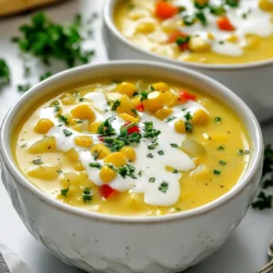 Für meine cremige Maissuppe benötige ich: - 4 Tassen frische Maiskörner (oder 2 Dosen Mais, gut abgetropft) - 1 mittelgroße Zwiebel, fein gehackt - 2 mittelgroße Kartoffeln, gewürfelt - 1 rote Paprika, gewürfelt - 3 Tassen Gemüsebrühe - 1 Tasse Sahne oder Kokoscreme (für eine leichtere Variante) - 2 Esslöffel Olivenöl - 1 Teelöffel geräuchertes Paprika-Pulver - Salz und schwarzer Pfeffer nach Geschmack - Frische Petersilie oder Schnittlauch, zum Garnieren Manchmal habe ich nicht alle Zutaten zur Hand. Hier sind ein paar Ersatzmöglichkeiten: - Frische Maiskörner: Verwenden Sie gefrorenen Mais, wenn frischer nicht verfügbar ist. - Sahne: Kokoscreme ist eine großartige, leichte Wahl. Für eine milchfreie Option funktioniert auch Mandelmilch gut. - Gemüsebrühe: Hühnerbrühe ist eine gute Alternative, wenn Sie kein Gemüse verwenden möchten. - Geräuchertes Paprika-Pulver: Paprika ohne Rauchgeschmack ist ein einfacher Ersatz, aber der Geschmack ändert sich. Die Zutaten bringen viele Nährstoffe. Hier sind einige Einblicke: - Mais: Reich an Ballaststoffen und Vitaminen. Gut für die Verdauung. - Kartoffeln: Eine gute Quelle für Kohlenhydrate und Vitamin C. Sie geben der Suppe Fülle. - Zwiebeln: Sie sind gesund für das Herz und bringen viel Geschmack. - Paprika: Voll von Antioxidantien, gerade die rote Sorte. Sie machen die Suppe bunt. - Sahne oder Kokoscreme: Fügen Sie gesunde Fette hinzu, die für die Energie wichtig sind. Diese Zutaten sorgen zusammen für eine nahrhafte und leckere Suppe, die einfach zuzubereiten ist. {{ingredient_image_2}} Zuerst bereiten wir die Zutaten vor. Du brauchst frische Maiskörner oder Dosenmais. Wenn du frischen Mais verwendest, schneide die Körner von den Kolben. Hacke dann die Zwiebel fein und würfle die Kartoffeln sowie die rote Paprika. Diese Schritte sind wichtig, um gleichmäßiges Garen zu gewährleisten. Erhitze das Olivenöl in einem großen Topf bei mittlerer Hitze. Füge die gehackte Zwiebel und die gewürfelte Paprika hinzu. Brate sie an, bis die Zwiebel glasig wird. Das dauert etwa fünf Minuten. Danach kommen die gewürfelten Kartoffeln und das geräucherte Paprika-Pulver dazu. Brate alles für zwei Minuten an, bis die Kartoffeln leicht weich sind. Jetzt gib die Maiskörner und die Gemüsebrühe in den Topf. Bringe die Mischung zum Kochen, reduziere dann die Hitze und lasse sie 15 bis 20 Minuten köcheln. Die Kartoffeln sollten jetzt weich sein. Nimm eine Kelle und entferne etwa die Hälfte der Suppe. Gieße sie in einen Mixer und püriere sie, bis sie ganz glatt ist. Das gibt der Suppe eine cremige Textur, während der Rest etwas Biss behält. Gieße die pürierte Mischung zurück in den Topf und rühre die Sahne oder Kokoscreme ein. Lass die Suppe bei niedriger Hitze fünf Minuten kochen. Schmecke sie dann mit Salz und schwarzem Pfeffer ab. Wenn du magst, lass die Suppe ein paar Minuten abkühlen, bevor du sie servierst. Um die perfekte Konsistenz zu erreichen, pürieren Sie die Suppe nur teilweise. Lassen Sie etwas Textur in der Mischung. Das gibt der Suppe Tiefe. Wenn Sie eine dickere Suppe möchten, fügen Sie mehr Kartoffeln hinzu. Sie machen die Suppe sämig. Achten Sie darauf, die Sahne oder Kokoscreme erst am Ende hinzuzufügen. So bleibt die Suppe schön cremig. Um den Geschmack zu intensivieren, verwenden Sie frischen Mais. Er hat einen süßen und knackigen Geschmack. Das geräucherte Paprika-Pulver bringt eine rauchige Note. Fügen Sie außerdem frische Kräuter wie Petersilie oder Schnittlauch hinzu. Diese geben der Suppe Frische. Experimentieren Sie auch mit etwas Limettensaft. Ein Spritzer Zitrus kann die Aromen aufhellen. Ein häufiger Fehler ist, die Suppe zu lange zu kochen. Das macht den Mais matschig. Rühren Sie nicht zu viel um, während die Suppe köchelt. Zu viel Bewegung kann die Konsistenz beeinträchtigen. Achten Sie darauf, die Brühe nicht zu salzig zu machen. Sie können immer mehr Salz hinzufügen, aber nicht zurücknehmen. Probieren Sie die Suppe während des Kochens. So können Sie den perfekten Geschmack finden. Pro Tipps Frische Zutaten verwenden: Verwenden Sie frische Maiskörner, wenn möglich. Dies verleiht der Suppe einen süßeren und frischeren Geschmack. Variation mit Gewürzen: Experimentieren Sie mit verschiedenen Gewürzen wie Kreuzkümmel oder Chili-Pulver, um der Suppe eine zusätzliche Geschmacksnote zu verleihen. Konsistenz anpassen: Wenn Sie die Suppe dicker mögen, lassen Sie sie länger köcheln oder fügen Sie weniger Gemüsebrühe hinzu. Garnierung kreativ gestalten: Neben frischer Petersilie können auch geröstete Kürbiskerne oder ein Spritzer Limettensaft eine interessante Garnierung sein. {{image_4}} Für eine vegetarische oder vegane Variante ist es einfach. Ersetzen Sie die Sahne durch Kokoscreme oder Hafercreme. Diese Optionen bieten eine tolle Cremigkeit. Verwenden Sie auch Gemüsebrühe ohne tierische Produkte. Sie können sogar einen Spritzer Zitrone hinzufügen. Das bringt einen frischen Geschmack. Experimentieren Sie mit verschiedenen Gewürzen. Fügen Sie Kreuzkümmel für einen warmen, erdigen Geschmack hinzu. Chili-Pulver kann die Suppe schärfer machen. Auch frische Kräuter wie Thymian oder Oregano passen gut. Diese kleinen Anpassungen machen die Suppe interessanter. Nutzen Sie frische saisonale Zutaten, um den Geschmack zu verbessern. Im Sommer sind frische Tomaten und Zucchini toll. Im Herbst können Sie Kürbis oder Süßkartoffeln hinzufügen. Diese Zutaten bieten neue Texturen und Aromen. Außerdem unterstützen Sie lokale Bauern und die Umwelt. Um die cremige Maissuppe frisch zu halten, bewahre sie in einem luftdichten Behälter auf. Lass die Suppe zuerst abkühlen, bevor du sie verpackst. So bleibt der Geschmack besser erhalten. Du kannst die Suppe im Kühlschrank bis zu drei Tage lagern. Wenn du mehr Suppe hast, als du essen kannst, friere sie ein. Gieße die abgekühlte Suppe in gefrierfreundliche Behälter. Lass dabei etwas Platz, da sich die Suppe beim Gefrieren ausdehnt. Du kannst die Suppe bis zu drei Monate einfrieren. Beschrifte die Behälter mit Datum, damit du den Überblick behältst. Um die Suppe aufzuwärmen, stelle sie in einen Topf bei mittlerer Hitze. Rühre die Suppe gut um, damit sie gleichmäßig erhitzt wird. Du kannst auch einen Mikrowellenbehälter nutzen. Erwärme die Suppe in kurzen Intervallen und rühre dazwischen um. Füge bei Bedarf etwas Wasser oder Brühe hinzu, um die Konsistenz anzupassen. Garniere die Suppe vor dem Servieren mit frischer Petersilie oder Schnittlauch. Die Maissuppe hält sich gut im Kühlschrank. Sie bleibt frisch für etwa drei bis fünf Tage. Stellen Sie sicher, dass Sie die Suppe in einem luftdichten Behälter aufbewahren. So bleibt der Geschmack erhalten. Wenn Sie die Suppe länger lagern möchten, frieren Sie sie ein. Im Gefrierfach kann sie bis zu drei Monate haltbar sein. Ja, gefrorener Mais ist eine tolle Option. Er spart Zeit und ist oft günstiger. Achten Sie darauf, den Mais gut abzutropfen, bevor Sie ihn zur Suppe hinzufügen. Gefrorener Mais hat einen ähnlichen Geschmack wie frischer Mais und sorgt für eine leckere Suppe. Ja, diese Maissuppe ist kinderfreundlich. Sie hat einen milden Geschmack und eine cremige Textur. Die Zutaten sind einfach und gesund. Sie können die Gewürze anpassen, um die Suppe milder zu machen. So wird sie sicher auch den kleinen Feinschmeckern schmecken. Die cremige Maissuppe ist einfach zuzubereiten und sehr vielseitig. Wir haben die Zutaten, die Zubereitung sowie Tipps und Varianten besprochen. Du kannst sogar spezielle Zutaten ersetzen und die Suppe anpassen. Richtig gelagert, bleibt sie frisch und schmackhaft. Denke daran, häufige Fehler zu vermeiden, um die perfekte Konsistenz zu erreichen. Am wichtigsten: Experimentiere mit der Suppe, um deinen eigenen Geschmack zu finden. So wird jedes Mal ein neues Gericht!