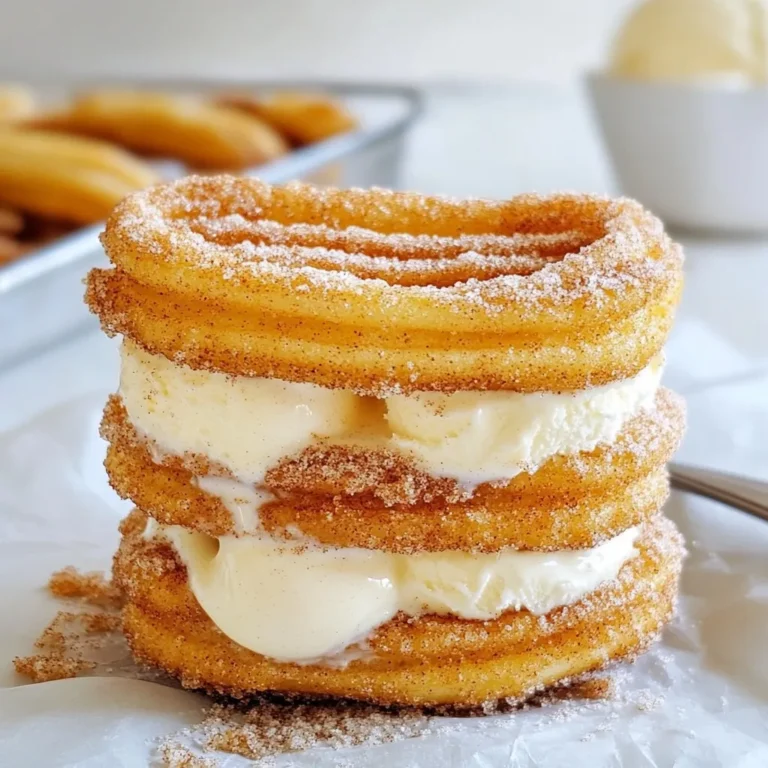 Um Churro-Eiscreme-Sandwiches zuzubereiten, benötigst du folgende Zutaten: - 1 Tasse Wasser - 125 g ungesalzene Butter - 1 Esslöffel Kristallzucker - 1/4 Teelöffel Salz - 125 g Weizenmehl - 2 große Eier - 1 Teelöffel Vanilleextrakt - 200 g Zucker (zum Wälzen) - 1 Esslöffel gemahlener Zimt - 4 Tassen deiner Lieblingseiscreme Falls du keine ungesalzene Butter hast, gibt es gute Alternativen. Du kannst auch: - Gesalzene Butter verwenden. Reduziere dann die Menge an zusätzlichem Salz im Rezept. - Margarine nutzen. Sie gibt ähnliche Ergebnisse. - Kokosöl oder Olivenöl ausprobieren. Diese Öle geben einen anderen Geschmack. Die Wahl der Eiscreme macht einen großen Unterschied. Hier sind einige beliebte Sorten, die gut zu Churros passen: - Vanille: Klassisch und süß. - Schokolade: Für Schokoladenliebhaber. - Dulce de Leche: Süß und cremig. - Erdbeere: Fruchtig und frisch. - Karamell: Für einen reichhaltigen Geschmack. Wähle die Sorte, die dir am besten schmeckt. So wird dein Churro-Eiscreme-Sandwich noch leckerer! {{ingredient_image_2}} Um den Churro-Teig zu machen, nimm einen mittelgroßen Topf. Gib 1 Tasse Wasser, 125 g ungesalzene Butter, 1 Esslöffel Kristallzucker und 1/4 Teelöffel Salz hinein. Stelle den Topf auf mittlere Hitze und bringe alles zum Kochen. Wenn das Wasser kocht, nimm den Topf vom Herd. Jetzt füge 125 g Weizenmehl hinzu. Rühre schnell um, bis sich der Teig vom Rand des Topfes löst. Lass den Teig etwa 5 Minuten abkühlen. Füge dann zwei große Eier nacheinander hinzu. Rühre nach jedem Ei gut um, bis der Teig glatt ist. Zum Schluss gib 1 Teelöffel Vanilleextrakt dazu. Dies gibt dem Teig einen tollen Geschmack. Erhitze in einer tiefen Pfanne etwa 5 cm hoch Pflanzenöl auf 175°C. Fülle den Churro-Teig in einen Spritzbeutel mit großer Sterntülle. Spritze 15-20 cm lange Streifen direkt in das heiße Öl. Frittier die Churros etwa 2-3 Minuten auf jeder Seite, bis sie goldbraun sind. Nimm sie mit einem Schaumlöffel heraus und lass sie auf Küchenpapier abtropfen. Wälze die warmen Churros in einer Mischung aus 200 g Zucker und 1 Esslöffel gemahlenem Zimt. Um perfekte Churros zu frittieren, achte auf die Temperatur des Öls. Das Öl sollte 175°C heiß sein. Du kannst dies mit einem Küchenthermometer überprüfen. Wenn das Öl zu kalt ist, saugen sich die Churros mit Öl voll. Wenn es zu heiß ist, verbrennen sie schnell. Spritze den Teig vorsichtig in das heiße Öl. Lass die Churros nicht zu nah beieinander, damit sie gleichmäßig braten. Frittiere sie etwa 2-3 Minuten auf jeder Seite. Sie sollten goldbraun und knusprig sein. Die Konsistenz des Teigs ist entscheidend. Er sollte dick, aber nicht zu fest sein. Nach dem Kochen des Wassers und der Butter füge das Mehl schnell hinzu. Rühre den Teig kräftig, bis er sich vom Topf löst. Lass den Teig kurz abkühlen, bevor du die Eier hinzufügst. Jedes Ei gut unterrühren, bis der Teig glatt ist. Der Teig sollte eine leicht glänzende Oberfläche haben, wenn er richtig zubereitet ist. Für die Sandwiches, halbieren die Churros längs oder lasse sie ganz. Lege einen großen Löffel Eiscreme zwischen zwei Churro-Stücke. Du kannst auch die Ränder mit etwas geschmolzener Schokolade verzieren. Serviere die Sandwiches sofort für die beste Textur. Ein bunter Teller macht die Präsentation noch schöner. Du kannst zusätzliche Zimt-Zucker-Mischung darüber streuen, um sie noch leckerer aussehen zu lassen. Pro Tipps Teig nicht überhitzen: Lassen Sie den Teig nach dem Kochen etwa 5 Minuten abkühlen, damit die Eier nicht stocken, wenn Sie sie hinzufügen. Richtiges Öl verwenden: Nutzen Sie ein neutrales Pflanzenöl wie Sonnenblumen- oder Rapsöl, um den Geschmack der Churros nicht zu beeinträchtigen. Churros knusprig halten: Servieren Sie die Churros sofort nach dem Wälzen in Zimt-Zucker, um ihre Knusprigkeit zu bewahren. Variationen ausprobieren: Experimentieren Sie mit verschiedenen Eissorten oder Füllungen, um Ihre Churro-Eiscreme-Sandwiches zu personalisieren. {{image_4}} Für Churro Ice Cream Sandwiches kannst du jede Eissorte nutzen. Ich empfehle jedoch die Klassiker: - Vanille - Schokolade - Dulce de Leche Du kannst auch spannendere Sorten ausprobieren. Zum Beispiel: - Karamell-Salz - Erdbeer-Joghurt - Pistazie Mische verschiedene Sorten für mehr Spaß. Das bringt neue Geschmäcker ins Spiel. Lass deiner Kreativität freien Lauf! Wenn du glutenfrei backen möchtest, nutze Reismehl statt Weizenmehl. Das ergibt einen ähnlichen Teig. Für vegane Churros ersetze die Eier durch Apfelmus oder Leinsamen. Das funktioniert gut und macht die Churros lecker. Für Eis gibt es viele pflanzliche Optionen. Probiere Kokos- oder Mandelmilcheis. Diese Sorten sind oft vegan und schmecken fantastisch. Verleihe deinen Churro-Sandwiches das gewisse Etwas! Du kannst sie mit verschiedenen Toppings verfeinern: - Schokoladensauce - Karamellsauce - Nüsse Frische Früchte passen ebenfalls gut. Probiere Erdbeeren oder Bananen. Ein bisschen Sahne oben drauf macht alles noch besser. So wird dein Churro-Sandwich ein wahrer Genuss! Wenn du Churros übrig hast, bewahre sie in einem luftdichten Behälter auf. Du kannst sie bei Raumtemperatur lagern, aber sie bleiben frischer, wenn du sie im Kühlschrank aufbewahrst. Lege ein Stück Küchenpapier zwischen die Churros, um Feuchtigkeit zu absorbieren. So bleiben sie knusprig. Eiscreme-Sandwiches kannst du in einem luftdichten Behälter im Gefrierfach lagern. Lege sie in einer einzelnen Schicht, um ein Zusammenkleben zu vermeiden. Du kannst sie auch mit Plastikfolie einwickeln. Achte darauf, die Sandwiches so schnell wie möglich zu essen, um die beste Textur zu behalten. Im Gefrierschrank sind die Churro-Eiscreme-Sandwiches bis zu zwei Wochen haltbar. Die Qualität bleibt am besten, wenn du sie innerhalb einer Woche isst. Wenn du sie lange aufbewahrst, kann die Eiscreme ihre Konsistenz verändern. Um Churros ohne Eier zuzubereiten, ersetzen Sie die Eier durch Apfelmus oder pflanzliche Milch. Verwenden Sie etwa 1/4 Tasse Apfelmus pro Ei. Mischen Sie das Apfelmus nach dem Mehl in den Teig. Der Teig wird etwas anders, aber die Churros schmecken trotzdem gut. Diese Methode macht die Churros auch vegan. Fertige Churro-Eiscreme-Sandwiches finden Sie in vielen Supermärkten oder Eisdielen. Schauen Sie in der Tiefkühlabteilung nach. Marken wie "Dulce de Leche" bieten oft diese Leckerei an. Sie können auch online nach speziellen Shops suchen, die diese Snacks verkaufen. Ja, Sie können Churros im Ofen machen. Formen Sie den Teig in Streifen auf ein Backblech. Backen Sie sie bei 200°C für etwa 20 Minuten. Sie werden vielleicht nicht so knusprig wie frittierte Churros, aber sie sind eine gesündere Option. Bestäuben Sie sie nach dem Backen mit Zimt und Zucker. Zusammenfassend haben wir die wichtigsten Zutaten für köstliche Churros und ihre Variationen erörtert. Ich habe Ihnen gezeigt, wie man den Teig zubereitet und perfekt frittiert. Außerdem haben wir über Tipps zum Servieren und Lagern gesprochen. Denken Sie daran, dass die Ideen für Eiscreme-Sandwiches kreativ und vielseitig sein können. Experimentieren Sie mit verschiedenen Geschmäckern und Toppings. Churros sind mehr als nur ein Snack. Sie sind ein Erlebnis. Genießen Sie jeden Bissen!