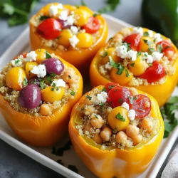 Für die gefüllten Paprika brauchen Sie: - 4 große Paprika (beliebige Farbe) - 1 Tasse Quinoa, gründlich gewaschen - 2 Tassen Gemüsebrühe - 1 Tasse Kichererbsen, aus der Dose, gewaschen und abgetropft - 1 kleine rote Zwiebel, fein gehackt - 2 Knoblauchzehen, fein gehackt - 1 Tasse Kirschtomaten, halbiert - ½ Tasse Kalamata-Oliven, in Scheiben geschnitten - ½ Tasse Feta-Käse, zerbröselt Diese Zutaten bringen Farbe und Geschmack auf den Tisch. Die Quinoa sorgt für eine nahrhafte Basis. Kichererbsen fügen Protein hinzu, während die Paprika selbst eine süße Note bringen. Wichtige Kräuter und Gewürze sind: - 1 Teelöffel getrockneter Oregano - 1 Teelöffel gemahlener Kreuzkümmel - ½ Teelöffel Salz - ½ Teelöffel schwarzer Pfeffer Diese Gewürze verleihen den gefüllten Paprika einen mediterranen Geschmack. Oregano gibt ein würziges Aroma, während Kreuzkümmel eine warme Note bringt. Salz und Pfeffer runden den Geschmack ab. Falls Sie einige Zutaten nicht haben, können Sie diese ersetzen: - Anstelle von Quinoa können Sie Reis verwenden. - Statt Kichererbsen sind schwarze Bohnen eine gute Wahl. - Feta-Käse kann durch Ziegenkäse ersetzt werden. Diese Alternativen bieten Flexibilität. Sie können das Rezept an Ihren Geschmack anpassen. Experimentieren Sie gerne mit anderen Gemüsesorten oder Kräutern! {{ingredient_image_2}} Zuerst heizen Sie den Ofen auf 190°C vor. Nehmen Sie die Paprika und schneiden Sie die oberen Teile ab. Entfernen Sie die Kerne und die Membranen. Bestreichen Sie die Außenseite der Paprika mit etwas Olivenöl. Stellen Sie die Paprika aufrecht in eine Auflaufform. Bringen Sie in einem mittelgroßen Topf 2 Tassen Gemüsebrühe zum Kochen. Fügen Sie 1 Tasse gewaschene Quinoa hinzu. Reduzieren Sie die Hitze und lassen Sie die Quinoa für 15 Minuten köcheln. Die Flüssigkeit sollte dann aufgesogen sein. Lockern Sie die Quinoa mit einer Gabel auf und legen Sie sie beiseite. Erhitzen Sie in einer Pfanne etwas Olivenöl bei mittlerer Hitze. Dünsten Sie 1 kleine, fein gehackte rote Zwiebel und 2 fein gehackte Knoblauchzehen für 3-4 Minuten, bis sie weich sind. Fügen Sie 1 Tasse halbierte Kirschtomaten, 1 Tasse Kichererbsen, ½ Tasse Kalamata-Oliven, 1 Teelöffel Oregano, 1 Teelöffel Kreuzkümmel, ½ Teelöffel Salz und ½ Teelöffel schwarzen Pfeffer hinzu. Kochen Sie alles für weitere 3-4 Minuten, bis es gut erwärmt ist. Mischen Sie die gekochte Quinoa mit der Gemüsefülle in einer großen Schüssel. Fügen Sie ½ Tasse zerbröselten Feta-Käse hinzu und falten Sie ihn vorsichtig unter. Füllen Sie die Mischung gleichmäßig in jede Paprika und drücken Sie sie leicht an. Decken Sie die Auflaufform mit Folie ab und backen Sie die Paprika 25 Minuten. Entfernen Sie die Folie und backen Sie weitere 10-15 Minuten, bis die Paprika zart sind. Lassen Sie die Paprika kurz abkühlen und garnieren Sie sie mit frischer Petersilie. Die Garzeit für Paprika ist sehr wichtig. Backen Sie die gefüllten Paprika bei 190°C. Decken Sie die Form zuerst mit Folie ab. Backen Sie sie 25 Minuten. Entfernen Sie dann die Folie und backen Sie weitere 10-15 Minuten. Dadurch werden die Paprika zart und leicht gebräunt. Fügen Sie frische Kräuter hinzu. Basilikum oder Thymian passen gut zu diesem Rezept. Um mehr Geschmack zu bekommen, nutzen Sie geräucherten Paprika. Das gibt der Füllung eine extra Note. Für eine schärfere Variante können Sie Chili oder Jalapeños hinzufügen. Experimentieren Sie mit verschiedenen Käsesorten wie Ziegenkäse oder Cheddar. Präsentieren Sie die gefüllten Paprika auf einer großen Platte. Träufeln Sie etwas Olivenöl über die Paprika. Garnieren Sie sie mit frisch gehackter Petersilie. Das sorgt für ein schönes Aussehen. Servieren Sie die Paprika warm, zusammen mit einem frischen Salat. Das macht das Gericht noch leckerer und gesünder. Pro Tipps Wählen Sie frische Paprika: Achten Sie darauf, feste und glänzende Paprika auszuwählen, um sicherzustellen, dass sie während des Backens gut halten. Quinoa richtig kochen: Spülen Sie die Quinoa gründlich ab, um Bitterstoffe zu entfernen, und verwenden Sie Gemüsebrühe für zusätzlichen Geschmack. Variieren Sie die Füllung: Experimentieren Sie mit verschiedenen Gemüsesorten oder Nüssen in der Füllung, um verschiedene Geschmäcker zu kreieren. Servieren Sie mit Joghurt: Ein Klecks griechischer Joghurt auf den gefüllten Paprika sorgt für eine cremige Textur und zusätzlichen Geschmack. {{image_4}} Für eine vegetarische Variante kann man den Feta-Käse weglassen. Stattdessen empfehle ich, mehr Kichererbsen oder eine andere Bohne hinzuzufügen. Das gibt extra Protein. Um das Rezept vegan zu machen, nutzen Sie pflanzliche Käsesorten. Diese schmelzen gut und verleihen Geschmack. Die Füllung ist sehr flexibel. Sie können auch Spinat oder Zucchini hinzufügen. Diese Gemüse bringen eine frische Note. Wenn Sie etwas mehr Biss wollen, probieren Sie Walnüsse oder Pinienkerne. Diese Zutaten geben mehr Textur. Die mediterranen Aromen können durch verschiedene Gewürze verändert werden. Zum Beispiel fügen Sie italienische Kräuter wie Basilikum oder Thymian hinzu. Für einen orientalischen Touch können Sie Zimt oder Koriander verwenden. Diese Variationen bringen neue Geschmäcker in Ihr Gericht. Sie können auch andere Gemüse wie Auberginen oder Zucchini verwenden, um die Füllung zu variieren. Um Reste der gefüllten Paprika aufzubewahren, lege sie in einen luftdichten Behälter. Stelle sicher, dass die Paprika vollständig abgekühlt sind, bevor du sie einpackst. So bleiben sie frisch. Du kannst sie im Kühlschrank bis zu drei Tage aufbewahren. Achte darauf, dass der Behälter gut verschlossen ist. So vermeidest du, dass die Paprika austrocknen oder Gerüche aufnehmen. Wenn du mehr gefüllte Paprika zubereitest, kannst du sie auch einfrieren. Lasse die Paprika zunächst vollständig abkühlen. Danach lege sie in einen gefrierfesten Behälter oder einen Gefrierbeutel. Vergiss nicht, das Datum aufzuschreiben. Gefrorene gefüllte Paprika halten bis zu drei Monate. Wenn du sie später essen möchtest, lasse sie im Kühlschrank über Nacht auftauen. Um gefüllte Paprika aufzuwärmen, heize deinen Ofen auf 180°C vor. Lege die Paprika in eine Auflaufform und decke sie mit Folie ab. So trocknen sie nicht aus. Backe die Paprika für etwa 20 Minuten oder bis sie durchgewärmt sind. Du kannst sie auch in der Mikrowelle aufwärmen. Stelle die Mikrowelle auf mittlere Hitze und erhitze sie für etwa 3-5 Minuten. Prüfe zwischendurch, ob sie warm genug sind. Backen Sie die Paprika für 25 Minuten mit Folie. Danach entfernen Sie die Folie. Backen Sie sie für weitere 10 bis 15 Minuten. So werden sie zart und leicht gebräunt. Die genaue Zeit kann je nach Ofen variieren. Achten Sie darauf, dass die Paprika weich sind, aber nicht zerfallen. Ja, Sie können Reis anstelle von Quinoa verwenden. Langkornreis oder Basmatireis sind gute Optionen. Kochen Sie den Reis in der Gemüsebrühe wie die Quinoa. Achten Sie darauf, dass der Reis gut gewürzt ist. Das wird den Geschmack der Füllung noch verbessern. Wenn Sie keinen Feta-Käse mögen, probieren Sie Ziegenkäse oder Ricotta. Diese Käsesorten bieten eine ähnliche Cremigkeit. Vegane Alternativen sind auch möglich. Verwenden Sie pflanzlichen Käse oder einfach mehr Gemüse. Das gibt der Füllung einen frischen Geschmack. Mediterrane Aromen kommen aus Ländern wie Griechenland, Italien und Spanien. Kräuter wie Oregano und Basilikum sind sehr beliebt. Auch Olivenöl und frisches Gemüse spielen eine große Rolle. Die Aromen sind frisch und einfach, was sie besonders macht. Gefüllte Paprika sind eine köstliche und vielseitige Mahlzeit. Wir haben die wichtigsten Zutaten und deren Substitutionen besprochen. Die Schritt-für-Schritt-Anleitung zeigt, wie du die Paprika perfekt zubereitest. Tipps und Tricks helfen dir, sie ideal zu garen und anzurichten. Variationen bieten dir spannende Möglichkeiten, kreativ zu sein. Schließlich weißt du nun, wie du Reste lagern und wieder aufwärmen kannst. Experimentiere und finde deine Lieblingsversion dieses Gerichts. So wirst du sicher viel Freude beim Kochen haben!