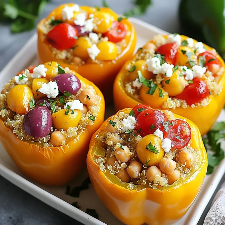 Für die gefüllten Paprika brauchen Sie: - 4 große Paprika (beliebige Farbe) - 1 Tasse Quinoa, gründlich gewaschen - 2 Tassen Gemüsebrühe - 1 Tasse Kichererbsen, aus der Dose, gewaschen und abgetropft - 1 kleine rote Zwiebel, fein gehackt - 2 Knoblauchzehen, fein gehackt - 1 Tasse Kirschtomaten, halbiert - ½ Tasse Kalamata-Oliven, in Scheiben geschnitten - ½ Tasse Feta-Käse, zerbröselt Diese Zutaten bringen Farbe und Geschmack auf den Tisch. Die Quinoa sorgt für eine nahrhafte Basis. Kichererbsen fügen Protein hinzu, während die Paprika selbst eine süße Note bringen. Wichtige Kräuter und Gewürze sind: - 1 Teelöffel getrockneter Oregano - 1 Teelöffel gemahlener Kreuzkümmel - ½ Teelöffel Salz - ½ Teelöffel schwarzer Pfeffer Diese Gewürze verleihen den gefüllten Paprika einen mediterranen Geschmack. Oregano gibt ein würziges Aroma, während Kreuzkümmel eine warme Note bringt. Salz und Pfeffer runden den Geschmack ab. Falls Sie einige Zutaten nicht haben, können Sie diese ersetzen: - Anstelle von Quinoa können Sie Reis verwenden. - Statt Kichererbsen sind schwarze Bohnen eine gute Wahl. - Feta-Käse kann durch Ziegenkäse ersetzt werden. Diese Alternativen bieten Flexibilität. Sie können das Rezept an Ihren Geschmack anpassen. Experimentieren Sie gerne mit anderen Gemüsesorten oder Kräutern! {{ingredient_image_2}} Zuerst heizen Sie den Ofen auf 190°C vor. Nehmen Sie die Paprika und schneiden Sie die oberen Teile ab. Entfernen Sie die Kerne und die Membranen. Bestreichen Sie die Außenseite der Paprika mit etwas Olivenöl. Stellen Sie die Paprika aufrecht in eine Auflaufform. Bringen Sie in einem mittelgroßen Topf 2 Tassen Gemüsebrühe zum Kochen. Fügen Sie 1 Tasse gewaschene Quinoa hinzu. Reduzieren Sie die Hitze und lassen Sie die Quinoa für 15 Minuten köcheln. Die Flüssigkeit sollte dann aufgesogen sein. Lockern Sie die Quinoa mit einer Gabel auf und legen Sie sie beiseite. Erhitzen Sie in einer Pfanne etwas Olivenöl bei mittlerer Hitze. Dünsten Sie 1 kleine, fein gehackte rote Zwiebel und 2 fein gehackte Knoblauchzehen für 3-4 Minuten, bis sie weich sind. Fügen Sie 1 Tasse halbierte Kirschtomaten, 1 Tasse Kichererbsen, ½ Tasse Kalamata-Oliven, 1 Teelöffel Oregano, 1 Teelöffel Kreuzkümmel, ½ Teelöffel Salz und ½ Teelöffel schwarzen Pfeffer hinzu. Kochen Sie alles für weitere 3-4 Minuten, bis es gut erwärmt ist. Mischen Sie die gekochte Quinoa mit der Gemüsefülle in einer großen Schüssel. Fügen Sie ½ Tasse zerbröselten Feta-Käse hinzu und falten Sie ihn vorsichtig unter. Füllen Sie die Mischung gleichmäßig in jede Paprika und drücken Sie sie leicht an. Decken Sie die Auflaufform mit Folie ab und backen Sie die Paprika 25 Minuten. Entfernen Sie die Folie und backen Sie weitere 10-15 Minuten, bis die Paprika zart sind. Lassen Sie die Paprika kurz abkühlen und garnieren Sie sie mit frischer Petersilie. Die Garzeit für Paprika ist sehr wichtig. Backen Sie die gefüllten Paprika bei 190°C. Decken Sie die Form zuerst mit Folie ab. Backen Sie sie 25 Minuten. Entfernen Sie dann die Folie und backen Sie weitere 10-15 Minuten. Dadurch werden die Paprika zart und leicht gebräunt. Fügen Sie frische Kräuter hinzu. Basilikum oder Thymian passen gut zu diesem Rezept. Um mehr Geschmack zu bekommen, nutzen Sie geräucherten Paprika. Das gibt der Füllung eine extra Note. Für eine schärfere Variante können Sie Chili oder Jalapeños hinzufügen. Experimentieren Sie mit verschiedenen Käsesorten wie Ziegenkäse oder Cheddar. Präsentieren Sie die gefüllten Paprika auf einer großen Platte. Träufeln Sie etwas Olivenöl über die Paprika. Garnieren Sie sie mit frisch gehackter Petersilie. Das sorgt für ein schönes Aussehen. Servieren Sie die Paprika warm, zusammen mit einem frischen Salat. Das macht das Gericht noch leckerer und gesünder. Pro Tipps Wählen Sie frische Paprika: Achten Sie darauf, feste und glänzende Paprika auszuwählen, um sicherzustellen, dass sie während des Backens gut halten. Quinoa richtig kochen: Spülen Sie die Quinoa gründlich ab, um Bitterstoffe zu entfernen, und verwenden Sie Gemüsebrühe für zusätzlichen Geschmack. Variieren Sie die Füllung: Experimentieren Sie mit verschiedenen Gemüsesorten oder Nüssen in der Füllung, um verschiedene Geschmäcker zu kreieren. Servieren Sie mit Joghurt: Ein Klecks griechischer Joghurt auf den gefüllten Paprika sorgt für eine cremige Textur und zusätzlichen Geschmack. {{image_4}} Für eine vegetarische Variante kann man den Feta-Käse weglassen. Stattdessen empfehle ich, mehr Kichererbsen oder eine andere Bohne hinzuzufügen. Das gibt extra Protein. Um das Rezept vegan zu machen, nutzen Sie pflanzliche Käsesorten. Diese schmelzen gut und verleihen Geschmack. Die Füllung ist sehr flexibel. Sie können auch Spinat oder Zucchini hinzufügen. Diese Gemüse bringen eine frische Note. Wenn Sie etwas mehr Biss wollen, probieren Sie Walnüsse oder Pinienkerne. Diese Zutaten geben mehr Textur. Die mediterranen Aromen können durch verschiedene Gewürze verändert werden. Zum Beispiel fügen Sie italienische Kräuter wie Basilikum oder Thymian hinzu. Für einen orientalischen Touch können Sie Zimt oder Koriander verwenden. Diese Variationen bringen neue Geschmäcker in Ihr Gericht. Sie können auch andere Gemüse wie Auberginen oder Zucchini verwenden, um die Füllung zu variieren. Um Reste der gefüllten Paprika aufzubewahren, lege sie in einen luftdichten Behälter. Stelle sicher, dass die Paprika vollständig abgekühlt sind, bevor du sie einpackst. So bleiben sie frisch. Du kannst sie im Kühlschrank bis zu drei Tage aufbewahren. Achte darauf, dass der Behälter gut verschlossen ist. So vermeidest du, dass die Paprika austrocknen oder Gerüche aufnehmen. Wenn du mehr gefüllte Paprika zubereitest, kannst du sie auch einfrieren. Lasse die Paprika zunächst vollständig abkühlen. Danach lege sie in einen gefrierfesten Behälter oder einen Gefrierbeutel. Vergiss nicht, das Datum aufzuschreiben. Gefrorene gefüllte Paprika halten bis zu drei Monate. Wenn du sie später essen möchtest, lasse sie im Kühlschrank über Nacht auftauen. Um gefüllte Paprika aufzuwärmen, heize deinen Ofen auf 180°C vor. Lege die Paprika in eine Auflaufform und decke sie mit Folie ab. So trocknen sie nicht aus. Backe die Paprika für etwa 20 Minuten oder bis sie durchgewärmt sind. Du kannst sie auch in der Mikrowelle aufwärmen. Stelle die Mikrowelle auf mittlere Hitze und erhitze sie für etwa 3-5 Minuten. Prüfe zwischendurch, ob sie warm genug sind. Backen Sie die Paprika für 25 Minuten mit Folie. Danach entfernen Sie die Folie. Backen Sie sie für weitere 10 bis 15 Minuten. So werden sie zart und leicht gebräunt. Die genaue Zeit kann je nach Ofen variieren. Achten Sie darauf, dass die Paprika weich sind, aber nicht zerfallen. Ja, Sie können Reis anstelle von Quinoa verwenden. Langkornreis oder Basmatireis sind gute Optionen. Kochen Sie den Reis in der Gemüsebrühe wie die Quinoa. Achten Sie darauf, dass der Reis gut gewürzt ist. Das wird den Geschmack der Füllung noch verbessern. Wenn Sie keinen Feta-Käse mögen, probieren Sie Ziegenkäse oder Ricotta. Diese Käsesorten bieten eine ähnliche Cremigkeit. Vegane Alternativen sind auch möglich. Verwenden Sie pflanzlichen Käse oder einfach mehr Gemüse. Das gibt der Füllung einen frischen Geschmack. Mediterrane Aromen kommen aus Ländern wie Griechenland, Italien und Spanien. Kräuter wie Oregano und Basilikum sind sehr beliebt. Auch Olivenöl und frisches Gemüse spielen eine große Rolle. Die Aromen sind frisch und einfach, was sie besonders macht. Gefüllte Paprika sind eine köstliche und vielseitige Mahlzeit. Wir haben die wichtigsten Zutaten und deren Substitutionen besprochen. Die Schritt-für-Schritt-Anleitung zeigt, wie du die Paprika perfekt zubereitest. Tipps und Tricks helfen dir, sie ideal zu garen und anzurichten. Variationen bieten dir spannende Möglichkeiten, kreativ zu sein. Schließlich weißt du nun, wie du Reste lagern und wieder aufwärmen kannst. Experimentiere und finde deine Lieblingsversion dieses Gerichts. So wirst du sicher viel Freude beim Kochen haben!