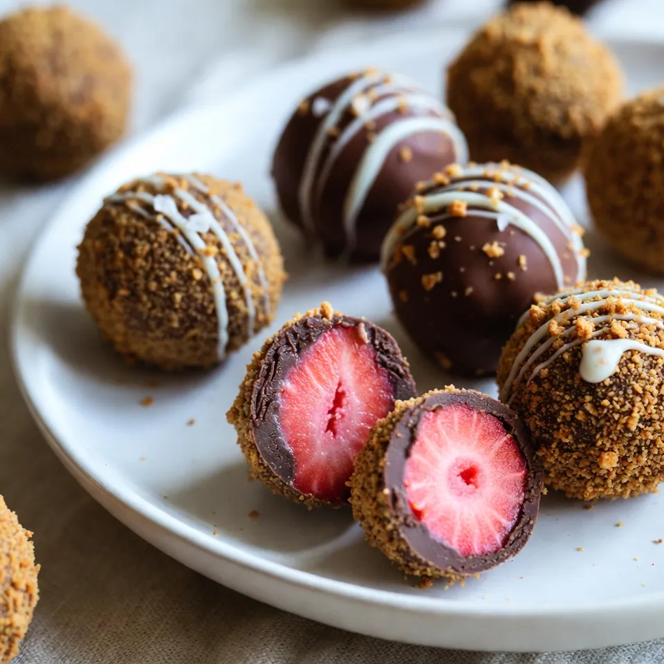Für die Schokoladenüberzogenen Erdbeertrüffel benötigst du: - 1 Tasse frische Erdbeeren, entstielt - 1 Tasse Zartbitter-Schokoladenstückchen (oder gehackte Schokolade) - 1 Tasse gesüßte Kondensmilch - 1 Teelöffel Vanilleextrakt - 1 Tasse Graham-Cracker-Brösel - 1/2 Tasse weiße Schokoladenstückchen (zum Verzieren) - Meersalz (zum Garnieren) Diese Zutaten sorgen für einen reichen, fruchtigen Geschmack. Die frischen Erdbeeren bringen süße Noten. Die Zartbitter-Schokolade gibt einen tollen Kontrast. Um die Trüffel zu machen, brauchst du: - Mixer oder Küchenmaschine - Mikrowellenfeste Schüssel - Löffel zum Rühren - Backblech - Backpapier - Frischhaltefolie - Kleiner Ausstecher oder deine Hände Mit diesen Materialien gelingt dir das Rezept leicht. Der Mixer hilft, die Erdbeeren schnell zu pürieren. Die Mikrowelle macht das Schmelzen der Schokolade einfach. {{ingredient_image_2}} Nehmen Sie eine Tasse frische Erdbeeren und entfernen Sie die Stiele. Geben Sie die Erdbeeren in einen Mixer. Pürieren Sie sie, bis die Mischung glatt ist. Sie sollten etwa 3/4 Tasse Erdbeerpüree erhalten. Das Püree gibt den Trüffeln ihren fruchtigen Geschmack. In einer mikrowellenfesten Schüssel kombinieren Sie eine Tasse Zartbitter-Schokoladenstückchen und eine Tasse gesüßte Kondensmilch. Stellen Sie die Schüssel in die Mikrowelle. Erhitzen Sie die Mischung in 30-Sekunden-Intervallen. Rühren Sie gut um, bis die Schokolade geschmolzen und glatt ist. Dies ist die Basis für die Trüffel. Fügen Sie einen Teelöffel Vanilleextrakt und das Erdbeerpüree zur Schokoladenmischung hinzu. Rühren Sie alles gut um. Decken Sie die Schüssel mit Frischhaltefolie ab und stellen Sie sie für 1-2 Stunden in den Kühlschrank. Wenn die Mischung fest ist, formen Sie kleine Kugeln von etwa 2,5 cm Durchmesser. Wälzen Sie die Kugeln in Graham-Cracker-Bröseln. Dies gibt ihnen eine knusprige Textur. Schmelzen Sie in einer anderen Schüssel eine halbe Tasse weiße Schokolade in der Mikrowelle, ebenfalls in 30-Sekunden-Intervallen. Legen Sie die geformten Trüffel auf ein mit Backpapier belegtes Blech. Beträufeln Sie die Trüffel mit der geschmolzenen weißen Schokolade. Streuen Sie eine kleine Prise Meersalz auf jede Trüffel, während die Schokolade noch feucht ist. Stellen Sie das Blech erneut in den Kühlschrank für etwa 30 Minuten. So können die Trüffel fest werden und köstlich aussehen. Um die beste Trüffel-Textur zu bekommen, achte auf die Kühlzeit. Lasse die Mischung gut kühlen, bis sie fest ist. Wenn du die Trüffel formst, arbeite schnell. Das macht es einfacher. Wenn sie zu warm sind, werden sie klebrig. Wenn du sie richtig formst, fühlen sie sich schön cremig an. Die Wahl der Schokolade macht einen großen Unterschied. Zartbitter-Schokolade sorgt für einen tollen Geschmack. Verwende hochwertige Schokolade für das beste Ergebnis. Du kannst auch eine Mischung aus Zartbitter und Milchschokolade probieren. Für die Dekoration verwende weiße Schokolade. Sie sorgt für einen schönen Kontrast. Die Präsentation zählt! Serviere die Trüffel in einer schönen Box oder auf einem Teller. Füge frische Erdbeeren hinzu, um das Bild zu vervollständigen. Du kannst auch kleine Papierförmchen nutzen. Diese machen die Trüffel noch ansprechender. Vergiss nicht, die Trüffel mit Meersalz zu bestreuen. Das gibt einen leckeren Geschmack! Pro Tipps Frische Erdbeeren: Wählen Sie reife und frische Erdbeeren für den besten Geschmack. Achten Sie darauf, dass sie keine Druckstellen haben. Schokolade temperieren: Für einen schönen Glanz und eine knackige Textur, temperieren Sie die Schokolade richtig, bevor Sie sie verwenden. Kühlen für die perfekte Konsistenz: Stellen Sie sicher, dass die Mischung genug gekühlt ist, bevor Sie die Trüffel formen, damit sie nicht auseinanderfallen. Variationen ausprobieren: Fügen Sie verschiedene Aromen oder Nüsse zu Ihrer Trüffelmischung hinzu, um neue Geschmäcker zu kreieren. {{image_4}} Du kannst deine Trüffel mit verschiedenen Aromen verfeinern. Füge zum Beispiel ein paar Tropfen Orangen- oder Erdbeerextrakt hinzu. Diese Aromen geben den Trüffeln eine neue Note. Du kannst auch etwas Kaffee oder Kakaopulver hinzufügen. Diese Zutaten sorgen für einen intensiveren Geschmack. Experimentiere mit verschiedenen Kombinationen, um deine perfekte Mischung zu finden. Graham-Cracker-Brösel sind lecker, aber nicht die einzige Wahl. Du kannst auch zerbröselte Kekse verwenden. Versuche Butterkekse oder Schokoladenkekse für einen anderen Geschmack. Auch zerstoßene Nüsse sind eine gute Option. Mandeln oder Haselnüsse passen gut zu Schokolade und Erdbeeren. Diese Alternativen machen die Trüffel noch interessanter und knuspriger. Schokoladenüberzogene Erdbeertrüffel sind perfekt für viele Anlässe. Du kannst sie auf Geburtstagsfeiern oder Hochzeiten servieren. Ein schönes Arrangement macht Eindruck. Stelle die Trüffel in einer dekorativen Schachtel oder auf einem festlichen Teller zur Schau. Für einen besonderen Anlass kannst du die Trüffel mit essbarem Glitzer dekorieren. So wirken sie noch festlicher und ansprechender. Um die Schokoladenüberzogenen Erdbeertrüffel frisch zu halten, legen Sie sie in einen luftdichten Behälter. Verwenden Sie Papiertücher, um Feuchtigkeit zu absorbieren. Fügen Sie keine Erdbeeren hinzu, da sie schnell verderben. Lagern Sie die Trüffel im Kühlschrank. So bleiben sie kühl und lecker. Die Trüffel halten sich im Kühlschrank etwa eine Woche. Wenn Sie sie länger aufbewahren möchten, frieren Sie sie ein. Im Gefrierschrank bleiben sie bis zu drei Monate frisch. Lassen Sie die Trüffel vor dem Essen bei Raumtemperatur auftauen. So schmecken sie am besten. Schokoladenüberzogene Erdbeertrüffel sind bei richtiger Lagerung bis zu einer Woche haltbar. Bewahren Sie sie im Kühlschrank auf. So bleiben sie frisch und lecker. Wenn Sie sie länger aufbewahren möchten, können Sie die Trüffel auch einfrieren. In einem luftdichten Behälter halten sie sich bis zu drei Monate. Lassen Sie sie vor dem Verzehr einfach im Kühlschrank auftauen. Ja, Sie können andere Früchte verwenden! Himbeeren, Blaubeeren oder sogar Banane passen gut. Achten Sie darauf, die Früchte gut abzutrocknen. So wird die Trüffel nicht zu nass. Experimentieren Sie mit verschiedenen Früchten, um neue Geschmäcker zu entdecken. Dies macht die Trüffel noch spannender und leckerer. Ja, es ist möglich, die Trüffel vegan zuzubereiten. Verwenden Sie vegane Schokolade und pflanzliche Kondensmilch. Es gibt viele Marken, die diese Produkte anbieten. Achten Sie darauf, dass alle Zutaten vegan sind, um echte vegane Trüffel zu kreieren. So können auch pflanzenbasierte Esser genießen. Die besten Zutaten finden Sie in gut sortierten Supermärkten oder Bioläden. Achten Sie auf frische Erdbeeren. Kaufen Sie auch hochwertige Schokolade für den besten Geschmack. Online-Shops bieten oft eine große Auswahl an speziellen Zutaten. Überprüfen Sie die Bewertungen, um die Qualität sicherzustellen. In diesem Artikel haben wir die Zutaten, die Anleitung und Tipps für die perfekten Trüffel behandelt. Wir haben gesehen, wie man köstliche Erdbeertrüffel zubereitet und sie ansprechend präsentiert. Es ist wichtig, die richtige Schokolade auszuwählen und die Trüffel optimal zu lagern. Mit etwas Kreativität können Sie auch Variationen und Aromen ausprobieren. Denken Sie daran, das Rezept an Ihre Bedürfnisse anzupassen und Spaß beim Zubereiten zu haben. So gelingen Ihnen köstliche Trüffel, die jeden begeistern werden.
