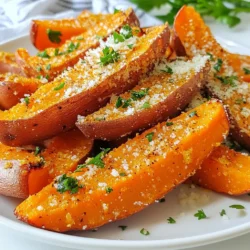 Um die Knoblauch Parmesan Süßkartoffelspalten zuzubereiten, benötigen Sie: - 2 große Süßkartoffeln, in Spalten geschnitten - 3 Esslöffel Olivenöl - 4 Zehen Knoblauch, fein gehackt - 1 Teelöffel getrockneter Oregano - 1 Teelöffel Paprika - Salz und Pfeffer nach Geschmack - 1/2 Tasse geriebener Parmesan - Frische Petersilie, gehackt zur Garnierung Die Mengen sind perfekt für 4 Portionen. Wenn Sie weniger machen möchten, halbieren Sie die Zutaten. Möchten Sie mehr Geschmack? Fügen Sie etwas mehr Knoblauch oder Parmesan hinzu. Anstelle von Olivenöl können Sie auch Avocadoöl verwenden. Es hat einen milden Geschmack und ist sehr gesund. Wählen Sie Süßkartoffeln, die fest und ohne Druckstellen sind. Achten Sie auf eine glatte Haut ohne Risse. Kleinere Süßkartoffeln sind oft süßer. Lagern Sie sie an einem kühlen, dunklen Ort, um die Frische zu erhalten. Vermeiden Sie das Kühlschranklager, da dies den Geschmack beeinträchtigen kann. {{ingredient_image_2}} Zuerst heize deinen Ofen auf 220°C vor. Diese hohe Temperatur sorgt für knusprige Ränder. Während der Ofen vorheizt, lege ein Backblech mit Backpapier aus. Das hilft, die Süßkartoffeln nicht festzukleben und erleichtert die Reinigung. Jetzt kommt der aufregende Teil. Nimm zwei große Süßkartoffeln und schneide sie in Spalten. Je gleichmäßiger du die Spalten schneidest, desto besser garen sie. Gib die Spalten in eine große Schüssel. Füge drei Esslöffel Olivenöl, vier fein gehackte Knoblauchzehen, einen Teelöffel Oregano, einen Teelöffel Paprika sowie Salz und Pfeffer hinzu. Mische alles gut. Jede Spalte sollte mit der würzigen Mischung bedeckt sein. Verteile die gewürzten Spalten auf dem Backblech. Achte darauf, dass sie sich nicht berühren. Das sorgt für eine tolle Knusprigkeit. Röste die Süßkartoffeln für 25-30 Minuten. Wende sie nach der Hälfte der Zeit, damit sie gleichmäßig braun werden. Wenn sie goldbraun und knusprig sind, nimm das Blech aus dem Ofen. Streue die halbe Tasse geriebenen Parmesan gleichmäßig über die heißen Spalten. Gib das Blech für weitere 2-3 Minuten in den Ofen. Der Käse sollte schmelzen und leicht knusprig werden. Garniere die Spalten mit frisch gehackter Petersilie. Jetzt sind sie bereit zum Genießen! Um die beste Knusprigkeit zu erzielen, sollten Sie einige einfache Schritte beachten. Zuerst, schneiden Sie die Süßkartoffeln gleichmäßig. Das hilft beim gleichmäßigen Garen. Dann, verwenden Sie genug Olivenöl. Es sorgt dafür, dass die Spalten schön bräunen. Ein weiterer wichtiger Punkt ist, dass die Spalten sich nicht berühren, wenn Sie sie auf das Backblech legen. Dadurch kann heiße Luft zirkulieren und macht sie knusprig. Wenden Sie die Spalten nach der Hälfte der Zeit, um eine gleichmäßige Bräunung zu erreichen. Sie können den Geschmack leicht anpassen. Fügen Sie mehr oder weniger Knoblauch hinzu, je nach Vorliebe. Wenn Sie es scharf mögen, probieren Sie etwas Cayennepfeffer. Für eine süßere Note können Sie Zimt hinzufügen. Experimentieren Sie mit verschiedenen Kräutern wie Thymian oder Rosmarin. Diese geben den Süßkartoffeln eine neue Tiefe. Denken Sie daran, die Gewürze immer gut zu vermischen, bevor Sie die Spalten rösten. Frische Kräuter bringen Farbe und Geschmack. Petersilie ist eine tolle Wahl, um die Süßkartoffeln zu garnieren. Sie können auch frischen Oregano oder Basilikum verwenden. Hacken Sie die Kräuter fein, damit sie sich gut verteilen. Fügen Sie sie am Ende hinzu, direkt nach dem Rösten. So bleiben die Aromen frisch und lebendig. Die Verwendung frischer Kräuter macht Ihre Knoblauch Parmesan Süßkartoffelspalten noch köstlicher. Pro Tipps Wählen Sie die richtigen Süßkartoffeln: Achten Sie darauf, dass die Süßkartoffeln fest und ohne Druckstellen sind, um die beste Textur und den besten Geschmack zu gewährleisten. Optimale Garzeit: Überprüfen Sie die Süßkartoffeln nach 20 Minuten, da die Garzeit je nach Dicke der Spalten variieren kann. Sie sollten goldbraun und knusprig sein. Variation der Gewürze: Experimentieren Sie mit verschiedenen Kräutern und Gewürzen wie Thymian oder Chili-Pulver, um den Geschmack nach Ihren Vorlieben anzupassen. Parmesanstreuung: Streuen Sie den Parmesan gleichmäßig und in einem dünnen Layer, um ein gleichmäßiges Schmelzen und eine knusprige Textur zu erreichen. {{image_4}} Möchten Sie diese Süßkartoffelspalten vegan genießen? Ersetzen Sie den Parmesan durch Hefeflocken. Sie geben einen nussigen Geschmack und sind voll von B-Vitaminen. Eine andere Option ist, veganen Käse zu verwenden. Dieser schmilzt schön und sorgt für den gewünschten Geschmack. Variieren Sie die Aromen nach Ihrem Geschmack. Fügen Sie etwas Cayennepfeffer für einen scharfen Kick hinzu. Eine Prise Zimt kann eine süße Note bringen. Experimentieren Sie auch mit frischen Kräutern wie Rosmarin oder Thymian. Sie verleihen den Spalten einen frischen Geschmack. Servieren Sie die Süßkartoffelspalten warm. Sie passen gut zu einem frischen Salat oder einer Quinoa-Schüssel. Für eine rustikale Präsentation legen Sie sie auf ein Holzbrett. Dekorieren Sie es mit frischer Petersilie. Diese Spalten sind auch ein toller Snack für Filmabende oder Partys. Um die Knoblauch Parmesan Süßkartoffelspalten frisch zu halten, lege sie in einen luftdichten Behälter. Achte darauf, dass die Spalten vollständig abgekühlt sind, bevor du sie verpackst. So vermeidest du Feuchtigkeit, die die Knusprigkeit beeinträchtigen kann. Wenn du die Reste aufwärmen möchtest, benutze den Ofen für beste Ergebnisse. Heize ihn auf 190°C vor. Lege die Spalten auf ein Backblech und backe sie für etwa 10 bis 15 Minuten. So werden sie wieder knusprig. Du kannst auch die Mikrowelle verwenden, aber das macht sie weicher. Im Kühlschrank bleiben die Süßkartoffelspalten bis zu 3 Tage frisch. Wenn du sie länger aufbewahren willst, friere sie ein. Lege die Spalten in einen Gefrierbeutel und entferne die Luft. So bleiben sie bis zu 3 Monate haltbar. Wenn du sie wieder auftauen möchtest, lasse sie über Nacht im Kühlschrank. Das Rösten von Süßkartoffelspalten dauert etwa 25-30 Minuten. Bei 220°C (425°F) werden sie goldbraun und knusprig. Ich empfehle, die Spalten nach der Hälfte der Zeit zu wenden. So werden sie gleichmäßig gar. Achte darauf, dass die Spalten nicht übereinander liegen. So erhältst du eine tolle Textur. Ja, du kannst andere Käsesorten verwenden. Parmesan ist wunderbar, aber auch Cheddar oder Feta passen gut. Achte darauf, den Käse frisch zu reiben. So schmilzt er besser und gibt mehr Geschmack. Probiere verschiedene Käsesorten aus, um deine eigene Note zu finden. Zu diesen leckeren Süßkartoffelspalten passen viele Dips. Ein klassischer Joghurt-Dip mit Kräutern ist frisch und leicht. Auch ein scharfer Aioli passt gut dazu. Wenn du es würzig magst, versuche einen scharfen Salsa-Dip. Diese Kombinationen machen das Essen noch besser und interessanter. In diesem Artikel habe ich alles für das Rösten von Süßkartoffeln erklärt. Wir haben die besten Zutaten und Mengen besprochen. Ich habe Tipps gegeben, um richtige Knusprigkeit zu erreichen. Auch haben wir Variationen und Servierideen entdeckt. Süßkartoffeln bieten viele Möglichkeiten, mit verschiedenen Geschmäckern zu experimentieren. Du kannst sie leicht anpassen und genießen. Denke daran, die richtigen Lagerungshinweise zu befolgen. So bleiben sie frisch und lecker. Kreiere dein eigenes Rezept und hab Spaß beim Kochen!