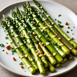 - 1 Bund frischer Spargel, grob geschnitten - 3 Esslöffel Olivenöl - 3 Zehen Knoblauch, fein gehackt - 1 Teelöffel Zitronenschale - 1/2 Teelöffel Salz - 1/4 Teelöffel schwarzer Pfeffer Frischer Spargel ist der Star dieses Gerichts. Du brauchst einen Bund, der knackig und grün ist. Achte darauf, die holzigen Enden abzuschneiden, damit der Spargel zart bleibt. Die Kombination aus Knoblauch und Zitronenschale gibt dem Gericht einen tollen Geschmack. Knoblauch bringt Würze, während die Zitronenschale Frische hinzufügt. Olivenöl sorgt dafür, dass alles gut zusammenkommt. Es hilft auch, den Spargel im Ofen schön zu rösten. Das Salz und der schwarze Pfeffer runden die Aromen ab und machen das Gericht noch besser. - 1/4 Tasse geriebener Parmesan - 2 Esslöffel frisch gehackte Petersilie (zur Garnierung) Parmesan ist ein Muss für dieses Rezept. Er wird im Ofen goldbraun und knusprig. Der Geschmack ist intensiv und passt perfekt zum Spargel. Frisch gehackte Petersilie ist nicht nur lecker, sondern sieht auch toll aus. Sie bringt Farbe auf den Teller und macht das Gericht einladend. Du kannst sie nach dem Rösten über den Spargel streuen. {{ingredient_image_2}} Zuerst wasch den Spargel gut unter kaltem Wasser. Damit entfernst du Schmutz und Rückstände. Achte darauf, die holzigen Enden abzuschneiden. Diese Teile sind hart und schmecken nicht gut. Dann bereite die Marinade vor. In einer großen Schüssel mische 3 Esslöffel Olivenöl, 3 fein gehackte Knoblauchzehen, 1 Teelöffel Zitronenschale, 1/2 Teelöffel Salz und 1/4 Teelöffel schwarzen Pfeffer. Rühre alles gut um, bis es gut vermischt ist. Gib den vorbereiteten Spargel in die Schüssel mit der Marinade. Schwenke den Spargel, bis er gleichmäßig überzogen ist. So nimmt er den vollen Geschmack an. Verteile den Spargel dann auf ein mit Backpapier belegtes Blech. Achte darauf, dass er in einer einzigen Schicht liegt. Bestreue nun den Spargel gleichmäßig mit 1/4 Tasse geriebenem Parmesan. Der Käse wird beim Rösten schön knusprig. Heize deinen Ofen auf 220°C (425°F) vor. Das sorgt für eine schöne Röstung. Röste den Spargel für 12-15 Minuten. Überprüfe den Spargel nach 12 Minuten. Er sollte zart und leicht knusprig sein. Der Käse sollte goldbraun werden. Nimm das Blech aus dem Ofen und bestreue den Spargel mit frisch gehackter Petersilie. Das gibt ihm Farbe und Frische. Die beste Temperatur für Spargel ist 220°C (425°F). Diese Hitze macht den Spargel knusprig. Bei dieser Temperatur wird der Käse goldbraun und aromatisch. Für Umluftöfen kann die Temperatur um 20°C gesenkt werden. So wird der Spargel gleichmäßig gar. Ein guter Tipp: Verwende ein Backblech mit Backpapier. Das verhindert ein Ankleben und erleichtert das Wenden. Um die gewünschte Knusprigkeit zu erreichen, röste den Spargel in einer einzigen Schicht. So bekommt jede Stange die heiße Luft des Ofens. Achte darauf, den Spargel nach der Hälfte der Backzeit einmal zu wenden. Präsentation ist alles! Serviere den Spargel auf einer großen Servierplatte. Garniere ihn mit frisch gehackter Petersilie und ein paar Zitronenscheiben. Das sieht schön aus und bringt frische Aromen. Dieser Spargel passt hervorragend zu vielen Gerichten. Er ergänzt perfekt gegrilltes Hühnchen oder Lachs. Auch als Beilage zu einer Pasta macht er eine gute Figur. Experimentiere mit verschiedenen Kombinationen, um neue Geschmackserlebnisse zu entdecken. Pro Tipps Frischer Spargel: Wähle frischen Spargel, der fest und knackig ist, um die beste Textur und den besten Geschmack zu erzielen. Knoblauchgeschmack intensivieren: Wenn du den Knoblauchgeschmack intensiver möchtest, kannst du ihn in etwas Olivenöl anbraten, bevor du ihn mit den anderen Zutaten vermischst. Käsevariation: Experimentiere mit verschiedenen Käsesorten wie Pecorino oder Grana Padano für einen anderen Geschmack. Gleichmäßiges Rösten: Stelle sicher, dass der Spargel in einer einzigen Schicht auf dem Blech liegt, damit er gleichmäßig röstet und knusprig wird. {{image_4}} Du kannst dein Spargelgericht mit verschiedenen Kräutern und Gewürzen anpassen. Probiere frischen Thymian oder Rosmarin für einen neuen Geschmack. Diese Kräuter passen gut zu Spargel und bringen frische Aromen. Mit verschiedenen Käsesorten zu experimentieren, kann das Gericht ebenfalls aufpeppen. Verwende zum Beispiel Feta oder Pecorino anstelle von Parmesan. Diese Käsesorten bringen andere Geschmäcker und Texturen in dein Gericht. Wenn du eine vegane Option suchst, gibt es viele leckere Möglichkeiten. Du kannst veganen Parmesan verwenden, um die Käsesorte zu ersetzen. Dieser Käse aus Nüssen oder Hefeflocken gibt deinem Spargel den gewünschten Geschmack. Für spezielle Diäten kannst du die Marinade anpassen. Verwende nur Olivenöl, Knoblauch und Zitronensaft. So bleibt das Gericht gesund und schmackhaft. Wenn du Reste von Knoblauch Parmesan Röstspargel hast, lagere sie im Kühlschrank. Packe den Spargel in einen luftdichten Behälter. So bleibt er frisch und lecker. Du kannst ihn bis zu drei Tage aufbewahren. Achte darauf, den Behälter gut zu verschließen, um Feuchtigkeit zu vermeiden. Um deinen Röstspargel aufzuwärmen, benutze den Ofen. Heize ihn auf 180°C (350°F) vor. Lege den Spargel auf ein Backblech und erwärme ihn für etwa 10 Minuten. So bleibt der Spargel knusprig und lecker. Vermeide die Mikrowelle, da sie den Spargel matschig machen kann. Achte darauf, den Spargel nicht zu überhitzen, um die zarte Textur zu bewahren. Es dauert 12 bis 15 Minuten, um Spargel zu rösten. Heize den Ofen auf 220°C vor. Verteile den Spargel in einer einzigen Schicht auf einem Blech. Überprüfe den Spargel nach 12 Minuten. Er sollte zart und leicht knusprig sein. Der Käse wird goldbraun, wenn er perfekt ist. Ja, du kannst frischen Spargel einfrieren. Zuerst blanchierst du ihn kurz. Gib den Spargel für 2 bis 3 Minuten in kochendes Wasser. Danach tauche ihn in kaltes Wasser. Lass ihn gut abtropfen. Packe den Spargel dann in einen luftdichten Beutel. So bleibt er frisch und lecker. Knoblauch-Parmesan-Spargel passt gut zu vielen Gerichten. Probiere ihn als Beilage zu Hähnchen oder Fisch. Auch zu Pasta oder Risotto macht er eine gute Figur. Du kannst ihn auch mit einem frischen Salat kombinieren. Er bringt einen schönen, würzigen Geschmack in jede Mahlzeit. Spargel rösten ist einfach und macht Spaß. Wir haben die besten Zutaten, Tipps und Variationen besprochen. Mit frischem Spargel, Knoblauch und Parmesan zauberst du ein leckeres Gericht. Denke daran, die Ofentemperatur richtig einzustellen und Spargel schön anzurichten. Egal, ob für Feste oder den Alltag, dieses Rezept wird dich begeistern. Experimentiere mit Gewürzen und genieße deinen köstlichen Spargel!