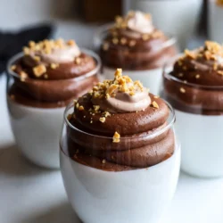 Für die perfekte Mousse brauchst du einige einfache, aber hochwertige Zutaten. Diese Zutaten bringen den besten Geschmack in dein Dessert. - 1 Tasse Zartbitterschokoladendrops (mindestens 70% Kakao) - 1/2 Tasse Schlagsahne - 1/2 Tasse Haselnusscreme (z.B. Nutella) - 1/2 Teelöffel Vanilleextrakt - 2 Eiweiße - 2 Esslöffel Zucker - Eine Prise Salz Um deine Mousse noch schöner zu machen, kannst du einige tolle Garnierungen hinzufügen. Diese machen das Dessert nicht nur lecker, sondern auch hübsch. - Zerstoßene Haselnüsse zum Garnieren - Schlagsahne zum Topping (optional) Wenn du Zutaten kaufst, achte auf die Qualität. Hochwertige Schokolade macht einen großen Unterschied. Wähle Zartbitterschokolade mit mindestens 70% Kakao. Achte auch auf frische Eier und gute Schlagsahne. Die Haselnusscreme sollte ebenfalls von guter Qualität sein, damit der Geschmack stimmt. Probiere beim Kauf Bio-Produkte aus, wenn möglich. Diese sind oft geschmackvoller und gesünder. {{ingredient_image_2}} Zuerst schmelze die Zartbitterschokoladendrops. Nimm eine hitzebeständige Schüssel. Stelle sie über einen Topf mit köchelndem Wasser. Rühre die Schokolade, bis sie glatt ist. Achte darauf, dass die Schokolade nicht anbrennt. Nimm die Schüssel dann vom Herd. Lass sie kurz abkühlen. In einer separaten Schüssel schlage die Schlagsahne. Du willst weiche Spitzen erreichen. Sei vorsichtig, die Sahne nicht zu lange zu schlagen. Wenn du die perfekte Konsistenz hast, füge die Sahne zur abgekühlten Schokolade hinzu. Mische alles vorsichtig, bis es gut vermischt ist. Jetzt ist es Zeit für die Haselnusscreme. Rühre sie mit dem Vanilleextrakt in einer neuen Schüssel glatt. Füge dann diese Mischung in die Schokoladen-Sahne-Mischung. Falten ist wichtig, damit die Luft in der Mischung bleibt. So wird die Mousse schön fluffig. Nimm eine saubere Schüssel für die Eiweiße. Schlage sie mit einer Prise Salz, bis weiche Spitzen entstehen. Füge dann langsam den Zucker hinzu. Schlage weiter, bis steife Spitzen entstehen. Diese Eiweißmasse ist wichtig für die Textur der Mousse. Jetzt falte die geschlagenen Eiweiße vorsichtig in die Schokoladenmasse. Achte darauf, dass die Mousse nicht zusammenfällt. Fülle kleine Dessertbecher oder Gläser bis zu drei Vierteln. Decke sie ab und stelle sie für mindestens zwei Stunden in den Kühlschrank. So wird die Mousse fest und lecker. Um die perfekte Konsistenz zu bekommen, beachte diese Schritte: - Schmelze die Schokolade langsam. Das hilft, Klumpen zu vermeiden. - Schlage die Sahne nur bis zu weichen Spitzen. So bleibt die Mousse luftig. - Falten ist der Schlüssel. Mische die Zutaten sanft, ohne die Luft herauszudrücken. Wenn du diese Schritte beachtest, erhältst du eine cremige und leicht fluffige Mousse. Die Dekoration macht dein Dessert noch ansprechender. Hier sind einige Ideen: - Streue zerstoßene Haselnüsse obenauf. Sie fügen einen knackigen Biss hinzu. - Nutze einen Spritzbeutel für die Schlagsahne. So kannst du hübsche Formen machen. - Füge Schokoladenspäne oder Kakaopulver hinzu. Das sieht toll aus und schmeckt gut. Dekoriere die Mousse kurz vor dem Servieren, damit alles frisch bleibt. Ein paar Fehler können deine Mousse ruinieren. Hier sind die häufigsten: - Zu viel Schlagen der Sahne. Das macht sie butterartig und schwer. - Die Eiweiße nicht richtig schlagen. Sie müssen steif sein, damit die Mousse luftig wird. - Zu schnelles Falten der Zutaten. Das kann die Luft herausdrücken und die Mousse schwer machen. Wenn du diese Fehler vermeidest, wird deine Mousse perfekt und lecker. Pro Tipps Schokolade richtig schmelzen: Achte darauf, die Zartbitterschokolade langsam und über einem Wasserbad zu schmelzen, um ein Anbrennen zu vermeiden. Eiweiße perfekt schlagen: Stelle sicher, dass die Schüssel und der Schneebesen fettfrei sind, damit die Eiweiße gut aufschlagen und stabil bleiben. Sahne nicht überschlagen: Schlage die Sahne nur bis zu weichen Spitzen, damit sie beim Mischen mit der Schokolade nicht zusammenfällt. Kühlen für die richtige Konsistenz: Lass die Mousse mindestens 2 Stunden im Kühlschrank, damit sie die perfekte, luftige Textur erreicht. {{image_4}} Um eine vegane Mousse zu machen, kannst du einige Zutaten ersetzen. Verwende vegane Schokolade mit mindestens 70% Kakao. Statt Schlagsahne nimm Kokoscreme. Diese sorgt für eine cremige Textur. Nutze dann eine pflanzliche Haselnusscreme. Sie gibt den gleichen reichhaltigen Geschmack. Für die Bindung kannst du Aquafaba verwenden. Das ist das Wasser von Kichererbsen. Schlage es steif und falte es in die Mousse. Du kannst die Mousse mit anderen Nüssen oder Aromen verfeinern. Probiere Mandelmus oder Cashewcreme für eine neue Note. Füge einen Hauch von Zimt oder Kaffee hinzu, um den Geschmack zu verstärken. Eine Prise Meersalz hebt die süßen Aromen hervor. Experimentiere mit diesen Variationen, um deine perfekte Mousse zu finden. Die Schokoladen-Hazelnuss-Mousse-Becher schmecken gut mit frischen Beeren. Himbeeren oder Erdbeeren bringen eine schöne Säure. Serviere die Becher mit einem Spritzer Sahne oder Schokoladensauce. Für einen Crunch kannst du Keksbrösel oder geröstete Nüsse darüber streuen. Diese Kombinationen machen das Dessert noch ansprechender. Um die Schokoladen-Hazelnuss-Mousse-Becher frisch zu halten, lagere sie im Kühlschrank. Verwende luftdichte Behälter oder decke sie mit Frischhaltefolie ab. So bleibt die Mousse cremig und lecker. Vermeide es, die Becher in den Kühlschrank zu stellen, ohne sie abzudecken. Das kann die Textur der Mousse beeinträchtigen. Die Mousse-Becher halten sich im Kühlschrank bis zu drei Tage. Nach dieser Zeit können sie an Geschmack verlieren. Achte darauf, die Becher gut abzudecken. So bleibt die Mousse länger frisch und schmackhaft. Wenn du sie länger aufbewahren möchtest, solltest du die Becher einfrieren. Du kannst die Mousse-Becher auch einfrieren. Stelle sicher, dass sie gut abgedeckt sind, um Gefrierbrand zu vermeiden. Die Mousse hält sich bis zu einem Monat im Gefrierfach. Zum Auftauen lege die Becher für einige Stunden in den Kühlschrank. Dadurch bleibt die Konsistenz der Mousse erhalten. Serviere die Becher nach dem Auftauen mit frischen Nüssen oder Sahne für einen zusätzlichen Genuss. Um die Mousse süßer zu machen, füge mehr Zucker hinzu. Du kannst auch mehr Haselnusscreme verwenden. Nutella hat einen süßen Geschmack und macht die Mousse leckerer. Probiere, die Zartbitterschokolade durch süßere Schokolade zu ersetzen. Achte darauf, die Balance zu halten. Ja, du kannst die Haselnusscreme ersetzen. Mandelcreme oder Erdnussbutter sind gute Alternativen. Kokoscreme gibt einen anderen Geschmack, bleibt aber cremig. Stelle sicher, dass die neue Creme eine ähnliche Konsistenz hat, damit die Mousse gut gelingt. Die Zubereitung dauert etwa 30 Minuten. Du musst dann die Mousse für mindestens 2 Stunden kühlen. Plane also insgesamt mindestens 2,5 Stunden ein. Dies gibt der Mousse Zeit, fest zu werden und die Aromen zu entwickeln. Ja, du kannst die Mousse im Voraus zubereiten. Bereite sie bis zu zwei Tage vorher zu. Stelle sie gut abgedeckt in den Kühlschrank. So sparst du Zeit, wenn du Gäste hast oder einfach nur etwas Süßes möchtest. Zu diesen Mousse-Bechern passen viele Dinge. Frische Beeren bringen eine fruchtige Note. Krokant oder zerstoßene Haselnüsse geben Knusprigkeit. Ein Klecks Schlagsahne macht das Dessert noch cremiger. Du kannst auch Karamellsauce oder Schokoladensauce hinzufügen für extra Geschmack. Du hast alles, was du für perfekte Schokoladen-Hazelnuss-Mousse-Becher brauchst. Wir haben die Hauptzutaten, die Schritte zur Zubereitung und nützliche Tipps besprochen. Die Variationen bieten dir spannende Optionen, ob vegan oder mit anderen Aromen. Denke daran, die Mousse richtig zu lagern, damit sie frisch bleibt. Mit diesen Informationen kannst du tolle Desserts zaubern. Probiere es aus und bringe Freude auf den Tisch!