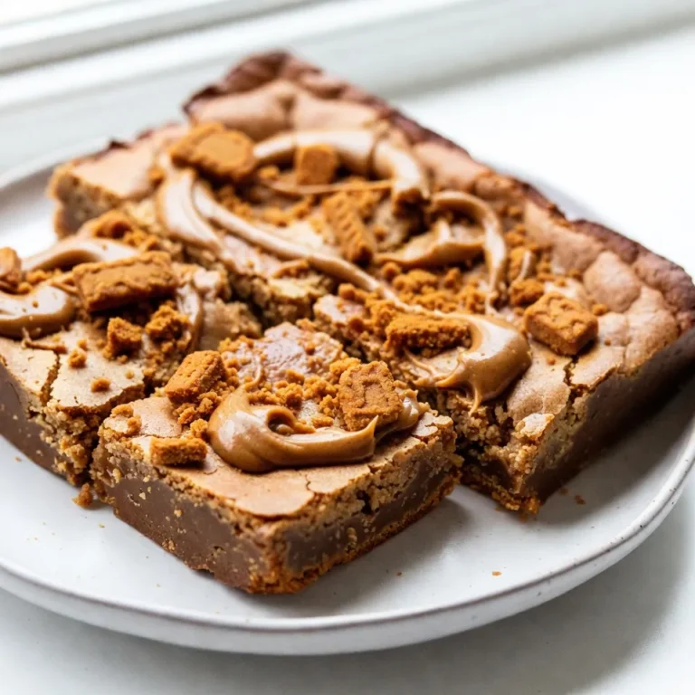 Um die besten Biscoff Cookie Butter Blondies zu machen, brauchst du: - 240 g ungesalzene Butter, geschmolzen - 200 g braunen Zucker, gepackt - 100 g Kristallzucker - 240 g Biscoff-Kekse-Butter - 2 große Eier - 2 Teelöffel Vanilleextrakt - 250 g Weizenmehl (Type 405) - 1/2 Teelöffel Backpulver - 1/4 Teelöffel Salz - 100 g zerbröselte Biscoff-Kekse (plus extra für das Topping) - 90 g weiße Schokoladenstückchen (optional) Diese Zutaten geben den Blondies ihren besonderen Geschmack und die tolle Textur. Die Kombination von Biscoff-Kekse-Butter und braunem Zucker sorgt für eine süße und schmackhafte Basis. Mit diesem Rezept kannst du etwa 24 Blondies machen. Jedes Stück ist ein kleiner Genuss. Die Blondies sind weich und süß und schmecken wie ein traumhaftes Dessert. Sie passen gut zu einer Tasse Kaffee oder Tee. Wenn du etwas mehr Geschmack wünschst, gibt es viele Optionen. Du kannst zum Beispiel: - 90 g weiße Schokoladenstückchen hinzufügen für extra Süße. - Gewürze wie Zimt oder Muskatnuss einstreuen, um eine warme Note zu bringen. - Nüsse wie Walnüsse oder Pecannüsse hinzufügen für mehr Crunch. Diese Zutaten machen die Blondies noch interessanter. Experimentiere und finde deinen perfekten Mix! {{ingredient_image_2}} Du beginnst mit der Vorbereitung deiner Backform. Heize zuerst deinen Ofen auf 175 °C vor. Nimm eine Backform von 23x33 cm und fette sie gründlich ein. Alternativ kannst du auch Backpapier verwenden. Achte darauf, dass du das Papier so legst, dass es über den Rand hängt. So lässt sich der Teig später gut herausnehmen. Jetzt kommt der spannende Teil: der Teig. In einer großen Rührschüssel vermischst du die geschmolzene Butter mit dem braunen Zucker und dem Kristallzucker. Verwende einen Schneebesen, um alles gut zu vermengen. Danach rührst du die Biscoff-Kekse-Butter ein, bis sie gut integriert ist. Füge die großen Eier und den Vanilleextrakt hinzu. Rühre weiter, bis die Mischung cremig ist. In einer anderen Schüssel mischst du das Weizenmehl, das Backpulver und das Salz. Füge die trockenen Zutaten dann nach und nach zur feuchten Mischung hinzu. Rühre vorsichtig, bis alles gerade so verbunden ist. Achte darauf, nicht zu viel zu mischen. Jetzt hebst du die zerbröselten Biscoff-Kekse und die weißen Schokoladenstückchen unter. Das gibt dem Teig eine tolle Textur und Geschmack. Gieße den Teig in die vorbereitete Backform. Verteile ihn gleichmäßig. Bestreue die Oberseite mit zusätzlichen zerbröselten Biscoff-Keksen für einen extra Crunch. Jetzt backst du die Blondies im vorgeheizten Ofen für 25-30 Minuten. Sie sind fertig, wenn die Ränder goldbraun sind und ein Zahnstocher mit einigen feuchten Krümeln herauskommt. Lass die Blondies etwa 10 Minuten in der Form abkühlen, bevor du sie auf ein Kuchengitter überträgst. So bleiben sie schön saftig. Die Backzeit ist sehr wichtig. Du möchtest, dass die Ränder goldbraun sind. Die Mitte sollte leicht feucht sein. Ich empfehle, nach 25 Minuten zu prüfen. Steche mit einem Zahnstocher hinein. Wenn er mit feuchten Krümeln herauskommt, sind sie fertig. Lass die Blondies nicht zu lange im Ofen. Sonst werden sie trocken. Für eine bessere Konsistenz kannst du die Butter gut schmelzen. Achte darauf, dass alle Zutaten Zimmertemperatur haben. Das sorgt für einen gleichmäßigen Teig. Wenn du magst, füge mehr zerbröselte Kekse hinzu. Das gibt dir eine knusprige Textur. Auch die weißen Schokoladenstückchen können viel Geschmack bringen. Sie schmelzen schön und machen die Blondies reichhaltiger. Ein häufiger Fehler ist, den Teig zu lange zu mischen. Mische nur, bis alles vermischt ist. Zu viel Mischen macht die Blondies dicht. Ein anderer Fehler ist, die Backform nicht richtig vorzubereiten. Fette die Form gut oder benutze Backpapier. Das hilft beim Herausnehmen. Wenn du diese Tipps befolgst, werden deine Blondies perfekt! Pro Tipps Butter richtig schmelzen: Stelle sicher, dass die Butter nur leicht geschmolzen ist und nicht kocht, um die richtige Konsistenz des Teigs zu gewährleisten. Teig nicht übermixen: Achte darauf, den Teig nur so lange zu mischen, bis die Zutaten gerade vermengt sind, um die Blondies weich und fudgy zu halten. Richtige Backform wählen: Verwende eine Backform mit der richtigen Größe, um sicherzustellen, dass die Blondies gleichmäßig backen und die perfekte Textur erhalten. Abkühlen lassen: Lass die Blondies nach dem Backen in der Form abkühlen, bevor du sie auf ein Kuchengitter überträgst, damit sie ihre Form behalten. {{image_4}} Für eine glutenfreie Version der Biscoff Cookie Butter Blondies kannst du das Weizenmehl durch eine glutenfreie Mehlmischung ersetzen. Diese Mischungen sind oft gut für Backrezepte. Achte darauf, dass die Mischung Xanthan oder Guarkernmehl enthält. Diese Zutaten helfen, die richtige Textur zu erreichen. Du kannst die Blondies anpassen, um verschiedene Geschmäcker zu kreieren. Hier sind einige Ideen: - Nüsse: Füge gehackte Walnüsse oder Mandeln für einen Crunch hinzu. - Trockenfrüchte: Rosinen oder getrocknete Cranberries bringen Süße und eine fruchtige Note. - Kakao: Ersetze 25 g Mehl durch Kakaopulver für schokoladige Blondies. - Gewürze: Ein Hauch von Zimt oder Muskatnuss kann den Geschmack vertiefen. Du kannst die Süße der Blondies anpassen. Reduziere den Kristallzucker um 50 g, wenn du es weniger süß magst. Für eine weichere Textur, erhöhe die Butter um 20 g. Wenn du eine festere Konsistenz wünschst, füge 30 g mehr Mehl hinzu. Experimentiere, um deine perfekte Mischung zu finden! Um die Biscoff Cookie Butter Blondies frisch zu halten, lege sie in einen luftdichten Behälter. Das bewahrt den Geschmack und die Textur. Stelle den Behälter an einen kühlen, trockenen Ort. Vermeide direkte Sonneneinstrahlung, da dies die Blondies austrocknen kann. So bleiben sie weich und lecker. Wenn du die Blondies länger aufbewahren möchtest, kannst du sie auch kühlen oder einfrieren. Für die Kühlung lege sie einfach in den Kühlschrank. So halten sie sich bis zu einer Woche. Wenn du sie einfrierst, schneide sie in Portionen. Wickel jede Portion in Frischhaltefolie und lege sie in einen Gefrierbeutel. So bleiben sie bis zu drei Monate frisch. Zum Auftauen lasse sie einfach bei Raumtemperatur für etwa 30 Minuten. Die Haltbarkeit der Biscoff Cookie Butter Blondies hängt von der Lagerung ab. Bei Raumtemperatur bleiben sie etwa 4 bis 5 Tage frisch. Im Kühlschrank können sie bis zu einer Woche halten. Wenn du sie einfrierst, sind sie bis zu drei Monate genießbar. Achte darauf, sie gut zu verpacken, um Gefrierbrand zu vermeiden. Ja, du kannst Biscoff Cookie Butter Blondies vegan machen. Ersetze die Eier durch Apfelmus oder Leinsamen. Nutze vegane Butter anstelle von ungesalzener Butter. Achte darauf, dass die Biscoff-Kekse keine tierischen Produkte enthalten. Diese kleinen Änderungen helfen dir, die Blondies vegan zu genießen. Lass die Blondies zuerst abkühlen. Schneide sie dann in Stücke. Lege sie in einen luftdichten Behälter. So bleiben sie frisch und lecker. Du kannst sie auch mit Frischhaltefolie abdecken. Bewahre sie bei Raumtemperatur auf. Sie bleiben so etwa eine Woche gut. Für längere Lagerung kannst du sie einfrieren. Du kannst das Rezept ganz einfach anpassen. Probiere andere Nüsse oder Schokolade aus. Füge Karamellstückchen für mehr Süße hinzu. Du kannst auch das Mehl durch Mandelmehl ersetzen. Das macht die Blondies glutenfrei. Experimentiere mit verschiedenen Aromen wie Zimt oder Muskat. So kreierst du deine eigene Version! Biscoff Cookie Butter Blondies bieten einen tollen Genuss. Wir haben die wichtigsten Zutaten und ihre Kombinationen betrachtet. Eine Schritt-für-Schritt-Anleitung macht das Backen leicht. Tipps helfen dir, Fehler zu vermeiden und die Konsistenz zu verbessern. Variationen wie glutenfreie Optionen und unterschiedliche Süßen erweitern das Rezept. Mit den richtigen Lagerbedingungen bleiben die Blondies frisch. Insgesamt ist dies ein einfaches und flexibles Rezept, das jedem schmeckt. Du wirst sicher Freude beim Ausprobieren haben.