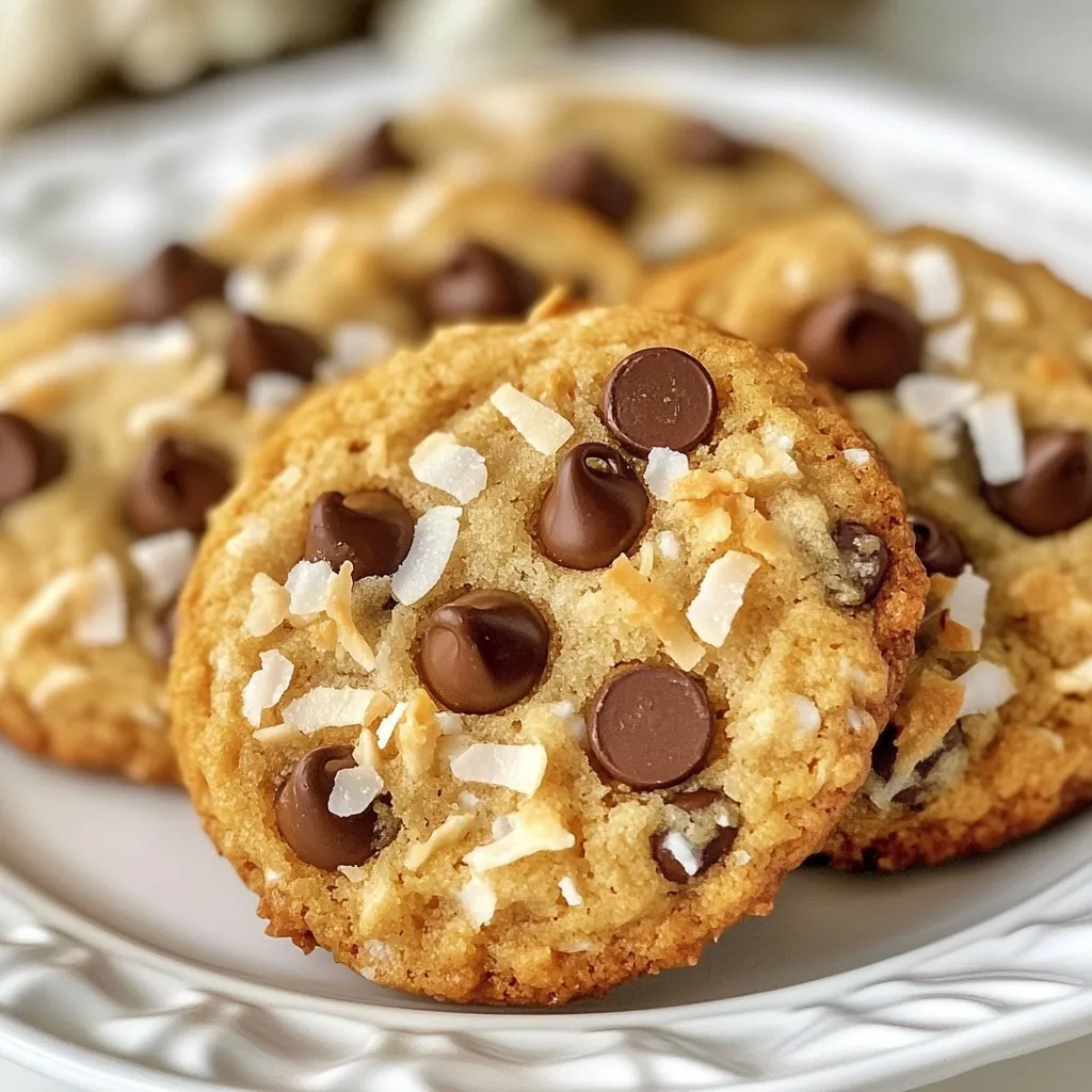 Für deine köstlichen Coconut Chocolate Chip Cookies benötigst du folgende Zutaten: - 1 Tasse Allzweckmehl - 1/2 Tasse ungesüßte, geraspelte Kokosnuss - 1/2 Teelöffel Backnatron - 1/4 Teelöffel Salz - 1/2 Tasse ungesalzene Butter, weich - 1/2 Tasse brauner Zucker, fest gepackt - 1/4 Tasse Kristalzucker - 1 großes Ei - 1 Teelöffel Vanilleextrakt - 1 Tasse halb-süße Schokoladenstückchen - 1/4 Tasse gehackte Pekannüsse oder Walnüsse (optional) Diese Zutaten sind wichtig für den perfekten Geschmack und die richtige Textur. Das Allzweckmehl gibt den Keksen Struktur. Die Kokosnuss bringt einen tropischen Geschmack. Butter sorgt für einen schönen Schmelz und macht die Kekse weich. Die Zuckerarten, braun und Kristall, sorgen für Süße und eine leichte Karamellnote. Das Ei bindet die Zutaten und macht den Teig geschmeidig. Vanilleextrakt fügt ein reiches Aroma hinzu. Und schließlich sind die Schokoladenstückchen der süße Höhepunkt. Wenn du Allergien hast oder spezielle Diäten beachtest, gibt es Alternativen: - Glutenfrei: Ersetze das Allzweckmehl durch glutenfreies Mehl. - Vegan: Nutze pflanzliche Butter und einen Leinsamen-Ersatz für das Ei. - Nüsse: Lass die Pekannüsse oder Walnüsse weg oder ersetze sie durch Sonnenblumenkerne, wenn Nüsse ein Problem sind. - Zucker: Verwende Stevia oder einen anderen Zuckeralternativstoff für eine zuckerfreie Option. Diese Anpassungen helfen dir, die Kekse zu genießen, ohne auf deinen Lebensstil zu verzichten. {{ingredient_image_2}} Zuerst heize den Ofen auf 175°C (350°F) vor. Diese Temperatur ist ideal. Lege dann ein Backblech mit Backpapier aus. Das Papier verhindert, dass die Kekse kleben. So bleibt der Spaß beim Backen hoch. In einer mittelgroßen Schüssel vermische das Allzweckmehl, die geraspelte Kokosnuss, das Backnatron und das Salz. Das gibt deinem Teig eine gute Basis. In einer großen Schüssel rühre die weiche Butter mit dem braunen und Kristalzucker. Mach das etwa 2-3 Minuten lang. Die Mischung sollte fluffig und leicht sein. Jetzt füge das Ei und den Vanilleextrakt hinzu. Mische alles gut, bis es gleichmäßig aussieht. Gib dann die trockenen Zutaten schrittweise zur feuchten Mischung. Rühre nur so lange, bis alles zusammenkommt. Zuletzt hebe die Schokoladenstückchen und die Nüsse vorsichtig unter. So verteilst du sie gleichmäßig im Teig. Nimm esslöffelgroße Portionen des Teigs. Setze sie mit etwa 5 cm Abstand auf das Backblech. Backe die Kekse 10-12 Minuten lang. Achte darauf, dass die Ränder goldbraun sind, aber die Mitte noch weich bleibt. Nach dem Backen lasse die Kekse 5 Minuten auf dem Blech abkühlen. Übertrage sie dann auf ein Kuchengitter. So können sie vollständig abkühlen. Um die perfekte Konsistenz für deine Kokosnuss-Schokoladenkekse zu erreichen, ist es wichtig, die Butter richtig zu verwenden. Die Butter sollte weich, aber nicht geschmolzen sein. Wenn du sie zu lange stehen lässt, wird sie zu flüssig. Rühre die Butter mit beiden Zuckersorten gut durch. Achte darauf, dass die Mischung leicht und fluffig ist. Wenn du die trockenen Zutaten hinzufügst, mische sie nur so lange, bis alles gut vermischt ist. Zu langes Mischen kann die Kekse hart machen. Ein häufiger Fehler ist, die Kekse zu lange zu backen. Wenn die Ränder goldbraun sind, sind sie perfekt. Die Mitte sollte weich bleiben. Lass die Kekse nach dem Backen einige Minuten auf dem Blech ruhen. So festigen sie sich und bleiben saftig. Ein weiterer Fehler ist, die Kekse zu nah auf das Blech zu setzen. Lass etwa fünf Zentimeter Platz zwischen den Teigportionen, damit sie beim Backen Platz zum Ausdehnen haben. Um deine Kekse ansprechend zu servieren, lege sie warm auf einen bunten Teller. Streue ein paar extra Schokoladenstückchen und Kokosraspeln darüber. Das sieht nicht nur toll aus, sondern schmeckt auch gut! Stelle eine kleine Schüssel mit frischen Kokosraspeln daneben. So schaffst du eine tropische Atmosphäre. Du kannst die Kekse auch mit einer Tasse Milch oder einer Tasse Kaffee servieren. Pro Tipps Frische Zutaten verwenden: Verwenden Sie frische und hochwertige Zutaten, insbesondere die Schokolade und die Kokosnuss, um den besten Geschmack zu erzielen. Teig kühlen: Kühlen Sie den Keksteig für 30 Minuten im Kühlschrank, um eine bessere Textur und Form beim Backen zu erreichen. Backzeit im Auge behalten: Überwachen Sie die Kekse während des Backens, da jeder Ofen unterschiedlich ist. Die Kekse sollten leicht goldbraun am Rand und weich in der Mitte sein. Variationen ausprobieren: Experimentieren Sie mit verschiedenen Nüssen oder Trockenfrüchten, um den Keksen eine persönliche Note zu verleihen. {{image_4}} Du kannst die Schokoladenstückchen ganz nach deinem Geschmack wählen. Vollmilch macht die Kekse süß und cremig. Zartbitter bringt einen schönen Kontrast. Weiße Schokolade sorgt für eine milde Süße. Es ist wirklich eine Freude, mit diesen Sorten zu experimentieren! Gehackte Nüsse wie Pekannüsse oder Walnüsse fügen einen tollen Crunch hinzu. Du kannst auch Trockenfrüchte wie Cranberries oder Aprikosen verwenden. Diese geben den Keksen einen fruchtigen Kick. Zusätzlich kannst du mehr Kokosraspeln oben drauf geben. So wird der Geschmack noch intensiver! Für eine vegane Version kannst du die Butter durch pflanzliche Margarine ersetzen. Ein Leinsamen-Ei ist eine gute Alternative zum Ei. Wenn du glutenfreie Kekse machen möchtest, verwende einfach glutenfreies Mehl. Diese Anpassungen machen die Kekse für viele Diäten geeignet. So kannst du sie mit noch mehr Leuten teilen! Kekse sind am besten, wenn sie frisch sind. Sie halten in einem luftdichten Behälter bis zu einer Woche. Nach einer Woche können sie etwas trocken werden. Wenn du sie länger aufbewahren willst, friere sie ein. So bleiben sie bis zu drei Monate frisch. Bewahre die Kekse an einem kühlen, trockenen Ort auf. Hitze und Feuchtigkeit können die Konsistenz beeinträchtigen. Ein luftdichter Behälter schützt sie vor Luft und sorgt dafür, dass sie weich bleiben. Wenn du magst, lege ein Stück Brot in den Behälter. Das hält die Kekse frisch und feucht. Um die Kekse einzufrieren, lasse sie zuerst vollständig abkühlen. Lege sie dann in einen luftdichten Behälter oder einen Gefrierbeutel. Achte darauf, die Luft herauszudrücken. Beschrifte den Behälter mit dem Datum. Zum Auftauen nimm die Kekse einfach aus dem Gefrierfach und lasse sie bei Raumtemperatur stehen. So bleiben sie lecker und frisch. Um trockene Kekse zu vermeiden, achte auf die Backzeit. Backe die Kekse nur bis die Ränder goldbraun sind. Die Mitte sollte weich bleiben. Überprüfe die Kekse nach 10 Minuten. Wenn sie noch zu hell sind, lass sie für ein oder zwei Minuten länger im Ofen. Eine weitere gute Idee ist, die Butter weich, aber nicht geschmolzen zu verwenden. Das hilft, die Kekse feucht zu halten. Ja, du kannst den Teig im Voraus zubereiten. Stelle ihn in den Kühlschrank, nachdem du ihn gemischt hast. Der Teig bleibt bis zu zwei Tage frisch. Wenn du bereit bist zu backen, forme die Kekse und backe sie. Du kannst den Teig auch einfrieren. In diesem Fall forme kleine Portionen und lege sie in einen Gefrierbeutel. So hast du immer frischen Keksteig zur Hand. Ja, diese Kekse sind perfekt für Kinder! Sie sind süß, schokoladig und voller Kokosgeschmack. Die Zutaten sind einfach und leicht verständlich. Kinder können sogar beim Mischen des Teigs helfen. Achte darauf, dass keine Allergien gegen die Zutaten bestehen. Diese Kekse sind ein toller Snack für die Schule oder nach dem Spielen. In diesem Artikel haben wir alle wichtigen Schritte zum Keksbacken behandelt. Wir sahen uns die Zutaten, die Zubereitung und die Lagerung an. Zudem gab ich Tipps, um perfekte Kekse zu machen und Fehler zu vermeiden. Jetzt bist du bereit, deine eigenen leckeren Kekse zu backen. Experimente mit verschiedenen Zutaten machen das Backen noch spannender. Denk daran, dass frische Kekse gut aufbewahrt werden müssen. Viel Spaß beim Backen und Genießen!