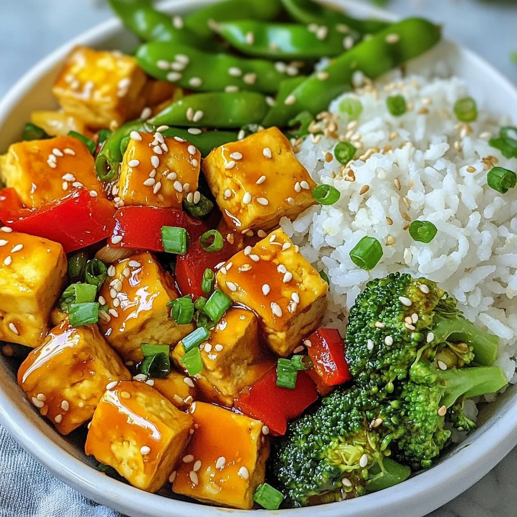 Für das Teriyaki Tofu Stir Fry benötigst du einige wichtige Zutaten: - 1 Block fester Tofu, gepresst und gewürfelt - 2 Esslöffel Maisstärke - 2 Esslöffel Pflanzenöl - 1 Paprika, in Streifen geschnitten (rot oder gelb) - 1 Tasse Brokkoli-Röschen - 1 Tasse Zuckerschoten - 2 Knoblauchzehen, gehackt - 1 Teelöffel frischer Ingwer, gerieben - ¼ Tasse Teriyaki-Sauce - 1 Esslöffel Sesamöl - 1 Esslöffel Sesamsamen (zum Garnieren) - 2 Frühlingszwiebeln, gehackt (zum Garnieren) - Gekochter Reis oder Quinoa, zum Servieren Diese Zutaten machen das Gericht lecker und nahrhaft. Tofu ist die Hauptquelle für Protein und hat eine tolle Textur. Die Gemüse sorgen für Farbe und Vitamine. Wenn du keinen Tofu magst, gibt es Alternativen. Du kannst auch Tempeh oder Seitan verwenden. Beide sind proteinreich und passen gut zu Teriyaki-Sauce. Eine weitere Option ist Hühnchen oder Garnelen. Diese Proteinquellen geben dem Gericht einen anderen Geschmack. Das Gericht bleibt gesund, egal welche Proteinquelle du wählst. Das Tolle an diesem Rezept ist die Flexibilität. Du kannst verschiedene Gemüsesorten hinzufügen. Hier sind einige Vorschläge: - Karotten, in dünne Scheiben geschnitten - Zucchini, gewürfelt - Spinat, frisch oder gefroren - Brokkoli, gefroren oder frisch Diese Gemüse passen gut zu Teriyaki und bringen Abwechslung. Je mehr Farben auf dem Teller, desto besser! {{ingredient_image_2}} Zuerst drücke den Tofu. Wickel ihn in ein Küchentuch und lege ein schweres Objekt darauf. So entfernst du die Feuchtigkeit. Lass ihn für etwa 15 Minuten stehen. Danach schneide den Tofu in Würfel. Wende die Würfel in der Maisstärke. Das hilft, sie knusprig zu machen. Erhitze das Pflanzenöl in einer großen Pfanne oder einem Wok bei mittlerer Hitze. Füge die Tofuwürfel hinzu. Brate sie 3-4 Minuten pro Seite an, bis sie goldbraun sind. Nimm den Tofu aus der Pfanne und stelle ihn beiseite. Gib die geschnittene Paprika, den Brokkoli und die Zuckerschoten in die gleiche Pfanne. Brate das Gemüse für 3-4 Minuten. Es sollte leuchtend und knackig sein. Füge den gehackten Knoblauch und den geriebenen Ingwer hinzu. Rühre schnell um, um das Anbrennen zu vermeiden. Koche das Ganze für eine weitere Minute. Gib den gebratenen Tofu zurück in die Pfanne. Gieße die Teriyaki-Sauce und das Sesamöl darüber. Mische alles gründlich. Achte darauf, dass der Tofu und das Gemüse gleichmäßig bedeckt sind. Koche für weitere 2 Minuten, bis alles heiß ist. Garnier das Gericht mit Sesamsamen und gehackten Frühlingszwiebeln. Serviere es heiß auf einem Bett aus gekochtem Reis oder Quinoa. Um den Tofu perfekt zuzubereiten, drücken Sie ihn gut. Wickeln Sie ihn in ein Küchentuch und legen Sie ein schweres Objekt darauf. Lassen Sie ihn so für etwa 15 Minuten liegen. Dies entfernt überschüssige Feuchtigkeit und macht den Tofu knusprig. Wenn Sie ihn nach dem Pressen in Maisstärke wenden, wird er beim Braten noch knuspriger. Frische Zutaten sind der Schlüssel zu einem tollen Gericht. Wählen Sie knackiges Gemüse wie Paprika, Brokkoli und Zuckerschoten. Achten Sie darauf, dass das Gemüse leuchtende Farben hat. Frischer Knoblauch und Ingwer bringen viel Geschmack. Sie machen den Unterschied in Ihrem Teriyaki Tofu Stir Fry. Die Wahl der Teriyaki-Sauce kann entscheidend sein. Sie können eine fertige Sauce kaufen oder selbst eine machen. Wenn Sie eine Sauce wählen, achten Sie auf die Zutaten. Eine gute Sauce hat eine ausgewogene Süße und Salz. Fügen Sie etwas Sesamöl hinzu, um den Geschmack zu verstärken. Ein Spritzer Limette bringt Frische und hebt die Aromen hervor. Pro Tipps Tofu richtig pressen: Durch das Pressen des Tofus entfernen Sie überschüssige Feuchtigkeit, was zu einer besseren Textur und Geschmacksaufnahme führt. Gemüse knackig halten: Überkochen Sie das Gemüse nicht; es sollte leuchtend und zart-knackig bleiben, um die beste Textur zu gewährleisten. Frischen Ingwer verwenden: Frischer Ingwer hat einen intensiveren Geschmack als getrockneter. Verwenden Sie ihn für ein frisches Aroma. Variationen ausprobieren: Fühlen Sie sich frei, andere Gemüse oder Proteinquellen hinzuzufügen, um das Rezept nach Ihrem Geschmack anzupassen. {{image_4}} Wenn Sie Hähnchen mögen, fügen Sie es einfach hinzu. Nehmen Sie Hähnchenbrust und schneiden Sie sie in kleine Stücke. Braten Sie das Hähnchen zuerst in der Pfanne an, bis es durch ist. Dann nehmen Sie es heraus und folgen dem Rezept wie gewohnt. Das Hähnchen passt gut zu den Aromen der Teriyaki-Sauce. Für eine vegetarische Variante können Sie Tofu durch Tempeh ersetzen. Tempeh hat einen nussigen Geschmack und eine festere Textur. Auch Seitan ist eine gute Wahl für Veganer. Beide Optionen bringen viel Protein und Geschmack in Ihr Gericht. Fügen Sie zusätzlich mehr Gemüse wie Karotten oder Spinat hinzu, um die Vitamine zu erhöhen. Wenn Sie glutenfrei essen möchten, nutzen Sie glutenfreie Teriyaki-Sauce. Diese Sauce gibt es in vielen Geschäften. Verwenden Sie auch Tamari anstelle von Sojasauce. Achten Sie darauf, dass der Tofu und das Gemüse frei von Gluten sind. So bleibt Ihr Gericht lecker und gesund. Um übrig gebliebenen Teriyaki Tofu Stir Fry gut zu lagern, gebe ich es in einen luftdichten Behälter. Du solltest das Gericht innerhalb von drei bis vier Tagen essen. Achte darauf, dass es im Kühlschrank bleibt. So bleibt der Tofu frisch und das Gemüse knackig. Wenn du das Gericht länger aufbewahren möchtest, kannst du es auch einfrieren. Teile den Stir Fry in Portionen auf und lege sie in gefriergeeignete Behälter. So bleibt alles bis zu drei Monate haltbar. Achte darauf, die Portionen gut zu beschriften. So weißt du immer, was drin ist. Um den Teriyaki Tofu Stir Fry wieder warm zu machen, erhitze ihn in einer Pfanne bei mittlerer Hitze. Füge einen kleinen Spritzer Wasser hinzu, um das Gemüse feucht zu halten. Du kannst auch die Mikrowelle verwenden, aber achte darauf, dass das Gemüse nicht zu weich wird. Rühre das Gericht gut um, damit alles gleichmäßig warm wird. So schmeckt der Stir Fry fast wie frisch zubereitet! Die Zubereitung dauert insgesamt etwa 30 Minuten. Die Vorbereitungszeit beträgt 15 Minuten. In dieser Zeit kann man den Tofu pressen und das Gemüse schneiden. Das Kochen selbst benötigt etwa 15 Minuten. Diese schnelle Zubereitungszeit macht das Gericht perfekt für eine gesunde Woche. Ja, du kannst das Rezept im Voraus zubereiten. Der Tofu und das Gemüse lassen sich gut vorbereiten. Du kannst alles bis zur letzten Kochphase lagern. Wenn du bereit bist zu essen, erhitzt du einfach die Mischung. Achte darauf, die Sauce erst kurz vor dem Servieren hinzuzufügen, damit das Gericht frisch bleibt. Anstelle von Teriyaki-Sauce kannst du Sojasauce oder eine Mischung aus Sojasauce und Honig verwenden. Diese Alternativen bieten einen ähnlichen Geschmack. Auch eine Mischung aus Hoisin-Sauce und Reisessig kann gut funktionieren. Experimentiere mit verschiedenen Saucen, um deinen eigenen Geschmack zu finden. Teriyaki Tofu Stir Fry ist einfach zuzubereiten und schmeckt großartig. Wir haben die Hauptzutaten, Zubereitung und hilfreiche Tipps besprochen. Du kannst sogar Variationen mit Hähnchen oder anderen Gemüsesorten ausprobieren. Achte darauf, frische Zutaten zu verwenden, um den Geschmack zu verbessern. Die Lagerung und das Wiedererwärmen sind ebenfalls wichtig. Nutze die FAQ für weitere Fragen. Sei kreativ und probiere neue Ideen aus. Viel Spaß beim Kochen und Genießen deines Gerichts!