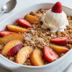 Um einen leckeren Erdbeer-Pfirsich-Crisp zu machen, brauchen Sie diese Zutaten: - 4 Tassen frische Erdbeeren, entstielt und in Scheiben geschnitten - 4 Tassen frische Pfirsiche, enthäuft und in Scheiben geschnitten - 1 Tasse Kristallzucker - 2 Esslöffel Zitronensaft - 1 Teelöffel Vanilleextrakt - 1 Tasse Haferflocken - 1 Tasse Weizenmehl - 1 Tasse brauner Zucker, verpackt - 1 Teelöffel Zimt - 1/2 Tasse ungesalzene Butter, geschmolzen - Eine Prise Salz Diese Zutaten geben dem Crisp einen tollen Geschmack. Die Erdbeeren und Pfirsiche sorgen für eine süße und fruchtige Basis. Der Zucker und Zitronensaft helfen, die Aromen zu verstärken. Hier sind einige nützliche Werkzeuge, die Ihnen helfen können: - Eine große Schüssel für das Mischen der Früchte. - Eine weitere Schüssel, um die Haferkrümel zu vermengen. - Eine 23x33 cm große Auflaufform für das Backen. - Ein Schneidebrett und ein scharfes Messer zum Schneiden der Früchte. - Ein Teelöffel für die genaue Messung der Zutaten. Diese Werkzeuge machen die Zubereitung einfacher und schneller. Wählen Sie frische, reife Erdbeeren und Pfirsiche. Achten Sie auf: - Farbe: Die Früchte sollten leuchtend rot oder gelb sein. - Konsistenz: Sie sollten fest, aber nicht hart sein. - Geruch: Ein süßer Duft zeigt, dass die Früchte reif sind. Frische Früchte machen den Unterschied in Ihrem Crisp. Wenn Sie im Supermarkt sind, nehmen Sie sich Zeit. So wählen Sie die besten Zutaten für Ihr Gericht. {{ingredient_image_2}} Zuerst waschen Sie die Erdbeeren und Pfirsiche gut. Schneiden Sie die Erdbeeren in Scheiben und die Pfirsiche in Stücke. Das Obst sollte frisch sein. Dies sorgt für den besten Geschmack. Nehmen Sie eine große Schüssel. Geben Sie die geschnittenen Früchte hinein. Fügen Sie den Kristallzucker, den Zitronensaft und den Vanilleextrakt hinzu. Rühren Sie vorsichtig um. Das Obst sollte gleichmäßig mit der Zucker-Mischung bedeckt sein. Gießen Sie die Mischung in eine Auflaufform von 23x33 cm. Verteilen Sie das Obst gleichmäßig. Nehmen Sie eine separate Schüssel. Geben Sie die Haferflocken, das Weizenmehl, den braunen Zucker, den Zimt und eine Prise Salz hinein. Mischen Sie alles gut. Dies gibt dem Crisp seine knusprige Kruste. Jetzt gießen Sie die geschmolzene Butter in die Schüssel. Rühren Sie alles um. Bis eine krümelige Mischung entsteht, sollte alles gut vermischt sein. Heizen Sie Ihren Ofen auf 175°C vor. Streuen Sie die Haferkrümel gleichmäßig über die Obstschicht. Setzen Sie die Auflaufform in den Ofen. Backen Sie das Crisp für 30-35 Minuten. Es ist fertig, wenn die Kruste goldbraun ist und das Obst an den Rändern blubbert. Lassen Sie das Crisp für etwa 10 Minuten abkühlen. Jetzt können Sie es servieren! Um das beste Erdbeer-Pfirsich-Crisp zu machen, wähle reife, süße Früchte. Frische Erdbeeren und Pfirsiche sind der Schlüssel. Sie geben dem Crisp den besten Geschmack. Achte darauf, die Früchte gleichmäßig zu schneiden. Das sorgt für eine gleichmäßige Garzeit und das perfekte Ergebnis. Füge ein bisschen Zitronensaft hinzu, um die Süße der Früchte hervorzuheben. Der Zitronensaft bringt auch eine frische Note. Mische die Früchte gut mit Zucker und Vanilleextrakt. So werden sie gleichmäßig süß und aromatisch. Die Haferflocken sind wichtig für die knusprige Kruste. Mische die trockenen Zutaten gut, bevor du die Butter hinzufügst. Dies hilft, die Krümel gleichmäßig zu verteilen. Gieße die geschmolzene Butter langsam dazu, während du rührst. So bekommst du die perfekte Konsistenz. Ein häufiger Fehler ist, die Früchte nicht richtig vorzubereiten. Achte darauf, die Erdbeeren und Pfirsiche gut zu waschen und zu entstielen. Schneide sie in gleich große Stücke. Wenn die Stücke unterschiedlich groß sind, garen sie ungleichmäßig. Ein weiterer Fehler ist, das Crisp zu lange zu backen. Behalte es im Auge! Die Kruste sollte goldbraun sein. Das Obst an den Rändern sollte blubbern. Lass das Crisp nach dem Backen abkühlen. So setzen sich die Aromen. Du kannst das Erdbeer-Pfirsich-Crisp leicht anpassen. Probiere andere Früchte wie Äpfel, Himbeeren oder Blaubeeren. Mische die Früchte nach deinem Geschmack. Für einen besonderen Twist füge etwas Kokosnussflocken hinzu. Das gibt dem Crisp eine neue Textur und einen tollen Geschmack. Du kannst auch Nüsse für mehr Crunch verwenden. Wenn du eine glutenfreie Variante willst, ersetze das Weizenmehl durch Mandelmehl oder glutenfreies Mehl. Das ergibt ebenfalls ein köstliches Crisp. Pro Tipps Frische Früchte: Verwenden Sie nur frische, reife Erdbeeren und Pfirsiche für den besten Geschmack und eine optimale Textur. Zuckeranpassung: Je nach Süße der Früchte können Sie die Zuckermenge anpassen, um das Crisp perfekt auszubalancieren. Variationen hinzufügen: Experimentieren Sie mit anderen Früchten, wie Himbeeren oder Äpfeln, um neue Geschmäcker zu entdecken. Serviertipp: Servieren Sie das Crisp warm mit einer Kugel Vanilleeis und frischen Minzblättern für eine erfrischende Note. {{image_4}} Um ein glutenfreies Erdbeer-Pfirsich-Crisp zu machen, tauschen wir das Weizenmehl aus. Verwenden Sie stattdessen eine glutenfreie Mehlmischung. Diese Mischung hat oft die gleiche Textur und hilft, das Crisp perfekt zu machen. Achten Sie darauf, dass auch die Haferflocken glutenfrei sind. So können alle, die glutenfrei essen, dieses köstliche Dessert genießen. Für eine vegane Version ersetzen wir die Butter. Verwenden Sie einfach Kokosöl oder vegane Margarine. Auch den Kristallzucker können Sie durch Kokosblütenzucker ersetzen. Dies gibt dem Crisp einen leichten Karamellgeschmack. Achten Sie darauf, dass der Vanilleextrakt rein ist, um den besten Geschmack zu erzielen. So bleibt das Erdbeer-Pfirsich-Crisp vegan und lecker. Das Erdbeer-Pfirsich-Crisp kann mehr als nur Zimt vertragen. Versuchen Sie, Muskatnuss oder Ingwer hinzuzufügen. Diese Gewürze bringen neue Aromen ins Spiel. Eine Prise Kardamom kann auch spannend sein. Für eine besondere Note können Sie frische Minze oder Basilikum am Ende hinzufügen. Diese Kräuter passen gut zu Obst und machen das Crisp frisch und aufregend. Wenn Sie nach dem Genuss noch Crisp übrig haben, bewahren Sie es gut auf. Lassen Sie es zuerst auf Raumtemperatur abkühlen. Dann legen Sie das Crisp in einen luftdichten Behälter. So bleibt es frisch. Sie können das Crisp auch mit Frischhaltefolie abdecken. Achten Sie darauf, dass die Folie gut anliegt. Um das Crisp wieder aufzuwärmen, heizen Sie den Ofen auf 175°C vor. Legen Sie das Crisp in eine Auflaufform. Bedecken Sie es mit Aluminiumfolie, um ein Austrocknen zu verhindern. Erwärmen Sie es etwa 15-20 Minuten. So bleibt es schön saftig. Sie können auch die Mikrowelle nutzen, aber das Crisp wird dann nicht knusprig. Im Kühlschrank bleibt das Erdbeer-Pfirsich-Crisp etwa 3-4 Tage frisch. Stellen Sie sicher, dass es gut abgedeckt ist. Wenn Sie das Crisp länger aufbewahren möchten, können Sie es einfrieren. In einem luftdichten Behälter hält es bis zu 3 Monate. Vor dem Servieren tauen Sie das Crisp im Kühlschrank auf und wärmen es dann auf. Erdbeer-Pfirsich-Crisp braucht etwa 30 bis 35 Minuten im Ofen. Der Ofen sollte auf 175°C vorgeheizt sein. Du erkennst, dass es fertig ist, wenn die Kruste goldbraun ist. Das Obst sollte an den Rändern blubbern. Diese einfache Zeit macht das Backen schnell und lecker. Ja, du kannst das Rezept im Voraus zubereiten. Bereite die Fruchtfüllung und die Haferkrümel separat vor. Du kannst sie im Kühlschrank lagern. Am Tag des Backens kannst du alles in die Auflaufform schichten und backen. So sparst du Zeit und kannst deinen Gästen frisches Crisp servieren. Das Originalrezept ist nicht glutenfrei. Es enthält Weizenmehl. Du kannst jedoch eine glutenfreie Mischung verwenden. Ersetze das Weizenmehl durch eine glutenfreie Mehlmischung. So wird dein Crisp auch für glutenfreie Ernährungsweisen geeignet. Erdbeer-Pfirsich-Crisp ist einfach und lecker. Du hast gelernt, welche Zutaten wichtig sind und wie man sie zubereitet. Die Schritte zur Zubereitung sind klar und einfach. Denke auch an die nützlichen Tipps, um dein Crisp perfekt hinzubekommen. Variationen zeigen dir, dass du kreativ sein kannst. Lagere und erwärme deine Reste richtig, damit sie frisch bleiben. Mit den Antworten auf häufige Fragen bist du bestens informiert. Probier es aus und genieße dein selbstgemachtes Crisp!