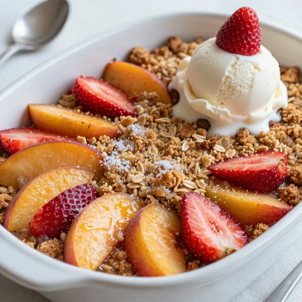 Um einen leckeren Erdbeer-Pfirsich-Crisp zu machen, brauchen Sie diese Zutaten: - 4 Tassen frische Erdbeeren, entstielt und in Scheiben geschnitten - 4 Tassen frische Pfirsiche, enthäuft und in Scheiben geschnitten - 1 Tasse Kristallzucker - 2 Esslöffel Zitronensaft - 1 Teelöffel Vanilleextrakt - 1 Tasse Haferflocken - 1 Tasse Weizenmehl - 1 Tasse brauner Zucker, verpackt - 1 Teelöffel Zimt - 1/2 Tasse ungesalzene Butter, geschmolzen - Eine Prise Salz Diese Zutaten geben dem Crisp einen tollen Geschmack. Die Erdbeeren und Pfirsiche sorgen für eine süße und fruchtige Basis. Der Zucker und Zitronensaft helfen, die Aromen zu verstärken. Hier sind einige nützliche Werkzeuge, die Ihnen helfen können: - Eine große Schüssel für das Mischen der Früchte. - Eine weitere Schüssel, um die Haferkrümel zu vermengen. - Eine 23x33 cm große Auflaufform für das Backen. - Ein Schneidebrett und ein scharfes Messer zum Schneiden der Früchte. - Ein Teelöffel für die genaue Messung der Zutaten. Diese Werkzeuge machen die Zubereitung einfacher und schneller. Wählen Sie frische, reife Erdbeeren und Pfirsiche. Achten Sie auf: - Farbe: Die Früchte sollten leuchtend rot oder gelb sein. - Konsistenz: Sie sollten fest, aber nicht hart sein. - Geruch: Ein süßer Duft zeigt, dass die Früchte reif sind. Frische Früchte machen den Unterschied in Ihrem Crisp. Wenn Sie im Supermarkt sind, nehmen Sie sich Zeit. So wählen Sie die besten Zutaten für Ihr Gericht. {{ingredient_image_2}} Zuerst waschen Sie die Erdbeeren und Pfirsiche gut. Schneiden Sie die Erdbeeren in Scheiben und die Pfirsiche in Stücke. Das Obst sollte frisch sein. Dies sorgt für den besten Geschmack. Nehmen Sie eine große Schüssel. Geben Sie die geschnittenen Früchte hinein. Fügen Sie den Kristallzucker, den Zitronensaft und den Vanilleextrakt hinzu. Rühren Sie vorsichtig um. Das Obst sollte gleichmäßig mit der Zucker-Mischung bedeckt sein. Gießen Sie die Mischung in eine Auflaufform von 23x33 cm. Verteilen Sie das Obst gleichmäßig. Nehmen Sie eine separate Schüssel. Geben Sie die Haferflocken, das Weizenmehl, den braunen Zucker, den Zimt und eine Prise Salz hinein. Mischen Sie alles gut. Dies gibt dem Crisp seine knusprige Kruste. Jetzt gießen Sie die geschmolzene Butter in die Schüssel. Rühren Sie alles um. Bis eine krümelige Mischung entsteht, sollte alles gut vermischt sein. Heizen Sie Ihren Ofen auf 175°C vor. Streuen Sie die Haferkrümel gleichmäßig über die Obstschicht. Setzen Sie die Auflaufform in den Ofen. Backen Sie das Crisp für 30-35 Minuten. Es ist fertig, wenn die Kruste goldbraun ist und das Obst an den Rändern blubbert. Lassen Sie das Crisp für etwa 10 Minuten abkühlen. Jetzt können Sie es servieren! Um das beste Erdbeer-Pfirsich-Crisp zu machen, wähle reife, süße Früchte. Frische Erdbeeren und Pfirsiche sind der Schlüssel. Sie geben dem Crisp den besten Geschmack. Achte darauf, die Früchte gleichmäßig zu schneiden. Das sorgt für eine gleichmäßige Garzeit und das perfekte Ergebnis. Füge ein bisschen Zitronensaft hinzu, um die Süße der Früchte hervorzuheben. Der Zitronensaft bringt auch eine frische Note. Mische die Früchte gut mit Zucker und Vanilleextrakt. So werden sie gleichmäßig süß und aromatisch. Die Haferflocken sind wichtig für die knusprige Kruste. Mische die trockenen Zutaten gut, bevor du die Butter hinzufügst. Dies hilft, die Krümel gleichmäßig zu verteilen. Gieße die geschmolzene Butter langsam dazu, während du rührst. So bekommst du die perfekte Konsistenz. Ein häufiger Fehler ist, die Früchte nicht richtig vorzubereiten. Achte darauf, die Erdbeeren und Pfirsiche gut zu waschen und zu entstielen. Schneide sie in gleich große Stücke. Wenn die Stücke unterschiedlich groß sind, garen sie ungleichmäßig. Ein weiterer Fehler ist, das Crisp zu lange zu backen. Behalte es im Auge! Die Kruste sollte goldbraun sein. Das Obst an den Rändern sollte blubbern. Lass das Crisp nach dem Backen abkühlen. So setzen sich die Aromen. Du kannst das Erdbeer-Pfirsich-Crisp leicht anpassen. Probiere andere Früchte wie Äpfel, Himbeeren oder Blaubeeren. Mische die Früchte nach deinem Geschmack. Für einen besonderen Twist füge etwas Kokosnussflocken hinzu. Das gibt dem Crisp eine neue Textur und einen tollen Geschmack. Du kannst auch Nüsse für mehr Crunch verwenden. Wenn du eine glutenfreie Variante willst, ersetze das Weizenmehl durch Mandelmehl oder glutenfreies Mehl. Das ergibt ebenfalls ein köstliches Crisp. Pro Tipps Frische Früchte: Verwenden Sie nur frische, reife Erdbeeren und Pfirsiche für den besten Geschmack und eine optimale Textur. Zuckeranpassung: Je nach Süße der Früchte können Sie die Zuckermenge anpassen, um das Crisp perfekt auszubalancieren. Variationen hinzufügen: Experimentieren Sie mit anderen Früchten, wie Himbeeren oder Äpfeln, um neue Geschmäcker zu entdecken. Serviertipp: Servieren Sie das Crisp warm mit einer Kugel Vanilleeis und frischen Minzblättern für eine erfrischende Note. {{image_4}} Um ein glutenfreies Erdbeer-Pfirsich-Crisp zu machen, tauschen wir das Weizenmehl aus. Verwenden Sie stattdessen eine glutenfreie Mehlmischung. Diese Mischung hat oft die gleiche Textur und hilft, das Crisp perfekt zu machen. Achten Sie darauf, dass auch die Haferflocken glutenfrei sind. So können alle, die glutenfrei essen, dieses köstliche Dessert genießen. Für eine vegane Version ersetzen wir die Butter. Verwenden Sie einfach Kokosöl oder vegane Margarine. Auch den Kristallzucker können Sie durch Kokosblütenzucker ersetzen. Dies gibt dem Crisp einen leichten Karamellgeschmack. Achten Sie darauf, dass der Vanilleextrakt rein ist, um den besten Geschmack zu erzielen. So bleibt das Erdbeer-Pfirsich-Crisp vegan und lecker. Das Erdbeer-Pfirsich-Crisp kann mehr als nur Zimt vertragen. Versuchen Sie, Muskatnuss oder Ingwer hinzuzufügen. Diese Gewürze bringen neue Aromen ins Spiel. Eine Prise Kardamom kann auch spannend sein. Für eine besondere Note können Sie frische Minze oder Basilikum am Ende hinzufügen. Diese Kräuter passen gut zu Obst und machen das Crisp frisch und aufregend. Wenn Sie nach dem Genuss noch Crisp übrig haben, bewahren Sie es gut auf. Lassen Sie es zuerst auf Raumtemperatur abkühlen. Dann legen Sie das Crisp in einen luftdichten Behälter. So bleibt es frisch. Sie können das Crisp auch mit Frischhaltefolie abdecken. Achten Sie darauf, dass die Folie gut anliegt. Um das Crisp wieder aufzuwärmen, heizen Sie den Ofen auf 175°C vor. Legen Sie das Crisp in eine Auflaufform. Bedecken Sie es mit Aluminiumfolie, um ein Austrocknen zu verhindern. Erwärmen Sie es etwa 15-20 Minuten. So bleibt es schön saftig. Sie können auch die Mikrowelle nutzen, aber das Crisp wird dann nicht knusprig. Im Kühlschrank bleibt das Erdbeer-Pfirsich-Crisp etwa 3-4 Tage frisch. Stellen Sie sicher, dass es gut abgedeckt ist. Wenn Sie das Crisp länger aufbewahren möchten, können Sie es einfrieren. In einem luftdichten Behälter hält es bis zu 3 Monate. Vor dem Servieren tauen Sie das Crisp im Kühlschrank auf und wärmen es dann auf. Erdbeer-Pfirsich-Crisp braucht etwa 30 bis 35 Minuten im Ofen. Der Ofen sollte auf 175°C vorgeheizt sein. Du erkennst, dass es fertig ist, wenn die Kruste goldbraun ist. Das Obst sollte an den Rändern blubbern. Diese einfache Zeit macht das Backen schnell und lecker. Ja, du kannst das Rezept im Voraus zubereiten. Bereite die Fruchtfüllung und die Haferkrümel separat vor. Du kannst sie im Kühlschrank lagern. Am Tag des Backens kannst du alles in die Auflaufform schichten und backen. So sparst du Zeit und kannst deinen Gästen frisches Crisp servieren. Das Originalrezept ist nicht glutenfrei. Es enthält Weizenmehl. Du kannst jedoch eine glutenfreie Mischung verwenden. Ersetze das Weizenmehl durch eine glutenfreie Mehlmischung. So wird dein Crisp auch für glutenfreie Ernährungsweisen geeignet. Erdbeer-Pfirsich-Crisp ist einfach und lecker. Du hast gelernt, welche Zutaten wichtig sind und wie man sie zubereitet. Die Schritte zur Zubereitung sind klar und einfach. Denke auch an die nützlichen Tipps, um dein Crisp perfekt hinzubekommen. Variationen zeigen dir, dass du kreativ sein kannst. Lagere und erwärme deine Reste richtig, damit sie frisch bleiben. Mit den Antworten auf häufige Fragen bist du bestens informiert. Probier es aus und genieße dein selbstgemachtes Crisp!